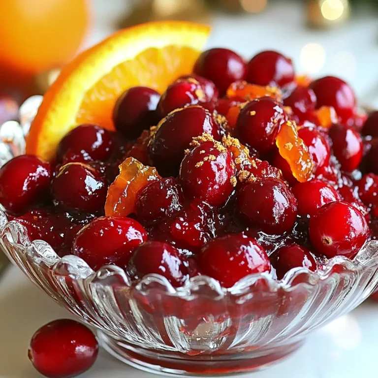 To make this delicious cranberry sauce with brown sugar and vanilla, gather these ingredients: - 12 oz fresh cranberries - 1 cup brown sugar, packed - 1 cup water - 1 teaspoon vanilla extract - Zest of one orange - A pinch of cinnamon - Salt to taste (optional) You can switch some ingredients if needed. Use white sugar instead of brown sugar. It will still taste sweet but with a different flavor. If you lack fresh cranberries, frozen ones work too. Just make sure to thaw them first. For a different twist, try maple syrup instead of brown sugar. It adds a nice depth of flavor. Using fresh ingredients makes a big difference. Fresh cranberries burst with flavor and color. They create a bright, tangy sauce. Fresh orange zest adds a unique aroma and taste. It brightens the sauce and balances the sweetness. Fresh ingredients also help keep the sauce healthy and vibrant. Always choose the best quality for the best results. {{ingredient_image_1}} Start by rinsing 12 ounces of fresh cranberries under cold water. Look for any that are moldy or damaged. Discard those bad ones. Rinsing helps to clean the berries and ensures a fresh taste. This step is simple but very important. In a medium saucepan, mix 1 cup of water with 1 cup of packed brown sugar. Stir over medium heat until the sugar dissolves completely. This will take just a few minutes. Next, add the cleaned cranberries to the saucepan. Increase the heat to bring the mixture to a boil. Once boiling, reduce the heat to medium-low. Let it simmer for about 10 to 15 minutes. Stir occasionally. You will see the cranberries start to burst. This is when the sauce begins to thicken. When it thickens, stir in 1 teaspoon of vanilla extract, the zest of one orange, and a pinch of cinnamon. This mix adds a wonderful flavor. Taste your sauce and add a small pinch of salt only if needed. The salt can enhance the sweetness. After cooking, remove the sauce from heat and let it cool. It will thicken more as it cools. Once cool, transfer the sauce to a glass bowl or jar. Cover and refrigerate it until you are ready to serve. For a lovely presentation, serve the cranberry sauce in a glass bowl. This will show off its rich color. Garnish with a few whole cranberries or an orange slice. This adds an elegant touch to your dish. Bitter flavors can sneak into your cranberry sauce. To avoid this, use fresh cranberries. Old or damaged berries can bring out bitterness. Always check for mold or soft spots when you rinse them. If your sauce tastes a bit bitter, a pinch of salt can help. It balances flavors and makes the sauce taste better. Adding spices can lift your cranberry sauce. Try a pinch of nutmeg or ginger for warmth. You can also add cloves for a rich, warm flavor. Experiment with small amounts to find what you like best. Each spice brings a new twist. Just remember to balance the spices with the sweetness of the brown sugar. For a thick sauce, simmer it long enough. Let the cranberries burst and release their juices. If your sauce is too thin, keep cooking until it thickens. You can also mash some cranberries with a fork to help it along. If you prefer a smoother sauce, blend it with an immersion blender. Just blend it briefly to keep some texture. Pro Tips Freshness Matters: Always choose fresh, plump cranberries for the best flavor and texture. Frozen cranberries can also be used, but they may result in a slightly different consistency. Adjust Sweetness: Feel free to adjust the amount of brown sugar based on your taste preferences. If you like a tart sauce, you can reduce the sugar slightly. Enhance Flavor: Consider adding other spices like nutmeg or ginger to give your sauce a unique twist. These can complement the sweetness beautifully! Storage Tips: Store the cranberry sauce in an airtight container in the refrigerator for up to two weeks. It can also be frozen for longer storage, making it a great make-ahead option! {{image_2}} You can switch up the brown sugar in this recipe. Try using maple syrup or honey for a unique flavor. Both options bring a rich sweetness while keeping it natural. If you want less sugar, consider using agave syrup. Just remember, the taste will change slightly. Each sweetener adds its own twist to the sauce. Adding fruit can make your cranberry sauce even more special. Try mixing in diced apples or pears for a sweet crunch. You can also add fresh or dried fruits like cherries or blueberries. This will give your sauce more texture and flavor. For a tropical flair, consider adding crushed pineapple. It pairs well with the tart cranberries. Spices can really enhance your cranberry sauce. A pinch of nutmeg or clove adds warmth and depth. You can also try adding ginger for a bit of zing. If you love a spicy kick, add a dash of cayenne pepper. Adjust the spice levels to your taste. Each spice brings out different notes in the sauce, making it exciting. After enjoying your cranberry sauce, you might have some leftovers. To store them, let the sauce cool completely. Then, transfer it to an airtight container. You can place it in the fridge. It will stay fresh for about one week. Keep it covered to avoid absorbing any other smells from the fridge. If you want to save your cranberry sauce for later, freezing is a great option. Pour the cooled sauce into freezer-safe containers or bags. Leave some space at the top to allow for expansion. Seal tightly and label with the date. It can last up to six months in the freezer. When you’re ready to use it, thaw it in the fridge overnight. To reheat your cranberry sauce, take it out of the fridge or freezer. If frozen, let it thaw first. You can heat the sauce in a saucepan over low heat. Stir often to avoid sticking. If it seems too thick, add a splash of water to loosen it. Heat until warm, then serve. Enjoy the delightful flavors again! Yes, you can use frozen cranberries. They work well in this recipe. Just remember, do not thaw them first. They will release extra water while cooking. This can make the sauce a bit thinner. You may need to cook it a little longer to thicken up. Homemade cranberry sauce lasts about one week in the fridge. Store it in an airtight container to keep it fresh. If you want to keep it longer, you can freeze it. It will stay good for up to six months in the freezer. Cranberry sauce pairs well with many dishes. It is a classic side for turkey and ham. You can also serve it with roast chicken or pork. It adds a nice sweet and tangy flavor. Try it on a cheese board too! It goes well with creamy cheeses. You can even spread it on sandwiches. In this post, we explored how to make cranberry sauce. We covered key ingredients, substitutions, and the importance of freshness. Step-by-step instructions ensured you could prepare and cook with ease. Tips helped you avoid bitterness and add spices for flavor. We also shared variations to try, along with how to store and reheat leftovers. Fresh cranberry sauce can elevate many dishes. Enjoy the process and make it your own! Your homemade sauce will impress your friends and family.