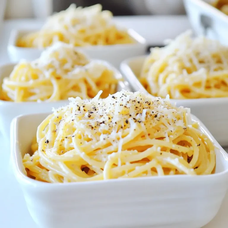 - 400g spaghetti - 150g Pecorino Romano cheese, finely grated - 2 teaspoons freshly cracked black pepper - Salt, for cooking pasta - 2 tablespoons pasta cooking water (reserved) Cacio e Pepe is simple but rich in flavor. To make it, you need just a few key ingredients. First, select spaghetti. It cooks well and grabs the sauce nicely. You need 400 grams for four servings, so a standard box works perfectly. Next is Pecorino Romano cheese. Choose 150 grams of finely grated cheese. This cheese gives Cacio e Pepe its creamy texture and salty taste. Freshly grated works best for melting. You also need freshly cracked black pepper. Use 2 teaspoons for a nice kick. This spice is key to the dish’s flavor profile. Don’t forget salt for cooking the pasta. It helps season the spaghetti while it cooks. Use a generous amount in the boiling water. Lastly, save reserved pasta cooking water. You’ll need 2 tablespoons of this starchy water. It helps to bind the sauce, making it creamy and smooth. With these five ingredients, you can create a delicious and authentic Cacio e Pepe. Enjoy your cooking adventure! Start by filling a large pot with water. Bring the water to a boil. Once it is boiling, add a generous amount of salt. This will help flavor the pasta. Next, add the spaghetti to the pot. Cook the pasta according to the package instructions. Aim for al dente, which usually takes about 8-10 minutes. While your pasta cooks, prepare the cheese mixture. In a large mixing bowl, combine 150g of finely grated Pecorino Romano cheese with 2 teaspoons of freshly cracked black pepper. Mix these two ingredients well. Set the bowl aside until the pasta is ready. Once your spaghetti is cooked, reserve 2 tablespoons of the pasta cooking water. Then, drain the spaghetti in a colander. Remember not to rinse the pasta. This starchy coating is key for making the sauce stick. Next, add the hot spaghetti directly into the bowl with the cheese and pepper mixture. Toss the pasta quickly to help the cheese melt and form a creamy sauce. If the sauce is not creamy enough, slowly add the reserved pasta water. Stir continuously until you reach a smooth consistency. You can add more pasta water if needed. Taste the dish and adjust with extra salt or black pepper if desired. Toss well so the spaghetti is fully coated in the sauce. Serve hot and enjoy your Cacio e Pepe! The sauce is key in Cacio e Pepe. The starchy coating from the pasta helps the cheese stick. When you cook the spaghetti, don’t rinse it after draining. This starchy coating is what makes the sauce creamy. When mixing the cheese with the pasta, add the reserved pasta water slowly. Start with a little and stir. This helps you control the sauce's texture. You want it smooth and creamy, not runny. If it gets too thick, add more water as needed. Serve the Cacio e Pepe in warmed bowls. Warm bowls keep the pasta hot longer. This small step makes a big difference. For a nice finish, garnish each bowl with extra cheese and a sprinkle of black pepper. This adds color and flavor. It makes your dish look fancy, too. One big mistake is overcooking the pasta. Follow the cooking time on the package for al dente. If you cook it too long, it becomes mushy. Another mistake is not saving enough pasta water. Always reserve at least two tablespoons. This water helps bind the sauce and pasta. If you forget this step, your sauce may not turn out right. {{image_2}} You can switch up the cheese in Cacio e Pepe for a new taste. Try Parmigiano-Reggiano for a milder flavor. Grana Padano also works well if you want something less salty. For those who need gluten-free options, use gluten-free pasta. Many brands offer great alternatives. Look for ones made from brown rice or lentils. They cook well and taste good too. For a garlic kick, add minced garlic to your cheese mixture. Sauté it in a bit of olive oil before mixing. This adds depth and richness. Fresh herbs can also brighten your dish. Chopped parsley or basil makes a lovely touch. Toss them in right before serving for a fresh flavor boost. While spaghetti is classic, other pasta shapes can change the experience. Bucatini, a thicker noodle with a hole in the middle, adds a fun twist. Fettuccine offers a wider surface for the sauce, making it creamy and rich. Explore different shapes to find your favorite version of Cacio e Pepe! To keep your Cacio e Pepe fresh, cool it down first. This helps stop bacterial growth. Place the pasta in a shallow dish to cool. Once cool, transfer it to a storage container. I recommend using airtight containers. This helps keep the flavors strong and prevents drying out. When warming up leftovers, avoid the microwave if you can. Instead, use a skillet on low heat. Add a splash of water or a bit of olive oil. Stir gently until heated through. This keeps the pasta from becoming dry. You want to maintain that creamy texture. Cacio e Pepe can be tricky for freezing. The cheese may not stay creamy after thawing. If you do freeze it, cool the pasta first, then pack it in a freezer-safe container. Make sure to use it within two months. To thaw, place it in the fridge overnight. Reheat in a skillet with a bit of water or oil. This helps bring back its creaminess. Cacio e Pepe is a classic Italian dish. It comes from Rome. The name means "cheese and pepper" in Italian. This dish is simple but very tasty. It dates back to ancient times. Shepherds in the region made it with basic ingredients. They used pasta, cheese, and pepper. The dish remains popular today for its rich flavor and ease of preparation. Yes, you can create a dairy-free version. Instead of cheese, try using nutritional yeast. This gives a cheesy flavor without dairy. You could also use a vegan cheese alternative. Many brands offer great options made from nuts or soy. Just remember to adjust the salt and pepper to taste. To store leftovers, let the pasta cool down first. Place it in an airtight container. This helps keep it fresh. Store it in the fridge for up to 3 days. When reheating, add a splash of water. This keeps it creamy. You can use a microwave or stovetop to warm it up gently. Cacio e Pepe is a simple yet delicious dish. You learned about key ingredients and steps to make it right. I shared tips for perfecting your sauce and suggested fun variations. Remember, avoid common mistakes like overcooking the pasta. With loving care, you can enjoy this classic meal any time. Now, go ahead and make Cacio e Pepe at home! Enjoy the flavors and impress your family with your cooking skills.