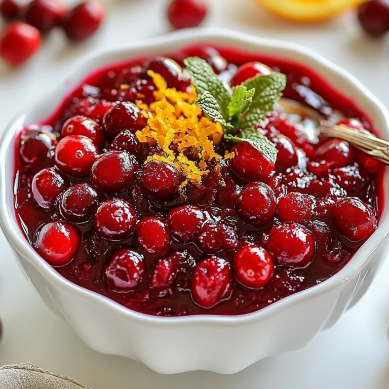 - 12 oz fresh cranberries - 1 cup orange juice - Zest of 1 orange Fresh ingredients play a key role in your sauce. I use 12 ounces of fresh cranberries, which is about three cups. These bright red berries give your sauce a vibrant color and tart taste. You also need one cup of fresh orange juice. It adds sweetness and a zesty kick. Don't forget the zest of one orange! The zest gives a lovely aroma and extra flavor. - 1 cup brown sugar - 1 tablespoon cinnamon - 1 teaspoon allspice - Pinch of salt Sweeteners and spices bring depth to the sauce. I recommend one cup of brown sugar. Brown sugar melts well and gives a rich flavor. Then, add one tablespoon of cinnamon for warmth and spice. One teaspoon of allspice adds a hint of nutmeg and clove. A pinch of salt balances out the sweetness and enhances all the flavors. - 1 teaspoon vanilla extract To finish, I add one teaspoon of vanilla extract. This gives the sauce a smooth, sweet note. Vanilla enhances the overall taste and makes your sauce stand out. With these ingredients, you create a bold and flavorful cranberry sauce perfect for any meal. {{ingredient_image_1}} First, rinse the fresh cranberries. Use cold water to wash them well. Look for any that are soft or wrinkled. Discard those bad ones. You want only firm, fresh cranberries for great flavor. Next, grab a medium-sized saucepan. Combine 1 cup of orange juice, 1 cup of brown sugar, and a pinch of salt. Place the saucepan over medium heat. Stir until the sugar fully dissolves. This will create a sweet and tangy base for your sauce. Now it’s time to add spices. Stir in 1 tablespoon of cinnamon, 1 teaspoon of allspice, and the zest of 1 orange. Let this mixture heat for about 2 minutes. This helps the spices release their rich flavors. Then, add your rinsed cranberries to the saucepan. Bring the mixture to a boil. Once it boils, reduce the heat to low. Allow the cranberries to simmer for 10 to 15 minutes. You’ll know it’s ready when the cranberries burst and the sauce thickens. To make the best bourbon cranberry sauce, stir frequently. This helps prevent the sauce from sticking to the pot. As the cranberries cook, watch for them to burst. This is key for getting the right texture. You want soft cranberries that still hold their shape. For a festive touch, serve the sauce in a nice bowl with mint on top. This adds color and freshness. Pair the sauce with roasted turkey or ham. It also works well on crostini for a great appetizer. Your guests will love this elegant presentation. If you don’t have orange juice, you can use apple juice instead. It gives a nice sweet flavor. For brown sugar, try using honey or maple syrup. These substitutes will still add the sweetness you need. Adjust the amounts based on your taste. Pro Tips Fresh is Best: Use fresh cranberries for the best flavor and texture. Frozen cranberries can be used, but they may alter the sauce's consistency. Adjust Sweetness: Taste the sauce as it simmers and adjust the sugar according to your preference. You can add more for a sweeter sauce or reduce it for a tart finish. Flavor Infusion: For an extra layer of flavor, consider adding a splash of apple cider or a hint of ginger to the sauce while it simmers. Make Ahead: This cranberry sauce can be made up to a week in advance. It tastes even better after the flavors have had time to meld in the refrigerator. {{image_2}} You can give your bourbon cranberry sauce a bold twist by adding more spices. Nutmeg and ginger work well. Just a pinch of nutmeg adds warmth. A dash of ginger gives it a nice kick. You can also add dried fruits. Raisins or currants bring a sweet touch. They add texture and surprise to each bite. If you want a festive sauce without bourbon, you can skip it easily. Just add a bit more orange juice for depth. This keeps the sauce bright and fresh. You can also include a splash of vanilla extract. It brings out the sweetness and pairs well with cranberries. You don’t have to stick with orange juice only. Experiment with lemon or grapefruit juice. Lemon adds a nice tartness that brightens the flavor. Grapefruit juice gives it a unique, zesty kick. Both options can take your sauce to a new level. To store your bourbon cranberry sauce, cool it to room temperature first. Then, transfer it to an airtight container. This helps keep the sauce fresh and tasty. Make sure the lid is tight to block air. Place it in the fridge right away. Your bourbon cranberry sauce will stay fresh for about one week in the fridge. Keep an eye on it and check for any changes in smell or color. If it looks or smells off, it's best to toss it. Enjoy it over several meals for a tasty boost! You can freeze the sauce if you want to keep it longer. Pour the cooled sauce into a freezer-safe container. Leave some space at the top, as it will expand when frozen. Seal the container well. To thaw, place it in the fridge overnight. You can also microwave it on low. Stir it well after thawing to mix the flavors back together. Enjoy your sauce later with ease! Yes, you can use frozen cranberries in this recipe. Just be sure to thaw them first. Drain any excess liquid before you add them to the pot. This helps keep the sauce from becoming too watery. The flavor will still be bright, and you'll have a tasty sauce. Frozen cranberries may take a little longer to cook, so watch them closely. Bourbon cranberry sauce can last about one week in the fridge. Store it in an airtight container to keep it fresh. If you notice any change in color or smell, it’s best to discard it. For longer storage, you can freeze it. Just remember to leave some space in the container for expansion. Yes, you can make this sauce ahead of time! In fact, it tastes even better after sitting for a day or two. Just make sure to cool it completely before refrigerating. When ready to serve, you can enjoy it cold or gently heat it on the stove. This makes it a great dish for holiday meals. This blog post covers how to make a delicious cranberry sauce. We looked at fresh ingredients, spices, and tips to enhance flavors. You also learned the step-by-step process and creative serving ideas. With simple swaps and storage tips, making it is easy. In the end, this cranberry sauce can elevate any meal. Enjoy experimenting with flavors and impress your guests!