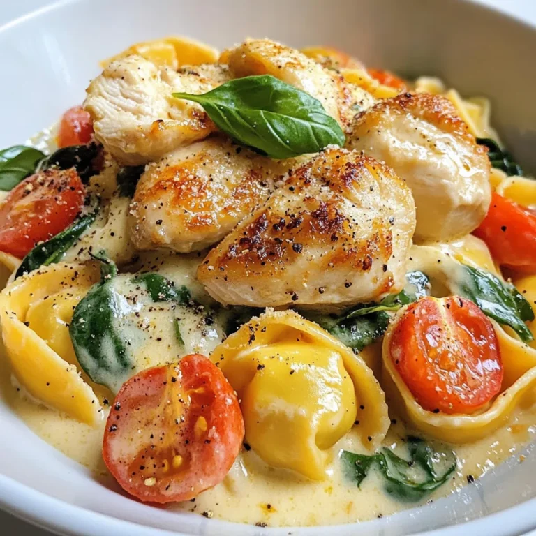 - 2 boneless, skinless chicken breasts - 1 tablespoon olive oil - Salt and pepper to taste - 2 cloves garlic, minced - 1 cup cherry tomatoes, halved - 1 teaspoon Italian seasoning - 1 cup heavy cream - 2 cups fresh baby spinach - 1 cup grated Parmesan cheese - 12 oz cheese tortellini (fresh or frozen) - Fresh basil for garnish Gather these ingredients to make Marry Me Chicken Tortellini. Each one plays a key role. The chicken gives protein, while the tortellini adds a hearty touch. Olive oil, garlic, and seasonings create a rich flavor base. The cherry tomatoes add a burst of freshness. Heavy cream makes the sauce creamy and comforting. Baby spinach adds color and nutrients. Finally, the Parmesan cheese gives a salty twist. Use fresh basil to brighten the dish and enhance its look. This combination creates a delicious meal. You can enjoy it any night of the week. If you like, you can also experiment with ingredients. Replace chicken with shrimp or add more veggies. The choice is yours! {{ingredient_image_1}} 1. Fill a large pot with water and add salt. Bring it to a boil. 2. Add the tortellini to the boiling water. Cook it according to the package instructions, usually around 3-5 minutes. 3. Once the tortellini is cooked, drain it well. Set it aside for later. 1. Heat olive oil in a large skillet over medium heat. 2. Season both sides of the chicken breasts with salt and pepper. 3. Place the chicken in the skillet. Cook for 6-7 minutes on each side until golden brown and cooked through. 4. Remove the chicken from the skillet and let it rest for a few minutes. Then slice it into strips. 1. In the same skillet, add minced garlic. Sauté it for about 1 minute until you smell the aroma. 2. Next, add the halved cherry tomatoes and Italian seasoning. Cook until the tomatoes soften, about 3-4 minutes. 3. Pour in the heavy cream, stirring gently. Bring the mixture to a simmer. 4. Add the fresh baby spinach to the sauce. Cook until it wilts. 1. Stir grated Parmesan cheese into the sauce. Mix until it melts and becomes smooth. 2. Gently fold in the cooked tortellini and sliced chicken. Toss everything until well coated in the creamy sauce. 1. Serve the dish in a large bowl or on individual plates. 2. Garnish with fresh basil leaves. Sprinkle extra Parmesan cheese on top for a delicious finish. - To keep chicken juicy, use boneless, skinless breasts. - Sear the chicken on medium heat. This adds flavor and keeps it moist. - Cook for 6-7 minutes on each side until golden. Let it rest before slicing. - For perfectly cooked tortellini, boil salted water. Cook according to package time. - Drain the tortellini promptly to avoid overcooking. Set aside until ready to use. - Add spices like red pepper flakes for a kick. - Fresh herbs like basil or parsley brighten the dish. - For a unique twist, try using smoked paprika. - Experiment with different creamy bases, like cream cheese or ricotta. - You can also use coconut milk for a dairy-free version. - Use a large pot for boiling tortellini. A deep skillet works best for the sauce. - A sharp knife is vital for slicing chicken. - Have a wooden spoon ready for stirring. - Use measuring cups for accuracy in creamy ingredients. - A colander is essential for draining tortellini. Pro Tips Use Fresh Ingredients: Using fresh chicken and vegetables enhances the flavor of the dish significantly. Don't Overcook the Chicken: To keep the chicken juicy, avoid overcooking. It should reach an internal temperature of 165°F (75°C). Adjust the Cream: For a lighter version, you can substitute half of the heavy cream with chicken broth or use low-fat cream. Perfect Tortellini: Make sure to cook the tortellini just until al dente to maintain the perfect texture when mixed with the sauce. {{image_2}} You can easily lighten this dish. Start by swapping heavy cream for half-and-half or a nut-based milk. This simple change cuts calories but keeps the creaminess. You can also add more veggies. Try including bell peppers, zucchini, or even mushrooms. They add color, flavor, and nutrients. For gluten-free options, use gluten-free tortellini. Many brands offer this, making it easy to swap. If you need a dairy-free dish, go for a plant-based cheese. There are great alternatives for Parmesan as well. These changes ensure everyone can enjoy this meal. To switch up the protein, consider shrimp or turkey. Both cook quickly and add a new taste. You can also change the sauce. Instead of traditional Italian seasoning, try a bit of lemon zest or smoked paprika. These small tweaks can create a whole new dish! To keep your Marry Me Chicken Tortellini fresh, refrigerate it in an airtight container. This helps prevent moisture loss and keeps flavors intact. It’s best to store it within two hours of cooking. The dish lasts up to three days in the fridge. If you notice any off smells or changes in color, it’s best to toss it. To freeze leftovers, let the dish cool completely. Then, place it in freezer-safe bags or containers. Squeeze out as much air as possible to prevent freezer burn. This meal can be frozen for up to three months. When ready to eat, thaw it overnight in the fridge. Reheat it on low heat in a skillet, adding a splash of cream if it seems dry. Stir gently to keep the creamy texture. Enjoy your delicious meal even after a few months! Marry Me Chicken Tortellini is a creamy, flavorful pasta dish. It combines tender chicken, cheese tortellini, and fresh spinach. The sauce features garlic, cherry tomatoes, and Parmesan cheese. This dish is rich and comforting, perfect for a special dinner. Yes, you can use frozen tortellini. Just cook it according to the package instructions. This saves time and makes the dish easier. The flavors will still blend well with the sauce. To reheat leftovers, use a skillet over low heat. Add a splash of cream or broth. Stir until warm. This keeps the sauce creamy and prevents drying out. You can also use the microwave, but stir often. You can prepare some parts ahead of time. Cook the chicken and sauce in advance. Store them separately in the fridge. When ready to serve, cook the tortellini and combine everything. This reduces the last-minute rush. This dish pairs well with a fresh salad or garlic bread. A light vegetable side like steamed broccoli works too. These options balance the rich flavors of the pasta. Enjoy them for a complete meal! This blog post provided a simple yet tasty recipe for Marry Me Chicken Tortellini. We covered ingredients, cooking steps, and serving tips. You now know how to prepare a rich, creamy dish to impress anyone. Feel free to try variations and substitutions for different diets and tastes. Lastly, proper storage tips will help you enjoy your leftovers. Enjoy cooking and sharing this delightful meal!