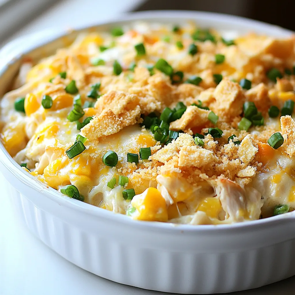 For the Million Dollar Chicken Casserole, you will need: - 3 cups cooked chicken, shredded - 2 cups cooked rice (white or brown) - 1 can (10.5 oz) cream of chicken soup - 1 cup sour cream - 1 cup shredded cheddar cheese - 1 cup frozen mixed vegetables (peas, carrots, corn) - 1/2 cup green onions, chopped - 1 tablespoon garlic powder - 1 teaspoon onion powder - Salt and pepper to taste - 1 cup Ritz crackers, crushed (for topping) - 2 tablespoons butter, melted Each ingredient plays a key role. The chicken adds protein, while the rice helps bind everything together. Cream of chicken soup brings creaminess, and sour cream adds tang. Cheddar cheese gives a nice flavor and melty texture. The mixed vegetables offer color and nutrients. Garlic and onion powders give depth to the dish. Finally, the Ritz crackers add that perfect crunch on top. You can enhance the flavor of your casserole by adding: - Diced bell peppers - Mushrooms - Cooked bacon bits - A dash of hot sauce - Fresh herbs like parsley or thyme These ingredients can make the dish even more special. Bell peppers add sweetness. Mushrooms bring earthiness and umami. Bacon bits offer a smoky taste. Hot sauce can give it a kick, while herbs add freshness. Feel free to mix and match these extras based on your taste. If you have dietary needs, you can make some swaps: - Use quinoa instead of rice for a gluten-free option. - Swap cream of chicken soup for a dairy-free version or homemade soup. - Choose low-fat sour cream or Greek yogurt for a lighter dish. - Use plant-based cheese for a vegan option. These substitutions help you enjoy the casserole while meeting your dietary needs. They keep the flavors balanced and tasty. Remember, cooking is about finding what works for you! {{ingredient_image_1}} First, preheat your oven to 350°F (175°C). This step warms the oven for even cooking. Next, take a 9x13-inch casserole dish. Grease it well with butter or cooking spray. This helps the casserole not stick. Set it aside while you mix the ingredients. In a large mixing bowl, combine the main ingredients. Start with 3 cups of cooked, shredded chicken. Then add 2 cups of cooked rice. You can use white or brown rice, whichever you prefer. Next, pour in 1 can of cream of chicken soup and 1 cup of sour cream. These add creaminess to the dish. Now, add 1 cup of shredded cheddar cheese. This cheese gives flavor and gooeyness. Toss in 1 cup of frozen mixed vegetables, like peas, carrots, and corn. They add color and nutrients. Mix in 1/2 cup of chopped green onions for a fresh taste. Don't forget 1 tablespoon of garlic powder and 1 teaspoon of onion powder for extra flavor. Finally, season with salt and pepper to taste. Stir everything until well combined. Once the mixture is ready, transfer it to the greased casserole dish. Spread it out evenly. In a separate bowl, take 1 cup of crushed Ritz crackers. Pour in 2 tablespoons of melted butter. Mix them until the crackers are fully coated. Sprinkle the buttery cracker mixture over the top of the casserole. This will create a nice, crunchy layer. Bake the casserole in the preheated oven for 30 to 35 minutes. You want it to be golden and bubbly. When it’s done, take it out and let it sit for 5 minutes before serving. This makes it easier to cut and serve. Enjoy your Million Dollar Chicken Casserole! To keep your casserole moist, use enough liquid. The cream of chicken soup and sour cream help. Ensure you mix the ingredients well to coat everything evenly. You can also add more vegetables or a splash of chicken broth if needed. Cover the dish with foil for the first half of baking. This traps steam and keeps the casserole juicy. Cheddar cheese is great for this dish, but you can mix it up. Try Monterey Jack for a creamier taste. Gouda adds a nice smoky flavor, while mozzarella gives it a stretchy texture. Use a blend to enhance the flavor profile. Remember, the cheese should melt well and not clump together. Making this casserole ahead is easy. Prepare all the ingredients and mix them in the dish. Cover it tightly with plastic wrap. You can store it in the fridge for up to 24 hours before baking. If you want to freeze it, do so before baking. Just thaw it overnight in the fridge before cooking. This way, you have a quick meal ready to go! Pro Tips Use Rotisserie Chicken: For a quicker prep time, use store-bought rotisserie chicken instead of cooking your own. This adds flavor and saves you time. Customize Your Veggies: Feel free to swap out the frozen mixed vegetables for your favorites, such as broccoli or bell peppers, to personalize the dish. Make It Ahead: This casserole can be assembled a day in advance. Just cover it tightly with foil and refrigerate until you're ready to bake. Cheese Variations: Experiment with different types of cheese, like pepper jack for a spicy kick or mozzarella for a gooey texture. {{image_2}} You can make a veggie version of this dish. Replace the chicken with your favorite veggies. Try using mushrooms, bell peppers, and zucchini. Use vegetable broth instead of chicken soup. You can add extra cheese for flavor or skip it for a lighter option. This twist keeps the creamy texture while being meat-free. To give your casserole a Southwest flair, add some spices. Mix in a teaspoon of cumin and chili powder. Swap the frozen mixed veggies for corn, black beans, and diced tomatoes. Top with jalapeños for a kick. Use pepper jack cheese instead of cheddar for added heat. This version brings a fun, bold taste to your meal. If you want a low-carb version, swap the rice for cauliflower rice. This keeps the dish light but still hearty. Use a low-carb cream of chicken soup or make your own. You can also skip the Ritz crackers or use a low-carb cracker alternative. This way, you can enjoy a rich meal without the extra carbs. After you make Million Dollar Chicken Casserole, let it cool down. Place the leftover casserole in an airtight container. You can keep it in the fridge for up to four days. If you want to save it longer, freezing is a great option. Just make sure to use a freezer-safe container. To reheat, take the casserole out of the fridge. Preheat your oven to 350°F (175°C). Cover the casserole with foil to keep it moist. Bake it for about 20 minutes or until hot. You can also use a microwave. Heat it in short bursts, stirring in between. This keeps the dish even and tasty. If you want to freeze the casserole, let it cool first. Cut it into portions for easy meals later. Wrap each portion in plastic wrap, then place it in a freezer bag. Label the bag with the date. The casserole can last up to three months in the freezer. When ready to eat, simply thaw it in the fridge overnight before reheating. Yes, leftover rotisserie chicken works great in this dish. Just shred it and add it to the mix. This saves time and adds flavor. The spices from the rotisserie chicken can enhance your casserole. You can use about three cups of shredded chicken for best results. To spice it up, you can add diced jalapeños or red pepper flakes. A teaspoon of each can give it a nice kick. For more heat, try using spicy cheese instead of regular cheddar. You can also mix in some hot sauce with the chicken and rice. Taste as you go, so you get your perfect heat level. This casserole goes well with a fresh green salad. You can also serve it with garlic bread for a nice crunch. Steamed veggies like broccoli or green beans add color and nutrients. If you want something lighter, a fruit salad is a good choice. Each side brings balance to the meal and enhances the flavors. In this post, we covered the main ingredients, tips for prep, and tasty variations for your casserole. You learned how to prevent dryness and how to add flavor with cheese. We also discussed storage and reheating to keep flavors fresh. Casseroles are versatile and fun. You can adapt them to fit your tastes and diet. Enjoy making this dish your own!