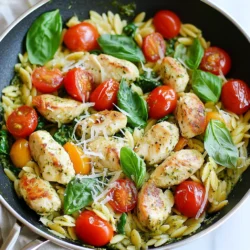 - 1 lb boneless, skinless chicken breasts, cut into bite-sized pieces - 1 cup orzo pasta - 1/2 cup prepared pesto - 1/4 cup grated Parmesan cheese - Fresh basil leaves for garnish - 1 teaspoon garlic powder - Salt and pepper to taste In this dish, chicken is the star. It gives protein and heartiness. For the pasta, orzo works great. It cooks fast and soaks up flavors well. Pesto adds a burst of herb taste. You can choose to add Parmesan cheese for a creamy finish. Fresh basil leaves make a lovely garnish. They add color and fresh flavor. Seasonings are simple yet essential. Garlic powder gives a nice depth. Salt and pepper balance all the flavors. With these ingredients, you create a quick and delicious meal. Each bite is flavorful and satisfying. {{ingredient_image_1}} - Heating the olive oil First, take a large skillet. Heat 2 tablespoons of olive oil over medium-high heat. This step brings out the flavor in the oil. - Seasoning and browning chicken Next, cut 1 pound of chicken breasts into bite-sized pieces. Add them to the skillet. Season with salt, pepper, and 1 teaspoon of garlic powder. Cook the chicken for about 5-7 minutes. Stir until the chicken is browned and cooked through. - Combining ingredients Once the chicken is done, add 1 cup of orzo pasta to the pan. Stir it well to mix with the chicken. This helps the pasta soak up all the flavors. - Cooking process for orzo Now, pour in 2 cups of chicken broth. Bring it to a boil. Then, reduce the heat to low. Cover the pan and let it simmer for about 10 minutes. The orzo should absorb most of the liquid and become tender. - Stirring in vegetables After the orzo is cooked, it’s time to add some color. Stir in 1 cup of halved cherry tomatoes and 1 cup of baby spinach. Then add 1/2 cup of prepared pesto. Cook for an additional 2-3 minutes. The spinach will wilt and everything will heat through. - Serving suggestions Remove the pan from heat. If you like, sprinkle 1/4 cup of grated Parmesan cheese on top. Garnish with fresh basil leaves for an extra burst of flavor. Enjoy your one-pan chicken pesto orzo! To ensure your chicken is cooked properly, use a meat thermometer. The chicken should reach an internal temperature of 165°F. This method helps avoid undercooked meat. Cut the chicken into bite-sized pieces. This allows for even cooking and quick browning. For perfect orzo consistency, cook the pasta until al dente. This means it should be firm but not hard. Stir the orzo often while it cooks to prevent sticking. If it seems dry, add more chicken broth as needed. Try different types of pesto for variety. Sun-dried tomato pesto adds a rich flavor. You can also use walnut pesto for a nutty twist. Fresh herbs like cilantro or parsley can brighten the dish. Consider adding other seasonings to enhance the flavor. A pinch of red pepper flakes gives a spicy kick. Lemon juice can add freshness and balance the richness of the pesto. Garnish the dish with fresh basil leaves for a pop of color. This adds a nice touch to the meal. You can also sprinkle extra Parmesan cheese on top for a gourmet look. Serve this dish attractively in bowls. This makes it easy for family or guests to enjoy. Pair it with a simple salad or crusty bread for a complete meal. Pro Tips Cook Chicken Evenly: Ensure the chicken pieces are similar in size for even cooking. This helps them brown nicely and cook through at the same rate. Perfect Pesto Incorporation: For a burst of flavor, add the pesto at the end of cooking to preserve its vibrant color and fresh taste. Texture Balance: Consider adding a handful of toasted pine nuts or walnuts for a crunchy texture contrast against the creamy orzo. Fresh Herbs: Don't skip the fresh basil garnish! It adds a refreshing aroma and enhances the dish's overall flavor profile. {{image_2}} You can change the protein in this dish. Shrimp works well with the orzo. Just add shrimp when the chicken is done. Cook until they turn pink, about 3-4 minutes. Tofu is another great option. Use firm tofu and cut it into cubes. Sauté it in the oil until golden brown. This gives a nice texture and flavor. For a vegetarian meal, skip the meat. You can add more veggies like mushrooms or bell peppers. This keeps the dish hearty and satisfying. The type of pesto can change the taste a lot. Try sun-dried tomato pesto for a rich flavor. You can also use a spicy pesto for some heat. Adding fresh herbs like cilantro can give a fresh twist. You can include other vegetables too. Zucchini or broccoli can add crunch and color. Just add them when you add the cherry tomatoes. This way, they cook just right without becoming mushy. This meal pairs well with light salads. A simple arugula salad works great. The peppery greens balance the rich orzo. You could also serve it with crusty bread. This helps soak up the extra sauce. For sides, try roasted vegetables. They add a nice charred flavor. You could also serve a fruit salad for a refreshing touch. This meal is all about balance and flavor, so mix and match what you love! To keep your chicken pesto orzo fresh, store it in an airtight container. This helps keep the flavors intact. You can put it in the fridge for up to three days. Make sure it cools down before you seal the container. If you want to keep it longer, freezing is a great choice. Scoop the orzo into freezer-safe bags or containers. Try to remove as much air as you can. It will stay good for about three months in the freezer. When you’re ready to eat, thaw it in the fridge overnight. Reheat it gently in a pot over low heat. Add a splash of broth to help revive the flavors. To save time, you can prep some ingredients ahead. Chop the chicken, tomatoes, and spinach a day or two in advance. Store them in separate containers in the fridge. This way, when it’s time to cook, you can whip up this dish in no time. You can also use leftovers in salads or wraps. The chicken pesto orzo makes a great filling for a quick lunch! Yes, you can make One-Pan Chicken Pesto Orzo vegetarian. Instead of chicken, use tofu or chickpeas. They add protein and keep it filling. You can also add more veggies like zucchini or bell peppers. Just sauté them with the pesto for great flavor. To customize the flavors, try different pestos. You can use sun-dried tomato pesto or spinach pesto. Adding fresh herbs boosts the taste. Try fresh parsley or cilantro for a twist. You can also use lemon zest for brightness or chili flakes for heat. Absolutely! You can use any small pasta like couscous or quinoa. Just adjust the cooking time based on the pasta you choose. Make sure it cooks well in the broth. This keeps your dish tasty and fun. This dish combines chicken, orzo, and pesto for a tasty meal. You can use optional ingredients like parmesan and fresh basil for extra flavor. Following the step-by-step instructions, you’ll learn how to cook the chicken and orzo perfectly. Tips and tricks enhance both the taste and presentation. Don't forget the variations, which let you customize your dish with other proteins and flavors. Finally, proper storage ensures your leftovers stay fresh. Enjoy experimenting with this easy, customizable recipe!
