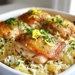 - 4 boneless, skinless chicken thighs - 1 cup jasmine rice - 2 cups chicken broth - 1 medium onion, diced - 3 cloves garlic, minced - 1 lemon (zest and juice) - 1 teaspoon dried oregano - 1 teaspoon dried thyme - 1 teaspoon dried rosemary - Salt and pepper to taste - 2 tablespoons olive oil - Fresh parsley, chopped (for garnish) Using fresh herbs makes a big difference in flavor. They bring a bright, vibrant taste. Dried herbs work too, but fresh herbs enhance the dish. Choosing the right chicken thighs is key. Boneless and skinless thighs stay juicy and tender. They soak up the lemon and herbs well for a tasty bite. Jasmine rice is my favorite for this dish. It cooks fluffy and absorbs all the flavors. This rice adds a lovely aroma and a slight sweetness that pairs well with the chicken and herbs. To start, heat olive oil in a large pot over medium heat. Season the chicken thighs with salt and pepper. This step adds flavor and helps the chicken brown well. Place the seasoned chicken in the pot. Sear each side for about 5 minutes until golden brown. This gives the chicken a nice crust. Once done, remove the chicken from the pot and set it aside. Next, add the diced onion to the same pot. Sauté it for about 3 to 4 minutes. You want the onion to turn translucent. Then, add the minced garlic and sauté for another minute. This will release a wonderful aroma that enhances the dish's flavor. The garlic should not brown too much; just enough to become fragrant. Now, pour in the chicken broth. Add the jasmine rice, lemon zest, lemon juice, oregano, thyme, and rosemary. Stir everything well to ensure the rice is mixed with the broth and herbs. This step is crucial because it allows the rice to soak up all the flavors. After mixing, layer the seared chicken on top of the rice mixture. This keeps the chicken moist while cooking. Cover the pot and bring it to a gentle simmer. Cook for 18 to 20 minutes on low heat. This allows the rice to absorb the broth and flavors. To check if the chicken is done, use a meat thermometer. The internal temperature should be at least 165°F. This ensures it is safe to eat and perfectly cooked. Once cooking is complete, remove the pot from heat. Let it sit covered for 5 minutes. This resting time lets the flavors meld together. Afterward, fluff the rice with a fork. This will make it light and airy. Garnish with freshly chopped parsley before serving. The bright green color adds a nice touch to your dish. To cook chicken and rice perfectly together, follow these tips: - Sear the chicken: Start by searing the chicken thighs. This adds flavor and keeps the meat juicy. - Layer flavors: Add the onion and garlic before the rice. Sautéing them first brings out their best taste. - Use the right rice: Jasmine rice works well here. It cooks evenly and absorbs flavors nicely. - Adjust seasoning: Taste the broth before adding the rice. You can add salt or pepper to fit your taste. Avoid these common mistakes to ensure your dish turns out great: - Overcooking chicken: Cook the chicken until it reaches 165°F. This keeps it tender and juicy. - Not letting flavors meld: After cooking, let the dish sit for about five minutes. This time allows flavors to mix well. Using the right tools makes cooking easier: - Large pot or Dutch oven: A sturdy pot helps cook the dish evenly. It prevents burning and allows for good heat distribution. - Essential kitchen tools: Have a sharp knife, cutting board, and measuring cups ready. These tools help streamline your cooking process. {{image_2}} You can easily add vegetables to your One Pot Lemon Herb Chicken and Rice. This not only adds color but also boosts the nutrition. Here are some great options: - Carrots: Cut them into small pieces and add with the onion. - Peas: Stir them in during the last five minutes of cooking. - Bell Peppers: Chop them and sauté with the onion. - Spinach: Add fresh spinach right before serving. Cooking times for these vegetables vary. Carrots need about 10-12 minutes to soften. Peas and bell peppers take about 5 minutes to cook through. Spinach wilts quickly, so just a minute is enough. Switching grains can change the dish's texture and flavor. You can use brown rice or quinoa as alternatives. - Brown Rice: This rice takes longer to cook. Use 2 ½ cups of broth and add 10-15 extra minutes to the cooking time. - Quinoa: Quinoa cooks faster than rice. Use 1 ¾ cups of broth and reduce the cooking time by about 5 minutes. Adjusting liquid ratios is key. Brown rice needs more broth, while quinoa requires less. To change the flavor, you can play with herbs and spices. Here are some ideas: - Fresh Herbs: Replace dried herbs with fresh ones for a brighter taste. Use three times the amount if fresh. - Spices: If you want heat, add red pepper flakes or cayenne. Start with a pinch and taste as you go. Experimenting with these flavors can make each meal unique. Enjoy finding your favorite mix! To keep your One Pot Lemon Herb Chicken & Rice fresh, refrigerate it quickly. Place leftovers in a shallow container. This helps cool them down faster. Store in the fridge for up to three days. After that, the dish may lose its taste and texture. You can freeze this dish for longer storage. Let it cool completely before freezing. Portion it into airtight containers. This way, you can enjoy a quick meal later. To reheat, thaw in the fridge overnight. Warm it in a pot on low heat. Add a splash of chicken broth to keep it moist. Use glass or BPA-free plastic containers. These help keep your food safe. Make sure the containers are airtight. This prevents freezer burn and keeps flavors fresh. Always label your containers with the date. This way, you’ll know when to use them. Yes, you can use bone-in chicken thighs. They add rich flavor to the dish. Cooking time will be longer, about 5 to 10 minutes more. The bone keeps the meat juicy. Just ensure the internal temperature reaches 165°F. You can use vegetable broth for a lighter taste. Water can work but will lack flavor. Add extra seasoning if using water. You can also use white wine for a nice twist. To make it dairy-free, skip any butter or cream. Use olive oil for cooking. The lemon and herbs give great flavor without dairy. Fresh parsley adds a nice touch too. Check the chicken’s internal temperature. It should reach at least 165°F. Use a meat thermometer for accuracy. The meat should no longer be pink. Juices should run clear when cut. Yes, you can double the recipe. Just use a larger pot to fit all the ingredients. Cooking time may increase slightly. Keep an eye on the chicken's temperature to ensure it's done. This recipe combines simple ingredients for a delicious meal. You learned how to prepare one pot lemon herb chicken and rice. We covered key steps like cooking aromatics, layering ingredients, and checking for doneness. Avoid common mistakes, and use the right tools for the best results. Remember to experiment with flavors and variations. Storing and reheating tips ensure you enjoy your dish later. With practice, you’ll master this meal and impress your family. Enjoy cooking!