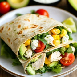 - 2 large whole wheat tortillas - 1 cup cooked chicken breast, diced or shredded - 1 ripe avocado, sliced - 1 cup mixed greens (spinach, arugula, and lettuce) - 1/2 cup cherry tomatoes, halved - 1/4 cup red onion, thinly sliced - 1/4 cup feta cheese, crumbled - 2 tablespoons Greek yogurt - 1 tablespoon lime juice - Salt and pepper to taste These ingredients make a tasty and filling wrap. The chicken gives protein. The avocado adds creaminess. Mixed greens offer crunch and freshness. Cherry tomatoes and red onion bring sweet and tangy flavors. Feta cheese lends a nice salty bite. - 1 teaspoon chili powder for a kick Chili powder adds warmth. You can skip it if you prefer mild flavors. Feel free to experiment with other spices, like paprika or cumin, to find your perfect blend. - Use gluten-free tortillas for a gluten-free option. - Swap chicken for turkey or tofu for a different protein. - If you dislike feta, try goat cheese or leave it out. - Replace Greek yogurt with dairy-free yogurt for a vegan option. These substitutions keep the wraps tasty while accommodating different diets. You can customize your wrap to suit your needs and preferences. Enjoy experimenting with these options! {{ingredient_image_1}} To make the yogurt dressing, grab a small bowl. Add 2 tablespoons of Greek yogurt. Squeeze in 1 tablespoon of lime juice. Then, sprinkle in salt and pepper to taste. If you like some heat, add 1 teaspoon of chili powder. Mix everything well until smooth. Set this dressing aside. It adds a nice tang to the wraps. Next, take your whole wheat tortillas. Heat a skillet over medium heat. Place each tortilla in the skillet for around 30 seconds on each side. You want them warm and soft, not crispy. This makes them easy to wrap. Now for the fun part! Lay a warm tortilla flat on a clean surface. Spread a generous amount of the yogurt dressing all over it. Start in the middle and cover the edges. Next, layer the cooked chicken evenly down the center. Add slices of ripe avocado right on top. Scatter a handful of mixed greens over everything. Toss in some halved cherry tomatoes and thinly sliced red onion. Finish with a sprinkle of crumbled feta cheese. To wrap it up, fold in the sides of the tortilla. Then, roll it tightly from the bottom to the top. Make sure the filling stays snug inside. If you want a crispy finish, grill the wraps in the skillet for 2-3 minutes on each side. This makes them golden and crunchy. Slice each wrap in half at a diagonal. Serve them with any leftover dressing on the side for dipping. Enjoy your tasty chicken avocado wraps! To make the best chicken avocado wraps, start with warm tortillas. Heat them for about 30 seconds on each side. This softens them and makes rolling easy. Spread the yogurt dressing evenly on the tortilla. Lay the filling in the center. When you fold, tuck in the sides first. Then roll it up tightly. This keeps all the goodies inside. Spices can take your wrap to the next level. I love adding chili powder for a bit of heat. Just a teaspoon can make a big difference. You can also use garlic powder or paprika for more flavor. Mix these spices into your dressing for a tasty twist. Don’t forget to adjust salt and pepper to brighten all the flavors. Presentation matters, even with wraps! Cut each wrap in half on a diagonal. This shows off the vibrant colors inside. Arrange them on a plate and add slices of avocado and cherry tomatoes for garnish. A small bowl of extra dressing next to the wraps makes it look fancy. It also gives a fun option for dipping. Pro Tips Use Fresh Ingredients: Always opt for fresh vegetables and ripe avocados to enhance the flavor and texture of your wraps. Customize Your Fillings: Feel free to add or substitute ingredients like grilled peppers, cucumber, or even a different cheese for a unique twist. Make Ahead: Prepare the filling in advance and store it in the fridge for quick assembly during busy days. Serving Style: Serve with a variety of dipping sauces or salsas to add an extra layer of flavor and keep it interesting. {{image_2}} You can easily swap chicken for other proteins. Turkey works well for a leaner choice. Just use cooked turkey breast, diced or shredded. Shrimp is another great option. Use cooked shrimp and add it to your wrap for a seafood twist. Simply mix the shrimp with the yogurt dressing for extra flavor! To make a vegetarian wrap, skip the chicken. You can use black beans or chickpeas instead. Both add protein and taste great. For a vegan option, use avocado and veggies. Replace Greek yogurt with a vegan yogurt or hummus. These swaps keep your wrap tasty and satisfying. Feel free to get creative with your veggies! Add bell peppers, cucumbers, or carrots for crunch. You could also try roasted red peppers or zucchini. These ingredients add color and flavor. For a spicy kick, include jalapeños or sprinkle chili flakes. Just make sure to balance flavors and textures. To keep your Chicken Avocado Wraps fresh, store them in an airtight container. This helps keep moisture in and prevents them from drying out. If you have leftover wraps, wrap them in plastic wrap before placing them in the container. This adds an extra layer of protection. Make sure to refrigerate them right away. Leftover wraps are best eaten within two days for the best taste. When you're ready to enjoy your wraps again, reheat them carefully. You can use a skillet or a microwave. For a skillet, heat it on medium and cook each side for about two minutes. This keeps the wrap crispy. If using the microwave, heat for 30 seconds and check if it’s warm enough. If not, heat in 10-second bursts until warm. Be careful not to overheat, as it can make the chicken dry. Freezing Chicken Avocado Wraps is a great way to save time. To freeze, first wrap each one in plastic wrap. Then place them in a freezer-safe bag. Squeeze out the air to prevent freezer burn. These wraps can be frozen for up to three months. When you are ready to eat, take them out and let them thaw in the fridge overnight. Then, reheat as needed. This makes meal prep easy and fun! Yes, you can make Chicken Avocado Wraps ahead of time. Just prepare the wraps, but do not cut them. Store them in the fridge, wrapped tightly in plastic. This keeps them fresh. I often make them for lunch the next day. Just remember, the avocado may brown a bit. To avoid this, use lime juice on the avocado slices. You can serve many tasty sides with Chicken Avocado Wraps. Fresh fruit is a great choice. Try grapes, apple slices, or a fruit salad. You can also pair them with a light soup, like tomato or vegetable. For a crunch, serve with tortilla chips and salsa. These make a fun and colorful meal! Chicken Avocado Wraps last about 2 days in the fridge. After that, the ingredients may spoil. Always check for any smell or discoloration before eating. For best taste, enjoy them within the first day. If you plan to keep them longer, consider freezing them. Chicken avocado wraps are simple, tasty, and full of options. You can choose main ingredients and add flavors as you like. The step-by-step guide helps you create the perfect wrap. Don’t forget the tips for wrapping and serving well. Remember, you can swap proteins or go vegetarian. Store leftovers right and enjoy them later. These wraps can fit into any meal and are a great choice. With a bit of planning, you can impress anyone with this dish. Enjoy your cooking and be creative!