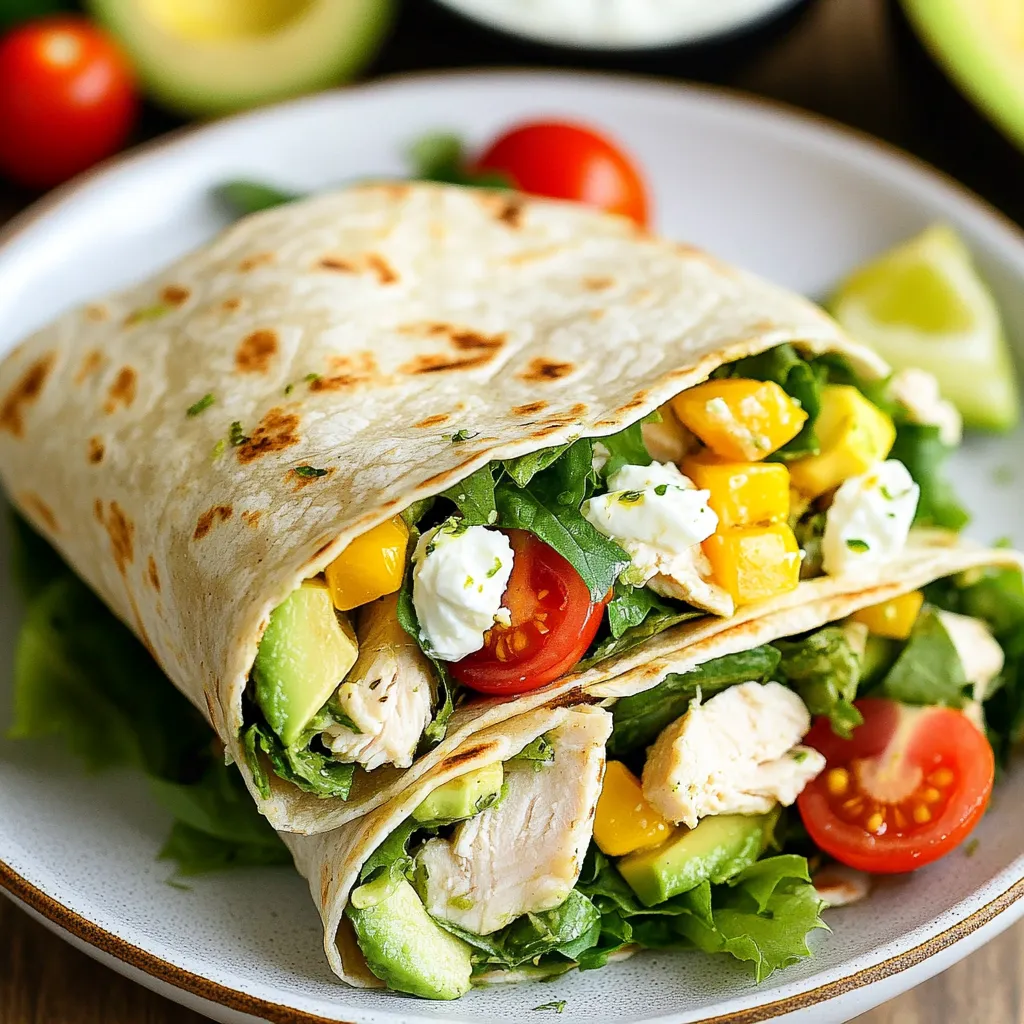 - 2 large whole wheat tortillas - 1 cup cooked chicken breast, diced or shredded - 1 ripe avocado, sliced - 1 cup mixed greens (spinach, arugula, and lettuce) - 1/2 cup cherry tomatoes, halved - 1/4 cup red onion, thinly sliced - 1/4 cup feta cheese, crumbled - 2 tablespoons Greek yogurt - 1 tablespoon lime juice - Salt and pepper to taste These ingredients make a tasty and filling wrap. The chicken gives protein. The avocado adds creaminess. Mixed greens offer crunch and freshness. Cherry tomatoes and red onion bring sweet and tangy flavors. Feta cheese lends a nice salty bite. - 1 teaspoon chili powder for a kick Chili powder adds warmth. You can skip it if you prefer mild flavors. Feel free to experiment with other spices, like paprika or cumin, to find your perfect blend. - Use gluten-free tortillas for a gluten-free option. - Swap chicken for turkey or tofu for a different protein. - If you dislike feta, try goat cheese or leave it out. - Replace Greek yogurt with dairy-free yogurt for a vegan option. These substitutions keep the wraps tasty while accommodating different diets. You can customize your wrap to suit your needs and preferences. Enjoy experimenting with these options! {{ingredient_image_1}} To make the yogurt dressing, grab a small bowl. Add 2 tablespoons of Greek yogurt. Squeeze in 1 tablespoon of lime juice. Then, sprinkle in salt and pepper to taste. If you like some heat, add 1 teaspoon of chili powder. Mix everything well until smooth. Set this dressing aside. It adds a nice tang to the wraps. Next, take your whole wheat tortillas. Heat a skillet over medium heat. Place each tortilla in the skillet for around 30 seconds on each side. You want them warm and soft, not crispy. This makes them easy to wrap. Now for the fun part! Lay a warm tortilla flat on a clean surface. Spread a generous amount of the yogurt dressing all over it. Start in the middle and cover the edges. Next, layer the cooked chicken evenly down the center. Add slices of ripe avocado right on top. Scatter a handful of mixed greens over everything. Toss in some halved cherry tomatoes and thinly sliced red onion. Finish with a sprinkle of crumbled feta cheese. To wrap it up, fold in the sides of the tortilla. Then, roll it tightly from the bottom to the top. Make sure the filling stays snug inside. If you want a crispy finish, grill the wraps in the skillet for 2-3 minutes on each side. This makes them golden and crunchy. Slice each wrap in half at a diagonal. Serve them with any leftover dressing on the side for dipping. Enjoy your tasty chicken avocado wraps! To make the best chicken avocado wraps, start with warm tortillas. Heat them for about 30 seconds on each side. This softens them and makes rolling easy. Spread the yogurt dressing evenly on the tortilla. Lay the filling in the center. When you fold, tuck in the sides first. Then roll it up tightly. This keeps all the goodies inside. Spices can take your wrap to the next level. I love adding chili powder for a bit of heat. Just a teaspoon can make a big difference. You can also use garlic powder or paprika for more flavor. Mix these spices into your dressing for a tasty twist. Don’t forget to adjust salt and pepper to brighten all the flavors. Presentation matters, even with wraps! Cut each wrap in half on a diagonal. This shows off the vibrant colors inside. Arrange them on a plate and add slices of avocado and cherry tomatoes for garnish. A small bowl of extra dressing next to the wraps makes it look fancy. It also gives a fun option for dipping. Pro Tips Use Fresh Ingredients: Always opt for fresh vegetables and ripe avocados to enhance the flavor and texture of your wraps. Customize Your Fillings: Feel free to add or substitute ingredients like grilled peppers, cucumber, or even a different cheese for a unique twist. Make Ahead: Prepare the filling in advance and store it in the fridge for quick assembly during busy days. Serving Style: Serve with a variety of dipping sauces or salsas to add an extra layer of flavor and keep it interesting. {{image_2}} You can easily swap chicken for other proteins. Turkey works well for a leaner choice. Just use cooked turkey breast, diced or shredded. Shrimp is another great option. Use cooked shrimp and add it to your wrap for a seafood twist. Simply mix the shrimp with the yogurt dressing for extra flavor! To make a vegetarian wrap, skip the chicken. You can use black beans or chickpeas instead. Both add protein and taste great. For a vegan option, use avocado and veggies. Replace Greek yogurt with a vegan yogurt or hummus. These swaps keep your wrap tasty and satisfying. Feel free to get creative with your veggies! Add bell peppers, cucumbers, or carrots for crunch. You could also try roasted red peppers or zucchini. These ingredients add color and flavor. For a spicy kick, include jalapeños or sprinkle chili flakes. Just make sure to balance flavors and textures. To keep your Chicken Avocado Wraps fresh, store them in an airtight container. This helps keep moisture in and prevents them from drying out. If you have leftover wraps, wrap them in plastic wrap before placing them in the container. This adds an extra layer of protection. Make sure to refrigerate them right away. Leftover wraps are best eaten within two days for the best taste. When you're ready to enjoy your wraps again, reheat them carefully. You can use a skillet or a microwave. For a skillet, heat it on medium and cook each side for about two minutes. This keeps the wrap crispy. If using the microwave, heat for 30 seconds and check if it’s warm enough. If not, heat in 10-second bursts until warm. Be careful not to overheat, as it can make the chicken dry. Freezing Chicken Avocado Wraps is a great way to save time. To freeze, first wrap each one in plastic wrap. Then place them in a freezer-safe bag. Squeeze out the air to prevent freezer burn. These wraps can be frozen for up to three months. When you are ready to eat, take them out and let them thaw in the fridge overnight. Then, reheat as needed. This makes meal prep easy and fun! Yes, you can make Chicken Avocado Wraps ahead of time. Just prepare the wraps, but do not cut them. Store them in the fridge, wrapped tightly in plastic. This keeps them fresh. I often make them for lunch the next day. Just remember, the avocado may brown a bit. To avoid this, use lime juice on the avocado slices. You can serve many tasty sides with Chicken Avocado Wraps. Fresh fruit is a great choice. Try grapes, apple slices, or a fruit salad. You can also pair them with a light soup, like tomato or vegetable. For a crunch, serve with tortilla chips and salsa. These make a fun and colorful meal! Chicken Avocado Wraps last about 2 days in the fridge. After that, the ingredients may spoil. Always check for any smell or discoloration before eating. For best taste, enjoy them within the first day. If you plan to keep them longer, consider freezing them. Chicken avocado wraps are simple, tasty, and full of options. You can choose main ingredients and add flavors as you like. The step-by-step guide helps you create the perfect wrap. Don’t forget the tips for wrapping and serving well. Remember, you can swap proteins or go vegetarian. Store leftovers right and enjoy them later. These wraps can fit into any meal and are a great choice. With a bit of planning, you can impress anyone with this dish. Enjoy your cooking and be creative!