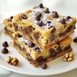 To make Melt-In-Your-Mouth Chocolate Chip Cookie Bars, you need a few simple ingredients. Here’s what you will need: - 1 cup unsalted butter, softened - 1 cup brown sugar, packed - 1/2 cup granulated sugar - 2 large eggs - 2 teaspoons vanilla extract - 3 cups all-purpose flour - 1 teaspoon baking soda - 1/2 teaspoon salt - 2 cups semi-sweet chocolate chips - 1/2 cup chopped walnuts (optional) Each ingredient plays an important part in the flavor and texture of these cookie bars. The softened butter gives a rich taste. Brown sugar adds moisture and a slight chew. Granulated sugar helps with sweetness and structure. The eggs bind everything together. Vanilla extract brings warmth and depth. All-purpose flour gives the bars their body, while baking soda helps them rise. Salt balances the sweetness, making every bite better. Chocolate chips are the star of the show, melting into gooey pockets of joy. If you like, you can add walnuts for crunch and flavor. Use fresh, high-quality ingredients for the best results. {{ingredient_image_1}} First, preheat your oven to 350°F (175°C). This step warms the oven so the cookie bars bake evenly. Next, prepare a 9x13-inch baking pan. You can grease it lightly or line it with parchment paper. Lining it makes it easy to lift out the bars later. In a large bowl, start creaming together 1 cup of softened unsalted butter, 1 cup of brown sugar, and 1/2 cup of granulated sugar. Mix until it looks light and fluffy. This step adds air, making your bars soft. Now, add in 2 large eggs, one at a time, mixing well after each. Then, add 2 teaspoons of vanilla extract. This adds a rich flavor that everyone loves. In a separate bowl, whisk together 3 cups of all-purpose flour, 1 teaspoon of baking soda, and 1/2 teaspoon of salt. Mixing these dry ingredients helps evenly distribute the baking soda and salt. Slowly add this dry mix to the wet ingredients. Stir until just combined. Do not overmix; this keeps the bars tender. Now comes the fun part! Fold in 2 cups of semi-sweet chocolate chips. If you like nuts, you can add 1/2 cup of chopped walnuts. Make sure the chocolate chips and walnuts are evenly spread throughout the dough. This way, every bite is full of flavor. To make the best cookie bars, measuring matters. Here’s how you can be precise: - Use dry measuring cups for flour and sugar. Scoop and level off with a knife. - When using sticky ingredients like brown sugar, pack it firmly into the cup. - For butter, use the markings on the wrapper to cut the right amount. Getting the right texture is key to cookie bars. Here are my tips: - Cream the butter and sugars until light and fluffy. This adds air. - Mix in the eggs one at a time. This helps keep the dough smooth. - Bake until the edges are golden, but don’t overbake. A toothpick should have a few moist crumbs. How you present your cookie bars can make them shine. Here are some fun ideas: - Serve on a colorful platter for a pop of color. - Dust the bars lightly with powdered sugar for a fancy touch. - Add a scoop of vanilla ice cream on the side for extra joy. Pro Tips Use Room Temperature Butter: This helps in achieving a creamy and well-blended mixture, resulting in soft and tender cookie bars. Don’t Overmix the Dough: Overmixing can lead to tough cookie bars. Mix until just combined for the best texture. Check for Doneness: Bake until the edges are golden brown. The center may look slightly underbaked but will continue to cook as it cools. Store Properly: Keep the cookie bars in an airtight container at room temperature to maintain their freshness for up to a week. {{image_2}} You can change the chocolate chips for different flavors. Try milk chocolate or dark chocolate for a new taste. You can also mix in white chocolate chips for a sweet twist. If you love nuts, swap walnuts for pecans or almonds. Each nut adds a unique crunch and flavor. If you need gluten-free cookie bars, use gluten-free flour. This keeps the texture while making it safe for everyone. For a vegan option, replace the butter with coconut oil. Use flax eggs instead of regular eggs. Simply mix 1 tablespoon of flaxseed meal with 2.5 tablespoons of water for each egg. Get creative by adding spices like cinnamon or nutmeg. These warm spices boost the flavor. You can also mix in dried fruits like cranberries or raisins for a chewy texture. For a fun touch, toss in candy pieces like M&Ms or chopped Snickers. These add color and fun to your cookie bars. To keep your chocolate chip cookie bars fresh, store them in an airtight container. This will prevent them from drying out. You can keep them at room temperature for up to five days. If you want them to last longer, place them in the fridge. They will stay good for about a week in the fridge. Just make sure to let them cool completely before sealing them up. Freezing cookie bars is easy! To freeze them, first cut the bars into squares. Wrap each square in plastic wrap tightly. Then, place them in a freezer-safe bag or container. They can stay frozen for up to three months. When you want to enjoy them, just take out a square. Let it thaw at room temperature for about an hour. You can also warm them in the oven at 350°F (175°C) for about 5-10 minutes. This will bring back that fresh-baked taste! To make these bars chewier, use more brown sugar. It adds moisture and a nice texture. You can also bake them for a shorter time. Check them a few minutes before the end of the baking time. The bars should be soft in the middle. Yes, you can use margarine instead of butter. It will still give you good flavor and texture. However, the taste may be a bit different. If you want the full richness, stick to butter when you can. You can use applesauce as a substitute for eggs. Use 1/4 cup of applesauce for each egg. You can also use mashed bananas or flaxseed meal mixed with water. For flaxseed, mix 1 tablespoon of ground flaxseed with 2.5 tablespoons of water. Let it sit for a few minutes to thicken. To check if the cookie bars are done, look for golden edges. Insert a toothpick into the center. If it comes out with a few moist crumbs, they are ready. If you see wet batter, bake them a bit longer. This blog post covered how to make delicious cookie bars. We explored every ingredient, step, and tip. You learned how to mix flavors, bake perfectly, and store your bars well. Remember, you can change ingredients to fit your taste. Try new flavors or special diets to make them you. Baking is fun, so keep experimenting with this recipe. Enjoy your tasty results!