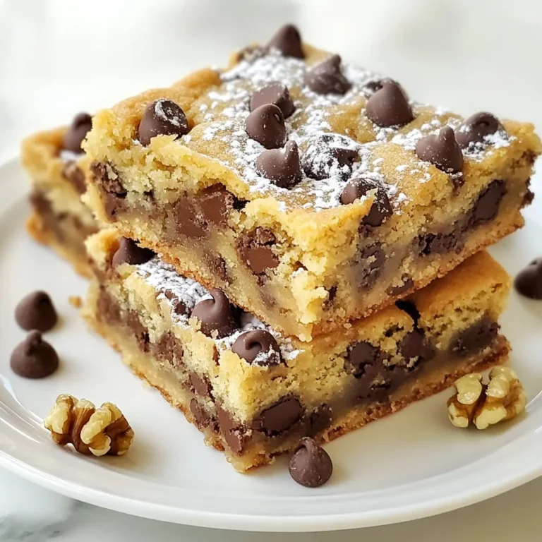 To make Melt-In-Your-Mouth Chocolate Chip Cookie Bars, you need a few simple ingredients. Here’s what you will need: - 1 cup unsalted butter, softened - 1 cup brown sugar, packed - 1/2 cup granulated sugar - 2 large eggs - 2 teaspoons vanilla extract - 3 cups all-purpose flour - 1 teaspoon baking soda - 1/2 teaspoon salt - 2 cups semi-sweet chocolate chips - 1/2 cup chopped walnuts (optional) Each ingredient plays an important part in the flavor and texture of these cookie bars. The softened butter gives a rich taste. Brown sugar adds moisture and a slight chew. Granulated sugar helps with sweetness and structure. The eggs bind everything together. Vanilla extract brings warmth and depth. All-purpose flour gives the bars their body, while baking soda helps them rise. Salt balances the sweetness, making every bite better. Chocolate chips are the star of the show, melting into gooey pockets of joy. If you like, you can add walnuts for crunch and flavor. Use fresh, high-quality ingredients for the best results. {{ingredient_image_1}} First, preheat your oven to 350°F (175°C). This step warms the oven so the cookie bars bake evenly. Next, prepare a 9x13-inch baking pan. You can grease it lightly or line it with parchment paper. Lining it makes it easy to lift out the bars later. In a large bowl, start creaming together 1 cup of softened unsalted butter, 1 cup of brown sugar, and 1/2 cup of granulated sugar. Mix until it looks light and fluffy. This step adds air, making your bars soft. Now, add in 2 large eggs, one at a time, mixing well after each. Then, add 2 teaspoons of vanilla extract. This adds a rich flavor that everyone loves. In a separate bowl, whisk together 3 cups of all-purpose flour, 1 teaspoon of baking soda, and 1/2 teaspoon of salt. Mixing these dry ingredients helps evenly distribute the baking soda and salt. Slowly add this dry mix to the wet ingredients. Stir until just combined. Do not overmix; this keeps the bars tender. Now comes the fun part! Fold in 2 cups of semi-sweet chocolate chips. If you like nuts, you can add 1/2 cup of chopped walnuts. Make sure the chocolate chips and walnuts are evenly spread throughout the dough. This way, every bite is full of flavor. To make the best cookie bars, measuring matters. Here’s how you can be precise: - Use dry measuring cups for flour and sugar. Scoop and level off with a knife. - When using sticky ingredients like brown sugar, pack it firmly into the cup. - For butter, use the markings on the wrapper to cut the right amount. Getting the right texture is key to cookie bars. Here are my tips: - Cream the butter and sugars until light and fluffy. This adds air. - Mix in the eggs one at a time. This helps keep the dough smooth. - Bake until the edges are golden, but don’t overbake. A toothpick should have a few moist crumbs. How you present your cookie bars can make them shine. Here are some fun ideas: - Serve on a colorful platter for a pop of color. - Dust the bars lightly with powdered sugar for a fancy touch. - Add a scoop of vanilla ice cream on the side for extra joy. Pro Tips Use Room Temperature Butter: This helps in achieving a creamy and well-blended mixture, resulting in soft and tender cookie bars. Don’t Overmix the Dough: Overmixing can lead to tough cookie bars. Mix until just combined for the best texture. Check for Doneness: Bake until the edges are golden brown. The center may look slightly underbaked but will continue to cook as it cools. Store Properly: Keep the cookie bars in an airtight container at room temperature to maintain their freshness for up to a week. {{image_2}} You can change the chocolate chips for different flavors. Try milk chocolate or dark chocolate for a new taste. You can also mix in white chocolate chips for a sweet twist. If you love nuts, swap walnuts for pecans or almonds. Each nut adds a unique crunch and flavor. If you need gluten-free cookie bars, use gluten-free flour. This keeps the texture while making it safe for everyone. For a vegan option, replace the butter with coconut oil. Use flax eggs instead of regular eggs. Simply mix 1 tablespoon of flaxseed meal with 2.5 tablespoons of water for each egg. Get creative by adding spices like cinnamon or nutmeg. These warm spices boost the flavor. You can also mix in dried fruits like cranberries or raisins for a chewy texture. For a fun touch, toss in candy pieces like M&Ms or chopped Snickers. These add color and fun to your cookie bars. To keep your chocolate chip cookie bars fresh, store them in an airtight container. This will prevent them from drying out. You can keep them at room temperature for up to five days. If you want them to last longer, place them in the fridge. They will stay good for about a week in the fridge. Just make sure to let them cool completely before sealing them up. Freezing cookie bars is easy! To freeze them, first cut the bars into squares. Wrap each square in plastic wrap tightly. Then, place them in a freezer-safe bag or container. They can stay frozen for up to three months. When you want to enjoy them, just take out a square. Let it thaw at room temperature for about an hour. You can also warm them in the oven at 350°F (175°C) for about 5-10 minutes. This will bring back that fresh-baked taste! To make these bars chewier, use more brown sugar. It adds moisture and a nice texture. You can also bake them for a shorter time. Check them a few minutes before the end of the baking time. The bars should be soft in the middle. Yes, you can use margarine instead of butter. It will still give you good flavor and texture. However, the taste may be a bit different. If you want the full richness, stick to butter when you can. You can use applesauce as a substitute for eggs. Use 1/4 cup of applesauce for each egg. You can also use mashed bananas or flaxseed meal mixed with water. For flaxseed, mix 1 tablespoon of ground flaxseed with 2.5 tablespoons of water. Let it sit for a few minutes to thicken. To check if the cookie bars are done, look for golden edges. Insert a toothpick into the center. If it comes out with a few moist crumbs, they are ready. If you see wet batter, bake them a bit longer. This blog post covered how to make delicious cookie bars. We explored every ingredient, step, and tip. You learned how to mix flavors, bake perfectly, and store your bars well. Remember, you can change ingredients to fit your taste. Try new flavors or special diets to make them you. Baking is fun, so keep experimenting with this recipe. Enjoy your tasty results!