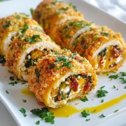 - 4 boneless, skinless chicken breasts - 1 cup fresh spinach, chopped - 1/2 cup feta cheese, crumbled - 1/4 cup sun-dried tomatoes, finely chopped - 1/4 cup cream cheese, softened - 2 cloves garlic, minced - 1 teaspoon dried oregano - 1/2 teaspoon black pepper - 1/2 teaspoon salt - 1 cup breadcrumbs (for coating) - 2 tablespoons olive oil - Fresh parsley for garnish - Extra sun-dried tomatoes for more flavor - Lemon zest for a citrus kick Each serving provides about: - Calories: 350 - Protein: 35g - Fat: 20g - Carbohydrates: 10g - Fiber: 2g - Sodium: 400mg These roll-ups are not just tasty; they are also packed with good nutrients. The chicken gives you protein. Spinach adds vitamins and minerals. Feta cheese brings flavor and calcium. Enjoy this dish knowing it fuels your body well. {{ingredient_image_1}} This dish takes about 50 minutes from start to finish. You will need to prepare the filling, pound the chicken, roll it up, and bake it. The steps are easy to follow, making this a fun recipe to try. 1. Preheat Oven: Set your oven to 375°F (190°C). This gets it ready for baking. 2. Prepare Filling: In a bowl, mix together: - 1 cup fresh spinach, chopped - 1/2 cup feta cheese, crumbled - 1/4 cup sun-dried tomatoes, finely chopped - 1/4 cup cream cheese, softened - 2 cloves garlic, minced - 1 teaspoon dried oregano - 1/2 teaspoon black pepper - 1/2 teaspoon salt Blend these until well combined. 3. Prepare Chicken: Take each chicken breast and place it between two sheets of plastic wrap. Use a meat mallet to pound the chicken to about 1/2 inch thick. This helps it cook evenly. 4. Fill Chicken Breasts: Spread a portion of the filling on each chicken breast, leaving a small edge. 5. Roll Up: Starting from one side, carefully roll the chicken to enclose the filling. Secure with toothpicks if needed. 6. Coat with Breadcrumbs: Spread breadcrumbs in a shallow dish. Roll each chicken roll-up in the crumbs until fully coated. 7. Sear Chicken: Heat 2 tablespoons of olive oil in a large oven-safe skillet over medium heat. Add the chicken roll-ups and brown them for about 3-4 minutes on each side. 8. Bake: Move the skillet to the preheated oven. Bake the chicken for about 15-20 minutes. Check that the internal temperature is 165°F (75°C). 9. Serve: Let the chicken sit for a few minutes after baking. Then, slice and serve warm. - Use fresh spinach for the best taste. - Don't skip the pounded chicken step; it makes rolling easier. - Make sure the chicken is well-sealed to keep the filling inside. - Let the chicken rest before slicing. This keeps it juicy. Enjoy making these chicken roll-ups! They’re tasty and sure to impress. When making Spinach Feta Sun-Dried Tomato Chicken Roll Ups, a few common mistakes can ruin your dish. First, don’t skip pounding the chicken. This step makes the chicken even and easy to roll. Next, avoid overstuffing the chicken. Too much filling can burst out during cooking. Lastly, remember to secure the rolls well with toothpicks. This keeps everything inside while cooking. Searing chicken is key for flavor. Start with a hot skillet and enough olive oil. Place the chicken roll-ups in the pan without crowding. This ensures even cooking. Sear for about 3-4 minutes on each side until golden brown. Don’t move them around too much. Let them sit to form that nice crust. After searing, transfer the skillet to the oven to finish cooking. Want to elevate your chicken roll-ups? Try adding spices and herbs! A pinch of red pepper flakes can add heat. Fresh herbs like basil or parsley can boost flavor. You might also mix in some lemon zest for a bright twist. Experiment with flavors to find what you love best! Pro Tips Even Thickness: Ensure the chicken breasts are evenly pounded to 1/2 inch thick for uniform cooking and to prevent dryness. Chill the Filling: Chill the filling mixture for 15-20 minutes before spreading; this helps it hold together better when rolling. Breadcrumb Alternatives: For a gluten-free version, use crushed gluten-free crackers or almond meal instead of traditional breadcrumbs. Resting Time: Allow the chicken roll-ups to rest for a few minutes after baking to help retain moisture when slicing. {{image_2}} You can change the filling to suit your taste. Try using ricotta cheese instead of feta for a creamier texture. You can also add cooked mushrooms, bell peppers, or artichoke hearts for more flavor. For a spicy kick, mix in some diced jalapeños or red pepper flakes. The options are endless! You can even use cooked spinach dip as a filling for a fun twist. If you want a lighter version, use turkey or chicken thighs instead of chicken breasts. For a vegetarian option, replace chicken with zucchini or eggplant slices. If you avoid dairy, use a plant-based cream cheese and nutritional yeast for a cheesy flavor. Gluten-free bread crumbs are great for those who need to avoid gluten. These swaps make the recipe fit many diets. These chicken roll-ups pair well with simple sides. Serve them with a fresh garden salad or roasted vegetables for a balanced meal. You can also add a side of whole grain rice or quinoa for extra fiber. A light lemon vinaigrette enhances the flavor and freshness of the dish. For a fun twist, try dipping these roll-ups in a spicy marinara sauce or a creamy ranch dressing. Enjoy experimenting with the sides! After you enjoy your Spinach Feta Sun-Dried Tomato Chicken Roll Ups, you may have some leftovers. To store them, let the roll-ups cool down to room temperature. Place them in an airtight container. They will stay fresh in the fridge for up to three days. Make sure to label your container with the date. This way, you know when to use them. If you want to keep your chicken roll-ups longer, freezing is a great option. After cooling, wrap each roll-up tightly in plastic wrap. Then, place them in a freezer-safe bag or container. This helps prevent freezer burn. You can freeze them for up to three months. When you want to eat them, just take them out and thaw them in the fridge overnight. To reheat your chicken roll-ups, you have a few easy options. You can use an oven, microwave, or skillet. For the oven, preheat it to 350°F (175°C). Place the roll-ups on a baking sheet and cover with foil. Heat for about 15-20 minutes until warmed through. If using a microwave, place them on a microwave-safe plate. Heat in short bursts of 30 seconds until hot. For the skillet, add a little oil and heat on medium until warm, turning gently. Enjoy your delicious leftovers! Yes, you can make these chicken roll-ups ahead of time. Prepare the filling and roll the chicken. Then, store them in the fridge for up to 24 hours. When ready to cook, just sear and bake. This saves time on busy days. If you do not have feta cheese, try using goat cheese or ricotta. Both will give a creamy texture. You could also use cottage cheese for a lighter option. Each choice brings its flavor to the dish. To check if the chicken is cooked through, use a meat thermometer. Insert it into the thickest part of the chicken. It should read at least 165°F (75°C). If you don’t have a thermometer, cut into the chicken. The meat should be white, not pink, and juices should run clear. This blog post shared essential details about making chicken roll-ups. You learned about the key ingredients and optional extras. We went through easy steps for cooking and tips to avoid common mistakes. Variations and storage info give you options for customization. In closing, remember that cooking is fun and easy. Enjoy trying new flavors to make your dish special. Happy cooking!