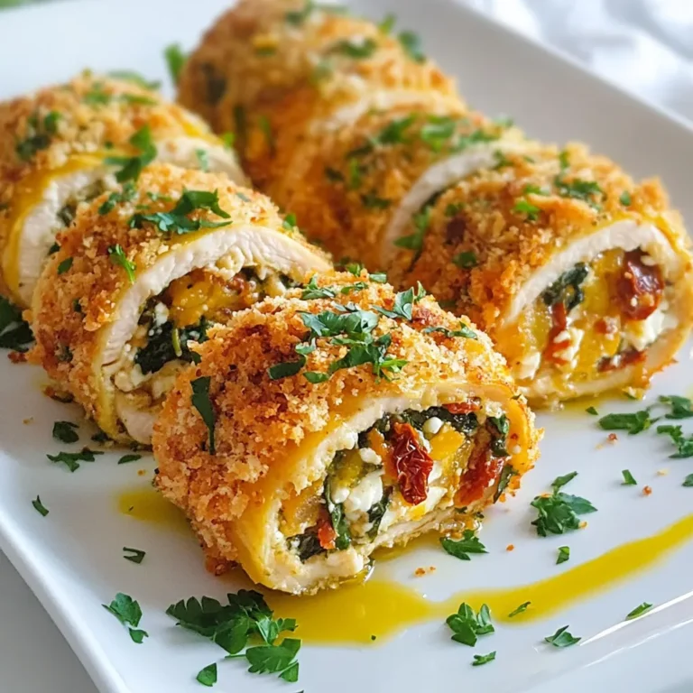 - 4 boneless, skinless chicken breasts - 1 cup fresh spinach, chopped - 1/2 cup feta cheese, crumbled - 1/4 cup sun-dried tomatoes, finely chopped - 1/4 cup cream cheese, softened - 2 cloves garlic, minced - 1 teaspoon dried oregano - 1/2 teaspoon black pepper - 1/2 teaspoon salt - 1 cup breadcrumbs (for coating) - 2 tablespoons olive oil - Fresh parsley for garnish - Extra sun-dried tomatoes for more flavor - Lemon zest for a citrus kick Each serving provides about: - Calories: 350 - Protein: 35g - Fat: 20g - Carbohydrates: 10g - Fiber: 2g - Sodium: 400mg These roll-ups are not just tasty; they are also packed with good nutrients. The chicken gives you protein. Spinach adds vitamins and minerals. Feta cheese brings flavor and calcium. Enjoy this dish knowing it fuels your body well. {{ingredient_image_1}} This dish takes about 50 minutes from start to finish. You will need to prepare the filling, pound the chicken, roll it up, and bake it. The steps are easy to follow, making this a fun recipe to try. 1. Preheat Oven: Set your oven to 375°F (190°C). This gets it ready for baking. 2. Prepare Filling: In a bowl, mix together: - 1 cup fresh spinach, chopped - 1/2 cup feta cheese, crumbled - 1/4 cup sun-dried tomatoes, finely chopped - 1/4 cup cream cheese, softened - 2 cloves garlic, minced - 1 teaspoon dried oregano - 1/2 teaspoon black pepper - 1/2 teaspoon salt Blend these until well combined. 3. Prepare Chicken: Take each chicken breast and place it between two sheets of plastic wrap. Use a meat mallet to pound the chicken to about 1/2 inch thick. This helps it cook evenly. 4. Fill Chicken Breasts: Spread a portion of the filling on each chicken breast, leaving a small edge. 5. Roll Up: Starting from one side, carefully roll the chicken to enclose the filling. Secure with toothpicks if needed. 6. Coat with Breadcrumbs: Spread breadcrumbs in a shallow dish. Roll each chicken roll-up in the crumbs until fully coated. 7. Sear Chicken: Heat 2 tablespoons of olive oil in a large oven-safe skillet over medium heat. Add the chicken roll-ups and brown them for about 3-4 minutes on each side. 8. Bake: Move the skillet to the preheated oven. Bake the chicken for about 15-20 minutes. Check that the internal temperature is 165°F (75°C). 9. Serve: Let the chicken sit for a few minutes after baking. Then, slice and serve warm. - Use fresh spinach for the best taste. - Don't skip the pounded chicken step; it makes rolling easier. - Make sure the chicken is well-sealed to keep the filling inside. - Let the chicken rest before slicing. This keeps it juicy. Enjoy making these chicken roll-ups! They’re tasty and sure to impress. When making Spinach Feta Sun-Dried Tomato Chicken Roll Ups, a few common mistakes can ruin your dish. First, don’t skip pounding the chicken. This step makes the chicken even and easy to roll. Next, avoid overstuffing the chicken. Too much filling can burst out during cooking. Lastly, remember to secure the rolls well with toothpicks. This keeps everything inside while cooking. Searing chicken is key for flavor. Start with a hot skillet and enough olive oil. Place the chicken roll-ups in the pan without crowding. This ensures even cooking. Sear for about 3-4 minutes on each side until golden brown. Don’t move them around too much. Let them sit to form that nice crust. After searing, transfer the skillet to the oven to finish cooking. Want to elevate your chicken roll-ups? Try adding spices and herbs! A pinch of red pepper flakes can add heat. Fresh herbs like basil or parsley can boost flavor. You might also mix in some lemon zest for a bright twist. Experiment with flavors to find what you love best! Pro Tips Even Thickness: Ensure the chicken breasts are evenly pounded to 1/2 inch thick for uniform cooking and to prevent dryness. Chill the Filling: Chill the filling mixture for 15-20 minutes before spreading; this helps it hold together better when rolling. Breadcrumb Alternatives: For a gluten-free version, use crushed gluten-free crackers or almond meal instead of traditional breadcrumbs. Resting Time: Allow the chicken roll-ups to rest for a few minutes after baking to help retain moisture when slicing. {{image_2}} You can change the filling to suit your taste. Try using ricotta cheese instead of feta for a creamier texture. You can also add cooked mushrooms, bell peppers, or artichoke hearts for more flavor. For a spicy kick, mix in some diced jalapeños or red pepper flakes. The options are endless! You can even use cooked spinach dip as a filling for a fun twist. If you want a lighter version, use turkey or chicken thighs instead of chicken breasts. For a vegetarian option, replace chicken with zucchini or eggplant slices. If you avoid dairy, use a plant-based cream cheese and nutritional yeast for a cheesy flavor. Gluten-free bread crumbs are great for those who need to avoid gluten. These swaps make the recipe fit many diets. These chicken roll-ups pair well with simple sides. Serve them with a fresh garden salad or roasted vegetables for a balanced meal. You can also add a side of whole grain rice or quinoa for extra fiber. A light lemon vinaigrette enhances the flavor and freshness of the dish. For a fun twist, try dipping these roll-ups in a spicy marinara sauce or a creamy ranch dressing. Enjoy experimenting with the sides! After you enjoy your Spinach Feta Sun-Dried Tomato Chicken Roll Ups, you may have some leftovers. To store them, let the roll-ups cool down to room temperature. Place them in an airtight container. They will stay fresh in the fridge for up to three days. Make sure to label your container with the date. This way, you know when to use them. If you want to keep your chicken roll-ups longer, freezing is a great option. After cooling, wrap each roll-up tightly in plastic wrap. Then, place them in a freezer-safe bag or container. This helps prevent freezer burn. You can freeze them for up to three months. When you want to eat them, just take them out and thaw them in the fridge overnight. To reheat your chicken roll-ups, you have a few easy options. You can use an oven, microwave, or skillet. For the oven, preheat it to 350°F (175°C). Place the roll-ups on a baking sheet and cover with foil. Heat for about 15-20 minutes until warmed through. If using a microwave, place them on a microwave-safe plate. Heat in short bursts of 30 seconds until hot. For the skillet, add a little oil and heat on medium until warm, turning gently. Enjoy your delicious leftovers! Yes, you can make these chicken roll-ups ahead of time. Prepare the filling and roll the chicken. Then, store them in the fridge for up to 24 hours. When ready to cook, just sear and bake. This saves time on busy days. If you do not have feta cheese, try using goat cheese or ricotta. Both will give a creamy texture. You could also use cottage cheese for a lighter option. Each choice brings its flavor to the dish. To check if the chicken is cooked through, use a meat thermometer. Insert it into the thickest part of the chicken. It should read at least 165°F (75°C). If you don’t have a thermometer, cut into the chicken. The meat should be white, not pink, and juices should run clear. This blog post shared essential details about making chicken roll-ups. You learned about the key ingredients and optional extras. We went through easy steps for cooking and tips to avoid common mistakes. Variations and storage info give you options for customization. In closing, remember that cooking is fun and easy. Enjoy trying new flavors to make your dish special. Happy cooking!