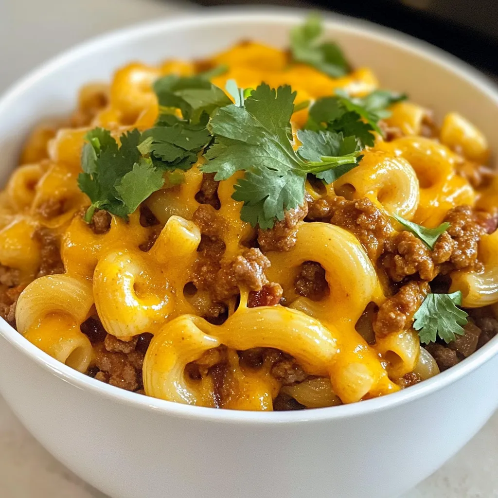 To make Minute Chili Mac and Cheese, gather these ingredients: - 1 cup elbow macaroni - 1 can (15 oz) chili (with or without beans) - 1 cup shredded cheddar cheese - ½ cup milk - 1 tablespoon olive oil - ½ teaspoon garlic powder - ½ teaspoon onion powder - ½ teaspoon smoked paprika - Salt and pepper to taste These ingredients work together to create a rich and hearty dish. For a fresh touch, consider these garnishes: - Fresh cilantro - Fresh parsley Both add color and flavor to your dish. You can sprinkle them on top right before serving. You can swap out some ingredients based on what you have: - Use any pasta shape instead of elbow macaroni. - Try different types of cheese, like Monterey Jack or pepper jack. - If you want a healthier option, use low-fat milk. - For a meatier dish, add cooked ground beef or turkey. - If you want it vegan, use plant-based chili and cheese. These swaps let you customize the recipe to your taste or diet. Enjoy your cooking! {{ingredient_image_1}} To start, grab a medium saucepan. Fill it with 4 cups of water and add a pinch of salt. Bring the water to a boil over high heat. Once it bubbles, add 1 cup of elbow macaroni. Cook the macaroni according to the package instructions. This usually takes about 7 to 8 minutes. You want it to be al dente, so it has a little bite. When it’s done, drain the macaroni in a colander. Set it aside for now. While the macaroni cooks, it's time to make the chili mixture. In a separate bowl, combine 1 can of chili, ½ cup of milk, ½ teaspoon of garlic powder, ½ teaspoon of onion powder, and ½ teaspoon of smoked paprika. Add a pinch of salt and pepper for extra flavor. Stir this mix well until all the ingredients blend. This mixture adds a rich taste to your dish. Now that your macaroni and chili mixture are ready, it’s time to combine them. Return the drained macaroni to the saucepan. Pour the chili mixture over the macaroni. Use medium heat to warm it all up. Stir gently to combine everything well. Next, gradually add 1 cup of shredded cheddar cheese. Keep stirring until the cheese melts into a creamy sauce. This takes about 2 minutes. Taste it and adjust the seasoning with more salt and pepper if needed. Once it thickens slightly, remove it from heat. Serve hot and add fresh cilantro or parsley on top if you like. Enjoy your Minute Chili Mac and Cheese! To make a creamy cheese sauce, use shredded cheese, not blocks. Shredded cheese melts better and blends well. Add cheese slowly while stirring. This helps it melt smoothly. Start with warm chili and milk mix. The heat helps the cheese melt faster. If the sauce is too thick, add a splash of milk. This keeps it creamy. One common mistake is cooking cheese too long. This can make it grainy. Stir constantly when adding cheese to avoid clumps. Another mistake is not seasoning enough. Taste your dish and adjust salt and pepper as needed. Lastly, don’t rush the rest period before serving. Letting it sit a few minutes thickens the sauce. To boost flavor, add spices like smoked paprika and garlic powder. These give depth to the dish. Fresh herbs like cilantro or parsley add brightness. If you enjoy heat, try adding jalapeños or hot sauce. You can also mix in cooked vegetables for extra nutrition. Consider using different beans in the chili for varied texture. Pro Tips Use Quality Chili: Opt for a good quality canned chili for enhanced flavor. If you have time, try making your own chili from scratch for a personal touch. Cheese Variations: Experiment with different types of cheese like pepper jack for a spicy kick or mozzarella for a milder flavor that melts beautifully. Add Veggies: Incorporate vegetables such as bell peppers or corn into the chili mixture for added nutrition and texture. Just sauté them briefly before adding the chili. Make it Spicy: If you enjoy heat, consider adding jalapeños or a dash of hot sauce to the chili mixture to amp up the spice level. {{image_2}} You can easily make Minute Chili Mac and Cheese vegetarian. Start by using vegetarian chili. Look for canned versions with beans and veggies. This simple swap keeps the dish full of flavor. You can also add cooked lentils or black beans for extra protein. Adding diced bell peppers or zucchini can enhance texture and taste. If you like spice, there are many ways to heat up your dish. You can mix in diced jalapeños or a splash of hot sauce. Adding cayenne pepper to the chili mixture gives it a kick. For a smoky flavor, use chipotle chili powder. Adjust the heat to match your taste. Changing a few ingredients can create new flavors in your dish. Try using different types of cheese, like pepper jack or gouda. You can also swap the elbow macaroni for penne or shells. If you want a creamier sauce, use more milk or add cream cheese. For a hearty touch, mix in corn or spinach. Each swap can make your meal unique. To store your Minute Chili Mac and Cheese, let it cool first. Place it in an airtight container. You can keep it in the fridge for up to three days. If you want to enjoy it later, store it in smaller portions. This way, you can just grab what you need. When you're ready to eat your leftovers, you can reheat them easily. Pour the chili mac into a saucepan over low heat. Stir often to ensure even warming. You can also add a splash of milk to make it creamy again. If you prefer the microwave, use a microwave-safe bowl. Heat it in 30-second bursts, stirring in between. If you want to freeze your chili mac, it’s simple. First, let it cool completely. Then, scoop it into freezer bags. Make sure to squeeze out the air. This will help keep it fresh. You can freeze it for up to three months. To defrost, move it to the fridge overnight before reheating. Yes, you can use different cheeses. Try Monterey Jack for a mild flavor. Pepper Jack adds a nice kick. You can also mix cheeses for a richer taste. Just remember, the melting quality matters. Cheddar melts well, so it’s a good choice. To make this dish dairy-free, use plant-based cheese. Look for brands that melt well. Substitute milk with almond or oat milk. These options keep the dish creamy. You can also skip cheese and add more spices for flavor. You can add many fun ingredients! Try diced bell peppers for crunch. Corn adds sweetness and texture. Black olives or jalapeños give it a kick. For a protein boost, add cooked chicken or turkey. Beans can also enhance the dish and add fiber. In this post, I covered the key steps to make chili mac and cheese. We discussed the ingredients you need and some optional garnishes to enhance flavor. You learned how to avoid common mistakes and ways to achieve a creamy texture. We also explored fun variations and how to store leftovers for later. Chili mac and cheese is versatile, and you can easily make it your own. Enjoy cooking and savor the rich, comforting flavors of this dish!