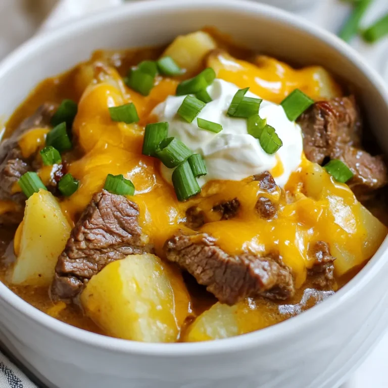 - 1.5 lbs flank steak, cut into bite-sized pieces - 4 medium russet potatoes, diced - 1 cup cheddar cheese, shredded - 1 cup sour cream - 1 cup beef broth - 1 medium onion, chopped - 3 cloves garlic, minced - 1 teaspoon black pepper - 1 teaspoon smoked paprika - 1 tablespoon olive oil - 1/2 teaspoon salt - 4 green onions, sliced (for garnish) To create the perfect Crockpot Loaded Steak and Potato Bake, start with flank steak. This cut is tender and flavorful. Cut it into bite-sized pieces. It cooks well in the slow cooker, making it ideal for this dish. Next, grab four medium russet potatoes. Dice them into small cubes. This helps them cook evenly. Russets are great for this recipe due to their starchy texture. You will need one cup of shredded cheddar cheese. This adds creaminess and a sharp flavor. The cheese will melt beautifully into the dish. Sour cream is a must. You’ll want one cup of it. It adds a nice tang and creaminess. Beef broth gives the dish depth. Use one cup for the right amount of moisture. Chop one medium onion and mince three cloves of garlic. These ingredients provide aromatic flavors. For seasoning, you’ll need black pepper and smoked paprika. Use one teaspoon of each. They will enhance the flavor profile nicely. Add one tablespoon of olive oil to the skillet for searing the steak. This helps develop a rich, brown crust. Finally, you need a half teaspoon of salt. This simple ingredient brings out all the flavors. Don’t forget the green onions! Slice four of them for a fresh garnish. They add a nice crunch when you serve the dish. With these ingredients, you can create a hearty meal. Each component works together to make it rich and satisfying. {{ingredient_image_1}} First, heat one tablespoon of olive oil in a large skillet over medium-high heat. When the oil is hot, add the flank steak pieces. Sear them for about 3 to 4 minutes. You want the meat to be browned on all sides. This step adds great flavor to your dish. Once browned, take the skillet off the heat and set the steak aside. Next, grab your slow cooker. Start by placing the diced russet potatoes at the bottom. This layer will soak up all the tasty juices. Now, add the seared steak on top of the potatoes. Make sure to spread it out evenly for the best cooking. This layering helps the flavors blend perfectly during cooking. In a mixing bowl, combine the chopped onion, minced garlic, beef broth, black pepper, smoked paprika, and salt. Stir it well to mix everything together. Pour this flavorful mixture over the steak and potatoes in the slow cooker. Now, cover the slow cooker with its lid. Set it to cook on low for 6 to 8 hours or on high for 3 to 4 hours. You will know it is done when the steak and potatoes are tender. Once the cooking time is done, stir in the shredded cheddar cheese and sour cream. Mix well until everything is combined and the cheese melts. Let it cook for an additional 10 to 15 minutes on low. This last step blends all the flavors together and makes it creamy. Before serving, sprinkle some sliced green onions on top for a fresh touch. Enjoy your delicious Crockpot Loaded Steak and Potato Bake! To make your Crockpot Loaded Steak and Potato Bake even tastier, add extra spices and herbs. You can try garlic powder, onion powder, or even some chili flakes for heat. Fresh herbs like parsley or thyme can also add a nice touch. Timing is key when adding cheese and sour cream. Add the cheddar cheese and sour cream about 10 to 15 minutes before you finish cooking. This way, they melt nicely and blend well with the dish. How do you know when your steak and potatoes are done? Look for the steak to be tender and juicy, not tough. The potatoes should be soft enough to mash with a fork. If you live at a high altitude, cooking times may vary. You might need to increase the cooking time by about 30 minutes. Keep checking until everything is cooked perfectly. Pro Tips Choose the Right Cut: Flank steak is ideal for slow cooking due to its rich flavor and tenderness when cooked low and slow. Layering is Key: Always place the potatoes at the bottom of the slow cooker, as they take longer to cook than the steak. Enhance Flavor: Consider adding a splash of Worcestershire sauce or a few sprigs of fresh herbs to the broth for an extra layer of flavor. Garnish for Freshness: Always add fresh ingredients like green onions right before serving to enhance the dish's presentation and flavor. {{image_2}} You can change cuts of beef to fit your taste. Try chuck roast or sirloin. Both will give you great flavor. If you want a leaner option, use round steak. Each cut adds its unique taste and texture. Cheese can change the whole dish. Instead of cheddar, use Monterey Jack or pepper jack. These cheeses melt well and add a creamy texture. You can also try feta or blue cheese for a bold twist. If you want a plant-based meal, swap the steak for mushrooms or lentils. Both add texture and flavor. Use portobello mushrooms for heartiness, or lentils for protein. They cook well in the slow cooker, just like beef. Add more vegetables to enhance the meal. Carrots, bell peppers, or zucchini will bring color and nutrients. You can also toss in spinach or kale for a healthy green touch. This way, you keep the dish filling and nutritious. After you enjoy your Crockpot Loaded Steak and Potato Bake, store any leftovers right away. Cool the dish to room temperature before putting it in the fridge. Use airtight containers to keep the flavors fresh. I like to divide the meal into single servings. This way, it’s easy to grab a portion later. Label the containers with the date. Your leftovers will stay good for about three to four days. When it’s time to enjoy those tasty leftovers, you have two good options: the microwave or the stovetop. If you use the microwave, heat the dish in short bursts. Stir it often to make sure it warms evenly. The stovetop is my favorite method. Just add a splash of beef broth or water to a pan and heat on low. This keeps the dish moist and delicious. Always stir to blend the flavors back together as you heat it up. You can serve this dish with a fresh salad or steamed veggies. A side of garlic bread pairs well too. If you want to keep it simple, just add some pickles or olives. These sides balance the flavors and make your meal more fun. Yes, you can prepare this dish ahead of time. Just follow all the steps up to cooking. Store the layered steak and potatoes in the fridge overnight. When ready, cook it in the crockpot. This way, the flavors meld together, and it tastes even better. To keep potatoes firm, choose russet potatoes. Cut them into larger pieces. Layer them in the crockpot first, then add the steak. Avoid stirring too much during cooking. If you follow these steps, your potatoes will stay nice and firm. Absolutely! You can freeze leftovers for later. Let the dish cool completely before freezing. Use an airtight container or freezer bag for best results. When you're ready to eat, just thaw and reheat. This makes for a tasty meal anytime! This blog post showed you how to make a delicious Crockpot Loaded Steak and Potato Bake. We explored the key ingredients like flank steak and cheddar cheese and walked through step-by-step instructions. You learned tips for enhancing flavor and storing leftovers. Finally, we discussed variations to suit your taste, from ingredient swaps to vegetarian ideas. Cooking can be fun and easy. Now, gather your ingredients and enjoy a hearty meal that warms the heart.