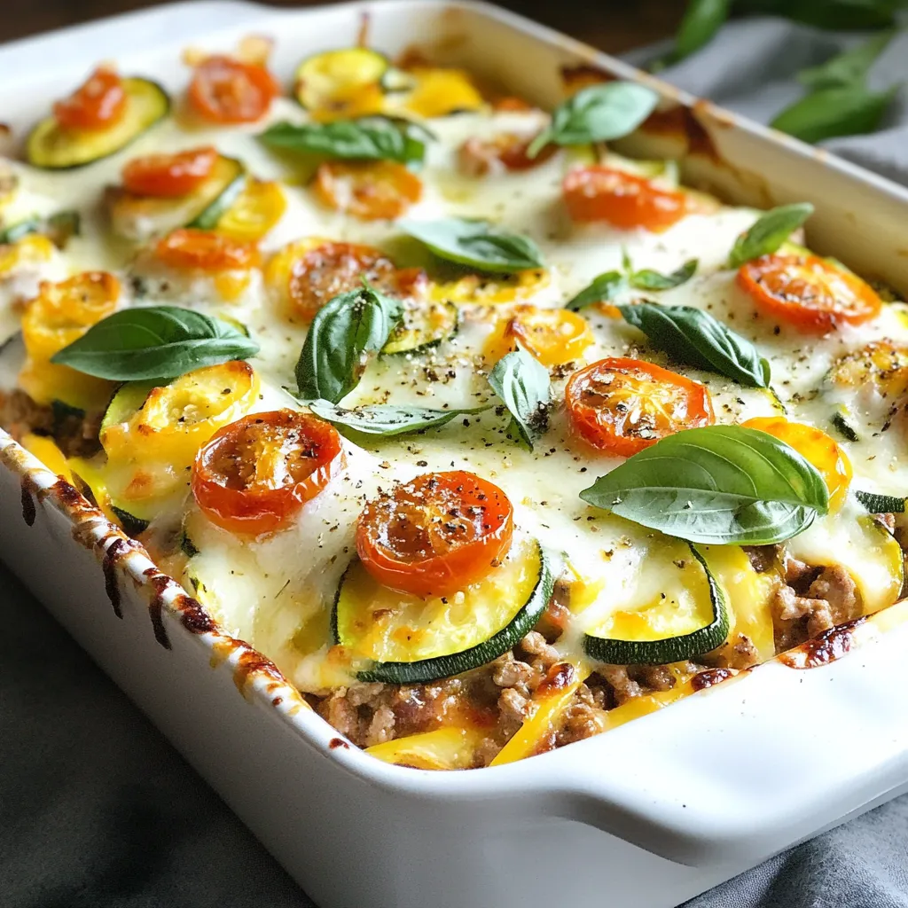 To make the savory ground turkey zucchini casserole, you need a few simple ingredients. Here’s what you will need: - 1 lb ground turkey - 3 medium zucchinis, sliced thinly - 1 cup cherry tomatoes, halved - 1 cup onion, chopped - 3 cloves garlic, minced - 1 cup shredded mozzarella cheese - 1 teaspoon Italian seasoning - ½ teaspoon paprika - 1 teaspoon salt - ½ teaspoon black pepper - 1 tablespoon olive oil - 1 cup marinara sauce - Fresh basil leaves for garnish Each ingredient plays an important role in the dish. Ground turkey adds protein and a nice flavor. Zucchini gives a fresh crunch, while cherry tomatoes add sweetness. Onions and garlic provide depth and rich aroma. Mozzarella cheese melts beautifully, making the casserole creamy and cheesy. The Italian seasoning and paprika bring warmth and spice, while salt and pepper enhance all the flavors. Olive oil helps cook the onions and turkey, adding richness. Marinara sauce ties everything together, and fresh basil adds a bright finish. Gather these ingredients before you start cooking. This will make the cooking process easier and more enjoyable. {{ingredient_image_1}} 1. Preheat the oven: Start by setting your oven to 375°F (190°C). This helps cook the casserole evenly. 2. Sautéing the onion and garlic: In a large skillet, pour in one tablespoon of olive oil. Heat it over medium heat. Add one cup of chopped onion. Cook until the onion is soft and clear, about 3-4 minutes. Then, add three minced garlic cloves. Stir for another minute to release the garlic's flavor. 3. Browning the ground turkey: Next, add one pound of ground turkey to the skillet. Cook it for about 5-7 minutes, breaking it apart with a spatula. Keep cooking until the turkey turns brown and is no longer pink. Season it with one teaspoon of Italian seasoning, half a teaspoon of paprika, one teaspoon of salt, and half a teaspoon of black pepper. Stir everything well and take it off the heat. 1. Layering zucchini and marinara: Grab a baking dish and layer half of the three medium zucchinis, sliced thinly, at the bottom. Spread half of the one cup of marinara sauce evenly over the zucchini. 2. Adding ground turkey mixture: Now, take the browned ground turkey mixture and add it on top of the marinara layer. Spread it out evenly for balanced flavor in every bite. 3. Topping with remaining ingredients: Layer the rest of the zucchini slices on top. Pour the remaining marinara sauce over this layer. Next, scatter one cup of halved cherry tomatoes on the top. Finish with a generous layer of one cup of shredded mozzarella cheese. 1. Covering with foil and baking: Cover the baking dish with aluminum foil. Place it in the oven and bake for 30 minutes. This helps steam the veggies and meld the flavors. 2. Removing foil for crispiness: After 30 minutes, carefully remove the foil. Bake for another 10-15 minutes. This step makes the cheese melt and turn golden brown. 3. Garnishing with basil leaves: Once done, let the casserole cool for a few minutes. Garnish it with fresh basil leaves for a pop of color and flavor. Enjoy your dish! To ensure even cooking, slice the zucchini thinly. This helps them cook at the same rate as the turkey. Arrange the layers in your dish evenly. If you want to try something different, you can use ground chicken or lean beef. Both options work well and add unique flavors. When cutting zucchini, use a sharp knife for clean slices. You can also use a mandoline for thin, even cuts. It saves time and keeps the slices uniform. To make your casserole pop, add spices like oregano or a pinch of red pepper flakes. Fresh herbs like thyme or parsley can also brighten the dish. For cheese, try mixing mozzarella with cheddar or gouda. These cheeses melt well and add depth to the flavor. I recommend using brands like Rao's or Prego for a tasty marinara. They have good flavor and quality ingredients. Pro Tips Tip Title: Use Fresh Ingredients: Always opt for fresh zucchinis and tomatoes to enhance the flavor and texture of your casserole. Tip Title: Layer for Flavor: Make sure to layer the ingredients properly to allow the flavors to meld together beautifully as they bake. Tip Title: Customize Your Cheese: Feel free to mix different types of cheese, like parmesan or cheddar, for added depth of flavor. Tip Title: Let it Rest: Allow the casserole to cool for a few minutes before serving to help it set and make slicing easier. {{image_2}} You can change the meat in this dish. Ground chicken or beef works well. Each adds a unique taste. You can also try sausage for a spicy kick. Adding more veggies is easy. Bell peppers, mushrooms, or spinach will fit right in. They boost nutrients and flavor. Just chop them small, so they cook evenly. If you want a vegan option, replace the turkey. Use lentils or chickpeas for protein. Swap cheese with a plant-based alternative. It makes a tasty and filling dish. This casserole pairs well with sides. A fresh green salad balances the meal. Garlic bread or rice also makes great accompaniments. For creative serving ideas, try individual portions. Use small ramekins for fun and easy serving. You can also serve it in the baking dish for a family-style meal. Leftovers make a fantastic lunch. Just store them in an airtight container. You can reheat it in the oven or microwave. It tastes just as good the next day. To keep your savory ground turkey zucchini casserole fresh, follow these tips: - Refrigeration tips: Once the casserole cools, cover it tightly with plastic wrap or aluminum foil. You can also use an airtight container. It will stay fresh in the fridge for about 3 to 4 days. When ready to eat, just reheat it. - Freezing guidelines: If you want to freeze the casserole, let it cool completely. Wrap it well in plastic wrap and then in foil. You can store it in the freezer for up to 3 months. When you are ready to eat, thaw it in the refrigerator overnight before reheating. To enjoy your casserole again, reheating is key: - Best methods for reheating: The oven works best for reheating. Preheat the oven to 350°F (175°C). Place the casserole in a baking dish and cover it with foil. Heat for about 20-30 minutes or until it's hot throughout. You can also use a microwave, but it may not heat evenly. - Maintaining texture: To keep the texture nice, avoid using the microwave if possible. If you must, cover the dish to trap steam. This will help keep the cheese melty and the zucchini tender. Let it sit for a minute before serving to avoid burns. How long to cook ground turkey? Ground turkey cooks in about 5 to 7 minutes. Make sure it turns brown and reaches 165°F. Can I make this ahead of time? Yes, you can prepare it a day before. Just cover it and store in the fridge. Bake it before serving. What can I serve with zucchini casserole? Pair it with a salad, garlic bread, or steamed veggies. A fresh side brings balance. Is this recipe low-carb? Yes, this recipe is low in carbs. Zucchini is a great veggie for low-carb diets. How can I make it healthier? Use lean ground turkey or substitute with ground chicken. Add more veggies for extra nutrients. What are the nutritional benefits of zucchini? Zucchini is low in calories and high in vitamins. It has fiber that helps digestion. Plus, it adds moisture to dishes. This recipe for zucchini casserole combines fresh ingredients like ground turkey, zucchini, and cheese. You can easily prepare it step-by-step. Sauté the onion and garlic first, then assemble and bake. Don’t forget to explore variations and storage tips. Make it your own by experimenting with different flavors and ingredients. Enjoy the process and savor your healthy creation. Your kitchen will be filled with delightful aromas that you won't forget!