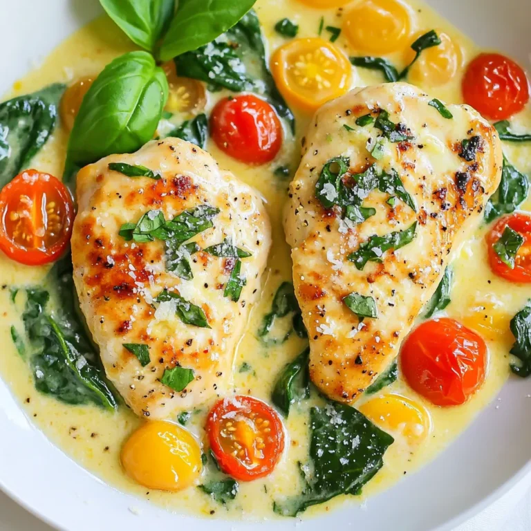To make Creamy Garlic Tuscan Chicken, gather these items: - 4 boneless, skinless chicken breasts - 2 tablespoons olive oil - 4 cloves garlic, minced - 1 cup heavy cream - 1 cup cherry tomatoes, halved - 2 cups fresh spinach - 1 teaspoon Italian seasoning - Salt and pepper to taste - Grated Parmesan cheese, for garnish - Fresh basil leaves, for garnish You can add a few extra flavors. Consider these: - Mushrooms, sliced - Red bell pepper, chopped - Sun-dried tomatoes - Artichoke hearts To cook this dish, you need: - A large skillet - A sharp knife - A cutting board - Measuring cups and spoons - A spatula or tongs for flipping - A serving plate for presentation Gathering these ingredients and tools makes cooking easier. Enjoy the process! {{ingredient_image_1}} First, take your chicken breasts and lay them on a clean surface. Season both sides with salt, pepper, and Italian seasoning. This adds great flavor to the chicken. Make sure to coat them evenly. Let them sit for a few minutes to absorb the seasoning. Next, grab a large skillet and place it on the stove. Heat 2 tablespoons of olive oil over medium-high heat. Once hot, carefully add the seasoned chicken breasts. Sear each side for about 5-7 minutes. You want them golden brown and cooked through. When done, remove the chicken from the skillet and set it aside on a plate. In the same skillet, lower the heat to medium. Add 4 cloves of minced garlic to the pan. Sauté for about 1 minute. This will make your kitchen smell amazing. Be careful not to burn the garlic. Once fragrant, pour in 1 cup of heavy cream. Stir well to mix with the garlic. Let it simmer for 2-3 minutes. This helps the flavors blend nicely. Now it’s time to add the veggies! Stir in 1 cup of halved cherry tomatoes and 2 cups of fresh spinach. Cook them for about 3-4 minutes. The spinach will wilt, and the tomatoes will soften. Finally, return the seared chicken to the skillet. Nestle it into the creamy sauce and cook for an additional 2-3 minutes. This ensures the chicken heats through and gets coated in the sauce. To make the chicken nice and tender, start with even thickness. You can pound the chicken breasts gently for uniformity. This helps them cook evenly. Next, don’t rush the searing. Give each side about 5-7 minutes until golden brown. This creates a great crust. Always let the chicken rest for a few minutes after cooking. This keeps it juicy. If you have leftovers, cool the chicken first. Place it in an airtight container. This keeps the chicken fresh in the fridge for up to three days. You can also freeze it. Just make sure to use freezer-safe bags. It will last for about three months in the freezer. Using a large skillet helps with cooking. It allows the chicken to sear without crowding. When cooking the garlic, keep an eye on it. It can burn quickly, which changes the taste. Stir it gently until you smell the aroma. Finally, when adding the cream, let it simmer but avoid boiling. This keeps the sauce smooth and creamy. Pro Tips Use Fresh Ingredients: Opt for fresh spinach and ripe cherry tomatoes to enhance the flavor of your sauce. Adjust the Creaminess: For a lighter sauce, substitute half of the heavy cream with chicken broth or milk. Perfect Chicken Cooking: Use a meat thermometer to ensure the chicken reaches an internal temperature of 165°F for optimal safety and juiciness. Garnishing Tips: Experiment with different herbs like parsley or thyme for a unique twist on the classic basil garnish. {{image_2}} You can easily change some ingredients to fit your diet. For a lighter dish, use chicken thighs instead of breasts. They stay juicy and add flavor. If you want a dairy-free option, replace the heavy cream with coconut milk or a nut-based cream. To keep it vegan, use tofu or chickpeas instead of chicken. You can also swap spinach for kale or chard, giving you more choices. You don’t have to stick to the skillet for this recipe. You can grill the chicken for a smoky taste. Just marinate it in the same seasonings and grill for about 6-8 minutes on each side. If you prefer baking, place the seasoned chicken in a baking dish. Cover it with the cream sauce and bake at 375°F for about 25-30 minutes. Both methods add a unique twist while keeping the dish tasty. Want to spice things up? Try adding extra veggies. Sauté sliced mushrooms along with the garlic for an earthy flavor. Bell peppers also work well; they add sweetness and color. If you love spice, toss in some red pepper flakes. You can even add sun-dried tomatoes for a tangy kick. These tweaks will make your dish more vibrant and exciting. After making Creamy Garlic Tuscan Chicken, let it cool to room temperature. Place it in an airtight container. Store it in the fridge for up to three days. This way, you keep the flavors fresh and delicious. You can freeze this dish if you want to save leftovers. First, let it cool completely. Then, transfer the chicken and sauce into a freezer-safe container. Seal it well to avoid freezer burn. It can last up to three months in the freezer. When you’re ready to eat, just thaw it in the fridge overnight. To reheat, you have a few options. You can use the microwave, stove, or oven. For the microwave, heat it in short bursts. Stir it often to ensure even warming. On the stove, warm it over low heat. Add a splash of cream if it looks dry. If using the oven, cover it with foil and heat at 350°F (175°C) for about 20 minutes. Enjoy your meal! To thicken the sauce, you can use cornstarch or flour. Mix one tablespoon of cornstarch with two tablespoons of cold water. Stir this mixture into the sauce while it simmers. Let it cook for a few minutes. This will help the sauce get nice and thick. You can also add more cheese. Grated Parmesan cheese will add flavor and thickness to the sauce. Yes, you can! Try using Greek yogurt or a plant-based milk. Coconut milk works well too. Just make sure to adjust the seasoning. These options will change the flavor a bit. You might want to add more garlic or spices. This way, you still get that creamy texture without using heavy cream. Creamy Garlic Tuscan Chicken pairs well with many sides. Here are some great options: - Rice or quinoa for a filling base - Garlic bread for a crunchy side - Steamed vegetables for added nutrients - A fresh salad for a lighter touch Choose what you love and enjoy your meal! This article showed you how to prepare a delicious Creamy Garlic Tuscan Chicken. We covered key ingredients, step-by-step cooking methods, and smart tips for perfect results. Remember, you can customize this dish with various ingredients and cooking methods. Follow the storage tips to enjoy your leftovers later. Embrace creativity in your cooking journey, and don't hesitate to experiment. With these insights, you can make this meal your own and impress everyone at the table. Enjoy your cooking!