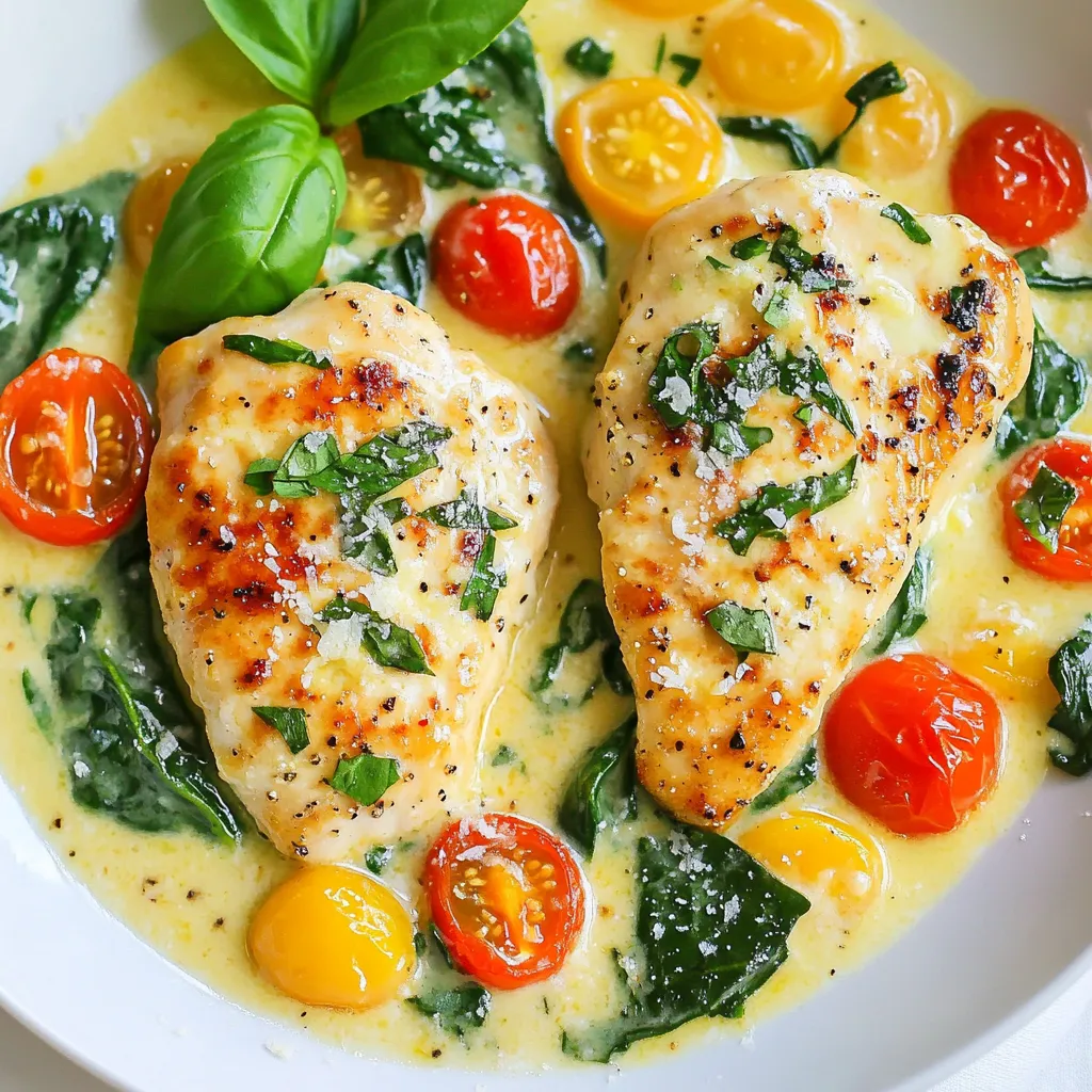 To make Creamy Garlic Tuscan Chicken, gather these items: - 4 boneless, skinless chicken breasts - 2 tablespoons olive oil - 4 cloves garlic, minced - 1 cup heavy cream - 1 cup cherry tomatoes, halved - 2 cups fresh spinach - 1 teaspoon Italian seasoning - Salt and pepper to taste - Grated Parmesan cheese, for garnish - Fresh basil leaves, for garnish You can add a few extra flavors. Consider these: - Mushrooms, sliced - Red bell pepper, chopped - Sun-dried tomatoes - Artichoke hearts To cook this dish, you need: - A large skillet - A sharp knife - A cutting board - Measuring cups and spoons - A spatula or tongs for flipping - A serving plate for presentation Gathering these ingredients and tools makes cooking easier. Enjoy the process! {{ingredient_image_1}} First, take your chicken breasts and lay them on a clean surface. Season both sides with salt, pepper, and Italian seasoning. This adds great flavor to the chicken. Make sure to coat them evenly. Let them sit for a few minutes to absorb the seasoning. Next, grab a large skillet and place it on the stove. Heat 2 tablespoons of olive oil over medium-high heat. Once hot, carefully add the seasoned chicken breasts. Sear each side for about 5-7 minutes. You want them golden brown and cooked through. When done, remove the chicken from the skillet and set it aside on a plate. In the same skillet, lower the heat to medium. Add 4 cloves of minced garlic to the pan. Sauté for about 1 minute. This will make your kitchen smell amazing. Be careful not to burn the garlic. Once fragrant, pour in 1 cup of heavy cream. Stir well to mix with the garlic. Let it simmer for 2-3 minutes. This helps the flavors blend nicely. Now it’s time to add the veggies! Stir in 1 cup of halved cherry tomatoes and 2 cups of fresh spinach. Cook them for about 3-4 minutes. The spinach will wilt, and the tomatoes will soften. Finally, return the seared chicken to the skillet. Nestle it into the creamy sauce and cook for an additional 2-3 minutes. This ensures the chicken heats through and gets coated in the sauce. To make the chicken nice and tender, start with even thickness. You can pound the chicken breasts gently for uniformity. This helps them cook evenly. Next, don’t rush the searing. Give each side about 5-7 minutes until golden brown. This creates a great crust. Always let the chicken rest for a few minutes after cooking. This keeps it juicy. If you have leftovers, cool the chicken first. Place it in an airtight container. This keeps the chicken fresh in the fridge for up to three days. You can also freeze it. Just make sure to use freezer-safe bags. It will last for about three months in the freezer. Using a large skillet helps with cooking. It allows the chicken to sear without crowding. When cooking the garlic, keep an eye on it. It can burn quickly, which changes the taste. Stir it gently until you smell the aroma. Finally, when adding the cream, let it simmer but avoid boiling. This keeps the sauce smooth and creamy. Pro Tips Use Fresh Ingredients: Opt for fresh spinach and ripe cherry tomatoes to enhance the flavor of your sauce. Adjust the Creaminess: For a lighter sauce, substitute half of the heavy cream with chicken broth or milk. Perfect Chicken Cooking: Use a meat thermometer to ensure the chicken reaches an internal temperature of 165°F for optimal safety and juiciness. Garnishing Tips: Experiment with different herbs like parsley or thyme for a unique twist on the classic basil garnish. {{image_2}} You can easily change some ingredients to fit your diet. For a lighter dish, use chicken thighs instead of breasts. They stay juicy and add flavor. If you want a dairy-free option, replace the heavy cream with coconut milk or a nut-based cream. To keep it vegan, use tofu or chickpeas instead of chicken. You can also swap spinach for kale or chard, giving you more choices. You don’t have to stick to the skillet for this recipe. You can grill the chicken for a smoky taste. Just marinate it in the same seasonings and grill for about 6-8 minutes on each side. If you prefer baking, place the seasoned chicken in a baking dish. Cover it with the cream sauce and bake at 375°F for about 25-30 minutes. Both methods add a unique twist while keeping the dish tasty. Want to spice things up? Try adding extra veggies. Sauté sliced mushrooms along with the garlic for an earthy flavor. Bell peppers also work well; they add sweetness and color. If you love spice, toss in some red pepper flakes. You can even add sun-dried tomatoes for a tangy kick. These tweaks will make your dish more vibrant and exciting. After making Creamy Garlic Tuscan Chicken, let it cool to room temperature. Place it in an airtight container. Store it in the fridge for up to three days. This way, you keep the flavors fresh and delicious. You can freeze this dish if you want to save leftovers. First, let it cool completely. Then, transfer the chicken and sauce into a freezer-safe container. Seal it well to avoid freezer burn. It can last up to three months in the freezer. When you’re ready to eat, just thaw it in the fridge overnight. To reheat, you have a few options. You can use the microwave, stove, or oven. For the microwave, heat it in short bursts. Stir it often to ensure even warming. On the stove, warm it over low heat. Add a splash of cream if it looks dry. If using the oven, cover it with foil and heat at 350°F (175°C) for about 20 minutes. Enjoy your meal! To thicken the sauce, you can use cornstarch or flour. Mix one tablespoon of cornstarch with two tablespoons of cold water. Stir this mixture into the sauce while it simmers. Let it cook for a few minutes. This will help the sauce get nice and thick. You can also add more cheese. Grated Parmesan cheese will add flavor and thickness to the sauce. Yes, you can! Try using Greek yogurt or a plant-based milk. Coconut milk works well too. Just make sure to adjust the seasoning. These options will change the flavor a bit. You might want to add more garlic or spices. This way, you still get that creamy texture without using heavy cream. Creamy Garlic Tuscan Chicken pairs well with many sides. Here are some great options: - Rice or quinoa for a filling base - Garlic bread for a crunchy side - Steamed vegetables for added nutrients - A fresh salad for a lighter touch Choose what you love and enjoy your meal! This article showed you how to prepare a delicious Creamy Garlic Tuscan Chicken. We covered key ingredients, step-by-step cooking methods, and smart tips for perfect results. Remember, you can customize this dish with various ingredients and cooking methods. Follow the storage tips to enjoy your leftovers later. Embrace creativity in your cooking journey, and don't hesitate to experiment. With these insights, you can make this meal your own and impress everyone at the table. Enjoy your cooking!