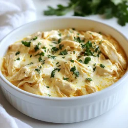 - 4 boneless, skinless chicken breasts - 1 cup chicken broth - 1 cup heavy cream - 1 cup grated Parmesan cheese - 6 cloves garlic, minced - 1 teaspoon Italian seasoning - 1 teaspoon garlic powder - Salt and pepper to taste - 2 tablespoons olive oil - Fresh parsley, chopped (for garnish) - Chicken Breasts: These are the main protein in this dish. They stay juicy and tender in the slow cooker. - Chicken Broth: This adds rich taste and moisture. It keeps the chicken from drying out. - Heavy Cream: This makes the sauce rich and creamy. It helps create a smooth texture. - Parmesan Cheese: This gives a salty, nutty flavor. It thickens the sauce as it melts. - Garlic: This is the star flavor in the dish. It adds depth and aroma. - Italian Seasoning: This blend of herbs enhances the dish's flavor. It adds a touch of Italian flair. - Olive Oil: This is used to sear the chicken. It adds flavor and helps with browning. - Chicken Breasts: You can use thighs if you want more fat and flavor. - Heavy Cream: Substitute with half-and-half for a lighter sauce. - Parmesan Cheese: Grana Padano or Pecorino Romano work well too. - Garlic: Use garlic powder if you don’t have fresh garlic. - Italian Seasoning: You can mix your own with dried basil, oregano, and thyme. - Olive Oil: Any cooking oil will work, but olive oil adds great flavor. This dish is simple to make and full of flavor. You can mix and match these ingredients based on what you have. {{ingredient_image_1}} First, gather your ingredients. You need four chicken breasts, chicken broth, heavy cream, Parmesan cheese, garlic, Italian seasoning, garlic powder, salt, pepper, and olive oil. Next, in a large skillet, heat two tablespoons of olive oil over medium heat. While the oil heats, season the chicken. Sprinkle salt, pepper, garlic powder, and Italian seasoning on both sides. This adds flavor to the chicken. Once the skillet is hot, add the chicken. Sear each breast for about three to four minutes. Look for a golden brown color. This step makes the dish more tasty. After searing, remove the chicken from heat and set it aside. Now, in a bowl, whisk together one cup of chicken broth, one cup of heavy cream, minced garlic, and one cup of grated Parmesan cheese. Make sure it’s well mixed. Place the seared chicken breasts in the crockpot. Pour the creamy mixture over the chicken. Ensure the chicken is well coated. Cover the crockpot. Cook on low for six to seven hours or on high for three to four hours. Cooking it low and slow helps the chicken become tender and juicy. After the cooking time, take two forks and shred the chicken right in the pot. Stir the chicken into the sauce to combine. This makes it rich and creamy. Taste the dish. If needed, adjust the seasoning with more salt or pepper. Serve the creamy garlic parmesan chicken over rice, pasta, or with steamed vegetables. For a beautiful finish, garnish with freshly chopped parsley and a sprinkle of extra Parmesan cheese. Enjoy! Searing the chicken adds flavor and texture. First, heat olive oil in your skillet. Use medium heat, so the oil shimmers but does not smoke. Season the chicken with salt, pepper, garlic powder, and Italian seasoning. Place the chicken in the skillet, making sure not to crowd it. Sear for about 3-4 minutes on each side until golden brown. This step locks in the juices. Once done, set the chicken aside before adding it to the crockpot. To make the sauce creamy, use heavy cream and grated Parmesan cheese. When mixing the sauce, whisk the chicken broth, cream, minced garlic, and cheese until smooth. The cheese melts and combines well during cooking. Ensure you pour this creamy mixture over the seared chicken in the crockpot. Cooking on low heat allows the flavors to meld perfectly. Stir the sauce occasionally after shredding the chicken for a richer taste. Taste is key to a great dish. After cooking, use a spoon to sample the sauce. If you need more flavor, add salt or pepper. A dash of garlic powder can boost the garlic flavor. Fresh herbs like parsley can also enhance the taste. Always start with small amounts and adjust as needed. This way, you can find the perfect balance that suits your palate. Pro Tips Perfect Searing: Ensure your skillet is hot enough before adding the chicken to achieve a beautiful golden crust. Seasoning Balance: Taste the sauce before serving; adjust the salt and pepper as needed for a well-rounded flavor. Thicker Sauce: For a thicker sauce, you can whisk in a tablespoon of cornstarch mixed with a bit of water during the last 30 minutes of cooking. Serving Suggestions: This dish pairs beautifully with garlic bread or a fresh salad to complement the rich flavors. {{image_2}} You can make this dish even better by adding vegetables. Try adding carrots, bell peppers, or spinach. These veggies cook well in the crockpot. They absorb the creamy sauce, adding flavor and nutrition. Cut the veggies into small pieces. Add them in when you add the chicken and sauce. This way, they cook evenly. If you want to switch things up, you can use different proteins. Turkey breast works great if you want a leaner choice. Pork chops can add a nice twist too. Even shrimp can be used for a quick option. Just adjust the cooking time. Shrimp cooks faster, so add it in the last hour of cooking. You can also change the creamy sauce to suit your taste. For a lighter sauce, use Greek yogurt instead of heavy cream. This gives a nice tang. You can also mix in some cream cheese for a richer taste. If you want a kick, add crushed red pepper flakes. This adds spice without losing the creamy goodness. After you enjoy your meal, let the leftovers cool. Place the chicken in an airtight container. This keeps the chicken fresh. Store it in the fridge for up to four days. Make sure to keep the sauce with it for extra flavor. To reheat, take the chicken out of the fridge. You can use a microwave or a stove. If using a microwave, place the chicken in a bowl. Heat it for about two minutes. Stir it halfway for even warming. If using the stove, add a splash of water to a pan. Warm over low heat, stirring until hot. Always check the chicken is warm throughout before serving. You can freeze leftovers too. Place the chicken and sauce in a freezer-safe container. It will last up to three months in the freezer. When ready to eat, thaw it in the fridge overnight. Reheat as mentioned before. This makes a quick and tasty meal any day! You can keep this dish in the fridge for up to four days. Make sure to store it in an airtight container. This helps keep the chicken moist and the sauce flavorful. When you store it, let it cool before sealing. Yes, you can use frozen chicken breasts. However, you need to adjust the cooking time. If using frozen chicken, cook on high for about five to six hours. Make sure the chicken reaches a safe internal temperature of 165°F. This ensures it's cooked and safe to eat. This creamy dish pairs well with several sides. I love serving it over rice or pasta. You can also serve it with steamed veggies for a healthy touch. A side salad adds crunch and freshness too. Don't forget to sprinkle extra Parmesan on top for that final touch! This post covered all the key steps for making Crockpot Creamy Garlic Parmesan Chicken. We explored ingredients, cooking techniques, and smart tips. With the right adjustments, you can make this dish your own. Don’t be afraid to try new veggies or proteins. Remember to store your leftovers properly for future meals. Enjoy this tasty dish with your favorite sides and savor every bite! Your kitchen adventures can be fun and rewarding. Happy cooking!