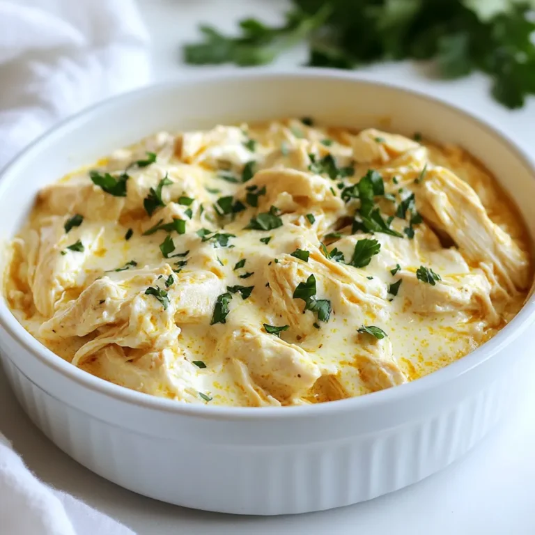 - 4 boneless, skinless chicken breasts - 1 cup chicken broth - 1 cup heavy cream - 1 cup grated Parmesan cheese - 6 cloves garlic, minced - 1 teaspoon Italian seasoning - 1 teaspoon garlic powder - Salt and pepper to taste - 2 tablespoons olive oil - Fresh parsley, chopped (for garnish) - Chicken Breasts: These are the main protein in this dish. They stay juicy and tender in the slow cooker. - Chicken Broth: This adds rich taste and moisture. It keeps the chicken from drying out. - Heavy Cream: This makes the sauce rich and creamy. It helps create a smooth texture. - Parmesan Cheese: This gives a salty, nutty flavor. It thickens the sauce as it melts. - Garlic: This is the star flavor in the dish. It adds depth and aroma. - Italian Seasoning: This blend of herbs enhances the dish's flavor. It adds a touch of Italian flair. - Olive Oil: This is used to sear the chicken. It adds flavor and helps with browning. - Chicken Breasts: You can use thighs if you want more fat and flavor. - Heavy Cream: Substitute with half-and-half for a lighter sauce. - Parmesan Cheese: Grana Padano or Pecorino Romano work well too. - Garlic: Use garlic powder if you don’t have fresh garlic. - Italian Seasoning: You can mix your own with dried basil, oregano, and thyme. - Olive Oil: Any cooking oil will work, but olive oil adds great flavor. This dish is simple to make and full of flavor. You can mix and match these ingredients based on what you have. {{ingredient_image_1}} First, gather your ingredients. You need four chicken breasts, chicken broth, heavy cream, Parmesan cheese, garlic, Italian seasoning, garlic powder, salt, pepper, and olive oil. Next, in a large skillet, heat two tablespoons of olive oil over medium heat. While the oil heats, season the chicken. Sprinkle salt, pepper, garlic powder, and Italian seasoning on both sides. This adds flavor to the chicken. Once the skillet is hot, add the chicken. Sear each breast for about three to four minutes. Look for a golden brown color. This step makes the dish more tasty. After searing, remove the chicken from heat and set it aside. Now, in a bowl, whisk together one cup of chicken broth, one cup of heavy cream, minced garlic, and one cup of grated Parmesan cheese. Make sure it’s well mixed. Place the seared chicken breasts in the crockpot. Pour the creamy mixture over the chicken. Ensure the chicken is well coated. Cover the crockpot. Cook on low for six to seven hours or on high for three to four hours. Cooking it low and slow helps the chicken become tender and juicy. After the cooking time, take two forks and shred the chicken right in the pot. Stir the chicken into the sauce to combine. This makes it rich and creamy. Taste the dish. If needed, adjust the seasoning with more salt or pepper. Serve the creamy garlic parmesan chicken over rice, pasta, or with steamed vegetables. For a beautiful finish, garnish with freshly chopped parsley and a sprinkle of extra Parmesan cheese. Enjoy! Searing the chicken adds flavor and texture. First, heat olive oil in your skillet. Use medium heat, so the oil shimmers but does not smoke. Season the chicken with salt, pepper, garlic powder, and Italian seasoning. Place the chicken in the skillet, making sure not to crowd it. Sear for about 3-4 minutes on each side until golden brown. This step locks in the juices. Once done, set the chicken aside before adding it to the crockpot. To make the sauce creamy, use heavy cream and grated Parmesan cheese. When mixing the sauce, whisk the chicken broth, cream, minced garlic, and cheese until smooth. The cheese melts and combines well during cooking. Ensure you pour this creamy mixture over the seared chicken in the crockpot. Cooking on low heat allows the flavors to meld perfectly. Stir the sauce occasionally after shredding the chicken for a richer taste. Taste is key to a great dish. After cooking, use a spoon to sample the sauce. If you need more flavor, add salt or pepper. A dash of garlic powder can boost the garlic flavor. Fresh herbs like parsley can also enhance the taste. Always start with small amounts and adjust as needed. This way, you can find the perfect balance that suits your palate. Pro Tips Perfect Searing: Ensure your skillet is hot enough before adding the chicken to achieve a beautiful golden crust. Seasoning Balance: Taste the sauce before serving; adjust the salt and pepper as needed for a well-rounded flavor. Thicker Sauce: For a thicker sauce, you can whisk in a tablespoon of cornstarch mixed with a bit of water during the last 30 minutes of cooking. Serving Suggestions: This dish pairs beautifully with garlic bread or a fresh salad to complement the rich flavors. {{image_2}} You can make this dish even better by adding vegetables. Try adding carrots, bell peppers, or spinach. These veggies cook well in the crockpot. They absorb the creamy sauce, adding flavor and nutrition. Cut the veggies into small pieces. Add them in when you add the chicken and sauce. This way, they cook evenly. If you want to switch things up, you can use different proteins. Turkey breast works great if you want a leaner choice. Pork chops can add a nice twist too. Even shrimp can be used for a quick option. Just adjust the cooking time. Shrimp cooks faster, so add it in the last hour of cooking. You can also change the creamy sauce to suit your taste. For a lighter sauce, use Greek yogurt instead of heavy cream. This gives a nice tang. You can also mix in some cream cheese for a richer taste. If you want a kick, add crushed red pepper flakes. This adds spice without losing the creamy goodness. After you enjoy your meal, let the leftovers cool. Place the chicken in an airtight container. This keeps the chicken fresh. Store it in the fridge for up to four days. Make sure to keep the sauce with it for extra flavor. To reheat, take the chicken out of the fridge. You can use a microwave or a stove. If using a microwave, place the chicken in a bowl. Heat it for about two minutes. Stir it halfway for even warming. If using the stove, add a splash of water to a pan. Warm over low heat, stirring until hot. Always check the chicken is warm throughout before serving. You can freeze leftovers too. Place the chicken and sauce in a freezer-safe container. It will last up to three months in the freezer. When ready to eat, thaw it in the fridge overnight. Reheat as mentioned before. This makes a quick and tasty meal any day! You can keep this dish in the fridge for up to four days. Make sure to store it in an airtight container. This helps keep the chicken moist and the sauce flavorful. When you store it, let it cool before sealing. Yes, you can use frozen chicken breasts. However, you need to adjust the cooking time. If using frozen chicken, cook on high for about five to six hours. Make sure the chicken reaches a safe internal temperature of 165°F. This ensures it's cooked and safe to eat. This creamy dish pairs well with several sides. I love serving it over rice or pasta. You can also serve it with steamed veggies for a healthy touch. A side salad adds crunch and freshness too. Don't forget to sprinkle extra Parmesan on top for that final touch! This post covered all the key steps for making Crockpot Creamy Garlic Parmesan Chicken. We explored ingredients, cooking techniques, and smart tips. With the right adjustments, you can make this dish your own. Don’t be afraid to try new veggies or proteins. Remember to store your leftovers properly for future meals. Enjoy this tasty dish with your favorite sides and savor every bite! Your kitchen adventures can be fun and rewarding. Happy cooking!