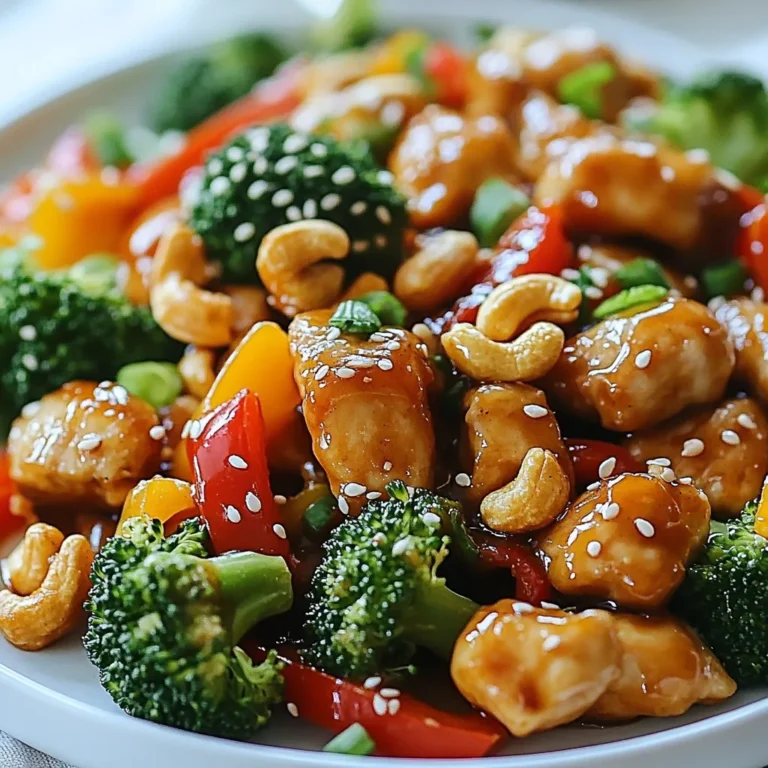 - 1 lb chicken breast, cut into bite-sized pieces - 1 cup cashews, lightly toasted - 2 cups broccoli florets - 1 red bell pepper, sliced - 1 yellow bell pepper, sliced - 3 cloves garlic, minced - 1 tablespoon fresh ginger, grated - 1/4 cup soy sauce (low sodium recommended) - 2 tablespoons honey - 1 tablespoon sesame oil - 2 tablespoons olive oil - 1 teaspoon cornstarch - Sesame seeds for garnish - Green onions, sliced for garnish Gather these ingredients before you start. Fresh chicken and veggies will give the best flavor. Make sure your cashews are toasted for that perfect crunch. The garlic and ginger add a warm aroma that fills your kitchen. The sauce combines sweet and savory notes, creating a wonderful balance. I recommend low-sodium soy sauce to keep it healthy. This mix of ingredients is not just tasty; it’s colorful too! You will love how vibrant your dish looks once everything comes together. {{ingredient_image_1}} First, preheat your oven to 400°F (200°C). This step is key for even cooking. Next, line a large sheet pan with parchment paper or foil. This keeps things clean and makes cleanup easy. In a mixing bowl, combine the following ingredients: - 1/4 cup soy sauce - 2 tablespoons honey - 1 tablespoon sesame oil - 3 cloves garlic, minced - 1 tablespoon fresh ginger, grated - 1 teaspoon cornstarch Whisk these together until smooth. Once mixed, set the sauce aside for later. Take 1 pound of chicken breast, cut into bite-sized pieces. Season the chicken with salt and pepper. Pour half of the sauce over the chicken. Toss it well to coat all the pieces evenly. Spread the marinated chicken evenly on the prepared sheet pan. In the same bowl, add: - 2 cups broccoli florets - 1 red bell pepper, sliced - 1 yellow bell pepper, sliced Drizzle the remaining sauce and 2 tablespoons of olive oil over the veggies. Toss them until well coated and then place them around the chicken. Make sure not to overcrowd the pan. Roast the chicken and vegetables in the preheated oven for 20-25 minutes. Be sure to stir halfway through. This helps everything cook evenly. Check that the chicken reaches an internal temperature of 165°F to be safe to eat. After baking, sprinkle 1 cup of lightly toasted cashews on top of the dish. Return it to the oven for another 3-5 minutes. This warms the cashews and enhances their flavor. Before serving, garnish with sesame seeds and sliced green onions for a fresh touch. To ensure your chicken stays moist, choose fresh chicken breast. Cut it into bite-sized pieces for even cooking. Marinate the chicken in sauce for at least 15 minutes. This step adds flavor and helps keep it juicy. Avoid overcooking by checking the chicken's internal temperature. Use a meat thermometer for accuracy. The chicken should reach 165°F. If you do not have a thermometer, cut into a piece to check that it’s no longer pink. Feel free to mix and match your veggies. Use seasonal options for the best taste. In the spring, try asparagus or snap peas. Summer brings zucchini and corn. In fall, add carrots or Brussels sprouts. If you have other veggies on hand, use them too. Cauliflower, green beans, or even mushrooms work well. Just keep the cooking time in mind. You want them tender but not mushy. If you need a gluten-free option, look for gluten-free soy sauce. Many brands offer a tasty alternative. You can also use tamari, which is naturally gluten-free. Check the label to ensure it meets your needs. With this simple swap, you can enjoy this dish without worry. Your friends and family will love it just the same! Pro Tips Use Fresh Ingredients: Fresh garlic and ginger will enhance the flavor of your dish significantly. Always opt for fresh over pre-minced options for the best taste. Perfectly Toast Cashews: Toasting your cashews enhances their flavor and adds a delightful crunch. Be careful not to burn them; a few minutes in a dry skillet over medium heat will do the trick. Customize Your Veggies: Feel free to swap in your favorite vegetables. Snap peas, carrots, or zucchini can work wonderfully in this recipe. Check Chicken Temperature: To ensure your chicken is cooked perfectly, use a meat thermometer to check for an internal temperature of 165°F (75°C). {{image_2}} You can serve this dish in many fun ways. One great option is to pair it with rice or noodles. The rice soaks up the sauce nicely. It gives an extra layer of flavor. You can use white rice, brown rice, or even jasmine rice. Noodles, like rice noodles or egg noodles, work well too. Just cook the rice or noodles while your chicken roasts. This combo makes a complete meal that is satisfying and tasty. If you like heat, try making spicy sheet pan cashew chicken. You can add chili peppers to the mix. Fresh jalapeños or Thai chilis work well. If you prefer a sauce, drizzle some sriracha or chili garlic sauce on top. Mix it into the sauce before marinating the chicken. This will give every bite a spicy kick. Adjust the heat to your liking. Just remember, a little heat can go a long way! You can make a vegetarian version of this dish too. Instead of chicken, try using tofu or tempeh. Both options soak up the sauce well. Cut them into bite-sized pieces like the chicken. For extra flavor, marinate the tofu or tempeh in the sauce. You can also add more veggies! Snow peas, carrots, or mushrooms can all fit in. This way, you still enjoy a colorful and tasty meal without meat. After enjoying your meal, let the leftovers cool down. Store them in an airtight container. This keeps the dish fresh and tasty. Make sure to refrigerate within two hours for safety. Your sheet pan cashew chicken should last about three to four days in the fridge. When you are ready to eat again, reheating is easy. Use the oven or a skillet for best results. If using the oven, preheat it to 350°F (175°C). Place the chicken and veggies on a baking sheet. Heat for about 10-15 minutes or until warm. If you use a skillet, add a splash of water to keep it moist. Stir and heat on medium until everything is warm. You can freeze this dish for later use. First, let it cool completely. Then, place it in a freezer-safe container or bag. Make sure to remove as much air as possible. This helps prevent freezer burn. It can last up to three months in the freezer. When you are ready to eat, thaw it overnight in the fridge before reheating. Sheet pan cashew chicken stays good for 3 to 4 days in the fridge. Make sure to store it in an airtight container. This helps keep the chicken and veggies fresh. If you want to keep it longer, you can freeze it. Just make sure to label it with the date. Yes, you can use different proteins. Tofu or shrimp can work well in this dish. If using tofu, press it first to remove excess moisture. For shrimp, cook until they turn pink and opaque. Both options add variety and keep the meal enjoyable. You can serve sheet pan cashew chicken with rice, noodles, or quinoa. These sides soak up the sauce well. You can also add a simple salad or steamed veggies for extra crunch and color. This makes the meal more balanced and adds nutrients. Yes, you can prep some parts ahead. Marinate the chicken and chop the veggies a day before. Store them separately in the fridge. When you're ready to cook, just combine everything on the sheet pan. This saves time and makes dinner easy on busy nights. In summary, you’ve learned how to make a simple and tasty sheet pan cashew chicken. We covered ingredients, step-by-step directions, and helpful tips. You can modify the recipe to suit your taste, like making it spicy or vegetarian. Remember to store leftovers properly for future meals. Enjoy creating this dish that is easy to make and sure to please! Your kitchen will soon be filled with great aromas and flavors. Happy cooking!