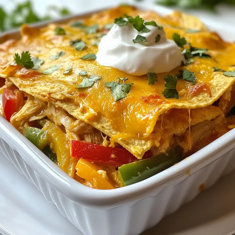 For this dish, you will need: - 2 cups cooked shredded chicken - 1 red bell pepper, sliced - 1 green bell pepper, sliced - 1 medium onion, sliced - 1 can black beans, drained and rinsed - 1 cup corn (fresh or frozen) - 1 cup salsa - 8 small tortillas, cut into strips - 2 cups shredded cheese (cheddar or Mexican blend) Each ingredient plays a role in making this casserole tasty and filling. The chicken adds protein, while the peppers and onion bring color and crunch. Black beans and corn add fiber and sweetness. You will also need some key spices: - 1 teaspoon chili powder - 1 teaspoon cumin - 1 teaspoon garlic powder - 1 teaspoon paprika These spices make the dish lively. Chili powder gives it warmth, cumin adds depth, garlic powder brings savory notes, and paprika adds a bit of smokiness. Together, they create a flavor explosion. To finish your casserole, consider these garnishes: - Fresh cilantro, chopped - Sour cream (for serving) Cilantro adds a fresh touch. Sour cream offers creaminess and balances the dish's spices. You can add these to your plate for extra flavor and visual appeal. {{ingredient_image_1}} Start by preheating your oven to 350°F (175°C). In a large bowl, mix the cooked shredded chicken with sliced red and green bell peppers, and sliced onion. Add a can of black beans that you have drained and rinsed. Toss in the corn, salsa, and spices: one teaspoon each of chili powder, cumin, garlic powder, and paprika. Make sure everything is well mixed and coated with the spices. Grab a 9x13 inch casserole dish. Lay half of the tortilla strips evenly on the bottom. Pour half of the chicken and vegetable mix over the tortillas. Spread it out so that it covers the strips well. Sprinkle half of the shredded cheese on top. Repeat with the rest of the tortilla strips, chicken mixture, and cheese. Make sure the final layer has a good amount of cheese for that bubbly finish. Cover the dish with aluminum foil. Bake it in the oven for 25 minutes. After that time, take off the foil and bake for another 10-15 minutes. You want the cheese to be bubbly and a little golden. Once it looks perfect, let it sit for 5-10 minutes before serving. This helps the layers set and makes it easier to cut. Garnish with fresh chopped cilantro and serve with sour cream for a tasty touch. To boost the flavor, consider adding lime juice. Lime adds a fresh zing. Fresh garlic can also enhance the taste. Instead of garlic powder, use minced garlic. For extra heat, add diced jalapeños. They bring a spicy kick to the dish. Layering is key for great texture. Make sure to not overcrowd the layers. This allows even cooking. To keep the tortillas soft, use fresh ones. If using old tortillas, lightly toast them. This can add a nice crunch to the casserole. Serve the casserole hot from the oven. Top it with fresh cilantro for color. A dollop of sour cream adds creaminess. You can also offer avocado slices on the side. For a fun twist, serve with tortilla chips. This adds a crunchy element to the meal. Pro Tips Use Rotisserie Chicken: For a quicker preparation, you can use store-bought rotisserie chicken instead of cooking your own. This saves time and adds great flavor! Mix and Match Vegetables: Feel free to add other vegetables like zucchini or mushrooms to the casserole for added nutrition and flavor variety. Adjust Spice Level: If you prefer a milder dish, reduce the chili powder and omit any additional spicy salsa. You can also add jalapeños for extra heat if desired. Make Ahead: This casserole can be prepared a day in advance. Just assemble it, cover it tightly with foil, and store it in the refrigerator until you're ready to bake. {{image_2}} To make a vegetarian version of the fajita chicken casserole, swap out the chicken. Use two cups of cooked quinoa or lentils instead. These ingredients add protein and fiber. You can also add more veggies like zucchini or mushrooms. This keeps the dish hearty and filling. Make sure to use vegetable broth if you want extra flavor. If you want to change the protein, there are great options. Try using shredded beef or pork for a different taste. You can also use tofu for a plant-based choice. Just make sure to press the tofu first to remove extra water. This helps it soak up the flavors better. Get creative with toppings to customize your casserole. Add sliced jalapeños for heat or diced tomatoes for freshness. You can also sprinkle some black olives or avocado on top. For a crunchy texture, add crushed tortilla chips before serving. This adds a fun twist to the meal. Don't forget to drizzle some lime juice over the top for a zesty finish! You can store leftover fajita chicken casserole in an airtight container. Make sure it cools first. Keep it in the fridge for up to three days. Label the container with the date. This helps you track freshness. To reheat, take a portion from the container. Use a microwave-safe dish. Heat it in the microwave for about 2-3 minutes. Stir halfway through to warm evenly. You can also reheat in the oven at 350°F (175°C) for about 15 minutes. Cover it with foil to keep it moist. If you want to freeze the casserole, let it cool completely first. Place it in a freezer-safe container. It can last for up to three months in the freezer. Label the container with the date. To reheat, thaw it overnight in the fridge. Then bake at 350°F (175°C) until hot throughout. Yes, you can use many types of tortillas. Corn, flour, or whole wheat work well. Each type adds its own flavor. Corn tortillas give a nice crunch. Flour tortillas are soft and chewy. Choose what you like best for your fajita chicken casserole. The spice level depends on your salsa and spices. If you use mild salsa, the dish will be less spicy. You can also adjust the chili powder to suit your taste. For more heat, add jalapeños or use spicy salsa. To make this casserole healthier, consider these tips: - Use whole wheat tortillas for more fiber. - Add more veggies, like spinach or zucchini. - Use low-fat cheese or reduce the cheese amount. - Swap black beans for lentils for a different protein. Yes, you can prep this casserole in advance. Layer it in the dish, then cover and refrigerate. Bake it when you're ready. It can stay in the fridge for up to 24 hours. Just add a few extra minutes to the baking time if it's cold. The Fajita Chicken Casserole is easy and fun to make. You learned about the key ingredients, spices, and ways to layer and bake your dish. I shared tips to boost flavor and get the best texture. You can even switch up ingredients for a vegetarian dish or new toppings. Storing leftovers and reheating is also simple. Now, you can enjoy this tasty meal any time! Try different versions to keep it exciting. Happy cooking!