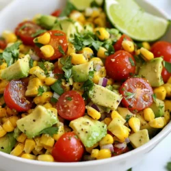 To make a fresh and vibrant Summer Corn Avocado Salad, you need simple, tasty ingredients. Here’s what you will need: - 2 cups fresh corn kernels (about 4 ears of corn) - 2 ripe avocados, diced - 1 cup cherry tomatoes, halved - 1 small red onion, finely chopped - 1/4 cup fresh cilantro, chopped - 1/4 cup lime juice (about 2 limes) - 2 tablespoons olive oil - 1 teaspoon honey (or agave syrup for a vegan option) - Salt and pepper to taste - Optional: 1 small jalapeño, finely chopped (for a spicy kick) Each ingredient plays a role in creating a dish full of flavor. Fresh corn gives a sweet crunch. Ripe avocados add creaminess. Cherry tomatoes bring bright color and juiciness. Red onion adds a nice bite, while cilantro gives a fresh herbal note. Lime juice and olive oil create a zesty dressing. Honey or agave syrup balances the flavors well. If you like heat, jalapeño adds a fun twist. I always recommend using ripe avocados. They should yield slightly when you press them. This salad is best made with fresh corn, but you can use frozen or canned if needed. Just rinse and drain them well. Enjoy combining these ingredients for a delightful summer dish! {{ingredient_image_1}} Blanching Fresh Corn To start, if you have fresh corn, cut the kernels off the cob. Place the kernels in a pot of boiling water for 2-3 minutes. This quick blanching helps to enhance the sweet flavor of the corn. After blanching, drain the corn and put it in a bowl of ice water. This step stops the cooking and keeps the corn crisp. Using Canned or Frozen Corn If you prefer a quicker method, you can use canned or frozen corn. Just rinse and drain the corn before adding it to your salad. This option saves time but still tastes great. Combining Ingredients in a Bowl In a large mixing bowl, add the blanched corn, diced avocados, halved cherry tomatoes, finely chopped red onion, and fresh cilantro. If you want some heat, chop up a small jalapeño and add it in. Gently mix all the ingredients together to keep the avocados intact. Adding Optional Jalapeño for Spice The jalapeño adds a nice kick to the salad. If you like it spicy, use it. If not, feel free to skip this step. The salad will still be fresh and tasty without it. Whisking Together Dressing Ingredients In a small bowl, whisk together lime juice, olive oil, honey, salt, and pepper. This dressing brightens the salad and ties all the flavors together. Adjusting Seasoning to Taste After mixing the salad, pour the dressing over the ingredients. Gently toss to coat everything. Taste the salad and adjust the seasoning as needed. If you want more tang, add more lime juice. Immediate Serving or Chilling You can serve the salad right away, or let it chill in the fridge for 15-30 minutes. Chilling allows the flavors to blend together better. Serve this salad in a colorful bowl for a beautiful presentation. Garnish with extra cilantro and lime wedges for a pop of color. Enjoy! - Techniques for Dicing To cut an avocado, first slice it in half. Twist the two halves to separate them. Remove the pit with a spoon or knife. Use a knife to score the flesh in a grid pattern. Scoop out the diced pieces with a spoon. This makes for easy and even pieces. - Preventing Browning Avocados brown quickly when exposed to air. To slow this down, add lime juice right after cutting. The acidity in lime juice helps keep the green color. If you have leftover avocado, store it with the pit in an airtight container. You can also use plastic wrap pressed directly against the flesh. - Adjusting Lime Juice and Seasoning The key to a great salad is balance. Start with the lime juice in the dressing. Taste it and add more if needed. If you want it tangier, a bit more lime juice works wonders. Salt and pepper also help bring out all the flavors. Adjust these to your liking. - Incorporating Additional Vegetables To make your salad even better, add more veggies. Bell peppers, cucumbers, or radishes can add crunch and color. Just chop them small, so they mix well with the other ingredients. This adds flavor and makes the salad more vibrant. - Garnishing Options When serving, a little garnish goes a long way. Fresh cilantro on top adds a pop of color. You can also add lime wedges on the side. This looks great and lets people add more lime juice if they want. - Serving in Colorful Bowls Presentation matters! Use a bright or colorful bowl to serve your salad. It makes the dish look more appealing and fun. A large bowl lets everyone dig in easily. Plus, it showcases all the beautiful colors of the salad. Pro Tips Freshness is Key: Use the freshest corn you can find for the best flavor. If possible, pick it the same day you plan to make the salad. Perfect Avocado: Choose avocados that are ripe but still firm to prevent them from mashing when mixed into the salad. Cooling Time: Letting the salad chill for 15-30 minutes enhances the flavors, allowing them to meld together beautifully. Adjust Spice Level: If you prefer less heat, omit the jalapeño. For more spice, consider adding a pinch of cayenne pepper or using a spicier pepper variety. {{image_2}} You can make this salad vegan by using agave syrup instead of honey. This small change keeps the sweetness without any animal products. For gluten-free eaters, this salad is naturally gluten-free. Just make sure all your ingredients, like the dressing, are safe. If you want to change things up, try using different vegetables. Bell peppers or cucumbers add a nice crunch. You can also swap the lime dressing for a balsamic vinaigrette for a new flavor twist. This keeps your salad fresh and exciting. To make your salad heartier, add protein. Black beans or chickpeas work well and add fiber. If you prefer meat, grilled chicken or shrimp are great options. They bring a savory taste that complements the fresh veggies. To keep your salad fresh, place it in an airtight container. This will help prevent air from getting in. Store it in the fridge right after you finish eating. If you want to keep it longer, use a glass container. Glass helps to keep flavors intact and avoids stains. Use fresh ingredients when you make your salad. This makes leftovers taste great. If you notice browning on the avocados, gently squeeze lime juice on them. This slows down the browning process. Always check for freshness before eating leftovers. If it smells off, it's best to toss it out. You don’t need to reheat this salad. It's best enjoyed cold. If you want to warm it, you can take out the corn and heat it on the stove for a short time. Just don’t cook the avocados. They should stay fresh and cool for the best taste. When stored properly, the salad lasts about 2-3 days in the fridge. After that, the avocados may brown and the tomatoes can become mushy. Always check for freshness before eating. Enjoy your salad while it’s still at its best! To cut corn off the cob, start by placing the cob upright in a bowl. Hold the top of the cob and slice down with a sharp knife. This method keeps the kernels from spilling everywhere. You can also use a cutting board to stabilize the cob. Yes, you can make this salad ahead of time. Prepare the corn and chop the vegetables, but add the avocados just before serving. If you mix everything too soon, the avocados may brown. You can store the salad in the fridge for up to a few hours for best taste. To add spice, include more jalapeño. You can chop in a bit more. If you like heat, add sliced fresh chili or a pinch of cayenne pepper. These options will give your salad a nice kick. Yes, this salad works well for meal prep. Store it in an airtight container. Keep the dressing separate until ready to eat. The salad will stay fresh for about two days in the fridge. In this blog post, we explored how to make a vibrant corn salad using fresh ingredients. We covered everything from preparing the corn to serving tips. Don’t forget to experiment with flavors and presentation to suit your taste. You can also modify the recipe for dietary needs or add protein for a complete meal. Enjoy creating your salad, and let the fresh ingredients shine. Happy cooking!