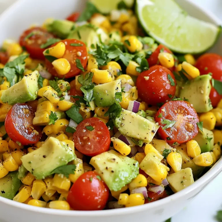 To make a fresh and vibrant Summer Corn Avocado Salad, you need simple, tasty ingredients. Here’s what you will need: - 2 cups fresh corn kernels (about 4 ears of corn) - 2 ripe avocados, diced - 1 cup cherry tomatoes, halved - 1 small red onion, finely chopped - 1/4 cup fresh cilantro, chopped - 1/4 cup lime juice (about 2 limes) - 2 tablespoons olive oil - 1 teaspoon honey (or agave syrup for a vegan option) - Salt and pepper to taste - Optional: 1 small jalapeño, finely chopped (for a spicy kick) Each ingredient plays a role in creating a dish full of flavor. Fresh corn gives a sweet crunch. Ripe avocados add creaminess. Cherry tomatoes bring bright color and juiciness. Red onion adds a nice bite, while cilantro gives a fresh herbal note. Lime juice and olive oil create a zesty dressing. Honey or agave syrup balances the flavors well. If you like heat, jalapeño adds a fun twist. I always recommend using ripe avocados. They should yield slightly when you press them. This salad is best made with fresh corn, but you can use frozen or canned if needed. Just rinse and drain them well. Enjoy combining these ingredients for a delightful summer dish! {{ingredient_image_1}} Blanching Fresh Corn To start, if you have fresh corn, cut the kernels off the cob. Place the kernels in a pot of boiling water for 2-3 minutes. This quick blanching helps to enhance the sweet flavor of the corn. After blanching, drain the corn and put it in a bowl of ice water. This step stops the cooking and keeps the corn crisp. Using Canned or Frozen Corn If you prefer a quicker method, you can use canned or frozen corn. Just rinse and drain the corn before adding it to your salad. This option saves time but still tastes great. Combining Ingredients in a Bowl In a large mixing bowl, add the blanched corn, diced avocados, halved cherry tomatoes, finely chopped red onion, and fresh cilantro. If you want some heat, chop up a small jalapeño and add it in. Gently mix all the ingredients together to keep the avocados intact. Adding Optional Jalapeño for Spice The jalapeño adds a nice kick to the salad. If you like it spicy, use it. If not, feel free to skip this step. The salad will still be fresh and tasty without it. Whisking Together Dressing Ingredients In a small bowl, whisk together lime juice, olive oil, honey, salt, and pepper. This dressing brightens the salad and ties all the flavors together. Adjusting Seasoning to Taste After mixing the salad, pour the dressing over the ingredients. Gently toss to coat everything. Taste the salad and adjust the seasoning as needed. If you want more tang, add more lime juice. Immediate Serving or Chilling You can serve the salad right away, or let it chill in the fridge for 15-30 minutes. Chilling allows the flavors to blend together better. Serve this salad in a colorful bowl for a beautiful presentation. Garnish with extra cilantro and lime wedges for a pop of color. Enjoy! - Techniques for Dicing To cut an avocado, first slice it in half. Twist the two halves to separate them. Remove the pit with a spoon or knife. Use a knife to score the flesh in a grid pattern. Scoop out the diced pieces with a spoon. This makes for easy and even pieces. - Preventing Browning Avocados brown quickly when exposed to air. To slow this down, add lime juice right after cutting. The acidity in lime juice helps keep the green color. If you have leftover avocado, store it with the pit in an airtight container. You can also use plastic wrap pressed directly against the flesh. - Adjusting Lime Juice and Seasoning The key to a great salad is balance. Start with the lime juice in the dressing. Taste it and add more if needed. If you want it tangier, a bit more lime juice works wonders. Salt and pepper also help bring out all the flavors. Adjust these to your liking. - Incorporating Additional Vegetables To make your salad even better, add more veggies. Bell peppers, cucumbers, or radishes can add crunch and color. Just chop them small, so they mix well with the other ingredients. This adds flavor and makes the salad more vibrant. - Garnishing Options When serving, a little garnish goes a long way. Fresh cilantro on top adds a pop of color. You can also add lime wedges on the side. This looks great and lets people add more lime juice if they want. - Serving in Colorful Bowls Presentation matters! Use a bright or colorful bowl to serve your salad. It makes the dish look more appealing and fun. A large bowl lets everyone dig in easily. Plus, it showcases all the beautiful colors of the salad. Pro Tips Freshness is Key: Use the freshest corn you can find for the best flavor. If possible, pick it the same day you plan to make the salad. Perfect Avocado: Choose avocados that are ripe but still firm to prevent them from mashing when mixed into the salad. Cooling Time: Letting the salad chill for 15-30 minutes enhances the flavors, allowing them to meld together beautifully. Adjust Spice Level: If you prefer less heat, omit the jalapeño. For more spice, consider adding a pinch of cayenne pepper or using a spicier pepper variety. {{image_2}} You can make this salad vegan by using agave syrup instead of honey. This small change keeps the sweetness without any animal products. For gluten-free eaters, this salad is naturally gluten-free. Just make sure all your ingredients, like the dressing, are safe. If you want to change things up, try using different vegetables. Bell peppers or cucumbers add a nice crunch. You can also swap the lime dressing for a balsamic vinaigrette for a new flavor twist. This keeps your salad fresh and exciting. To make your salad heartier, add protein. Black beans or chickpeas work well and add fiber. If you prefer meat, grilled chicken or shrimp are great options. They bring a savory taste that complements the fresh veggies. To keep your salad fresh, place it in an airtight container. This will help prevent air from getting in. Store it in the fridge right after you finish eating. If you want to keep it longer, use a glass container. Glass helps to keep flavors intact and avoids stains. Use fresh ingredients when you make your salad. This makes leftovers taste great. If you notice browning on the avocados, gently squeeze lime juice on them. This slows down the browning process. Always check for freshness before eating leftovers. If it smells off, it's best to toss it out. You don’t need to reheat this salad. It's best enjoyed cold. If you want to warm it, you can take out the corn and heat it on the stove for a short time. Just don’t cook the avocados. They should stay fresh and cool for the best taste. When stored properly, the salad lasts about 2-3 days in the fridge. After that, the avocados may brown and the tomatoes can become mushy. Always check for freshness before eating. Enjoy your salad while it’s still at its best! To cut corn off the cob, start by placing the cob upright in a bowl. Hold the top of the cob and slice down with a sharp knife. This method keeps the kernels from spilling everywhere. You can also use a cutting board to stabilize the cob. Yes, you can make this salad ahead of time. Prepare the corn and chop the vegetables, but add the avocados just before serving. If you mix everything too soon, the avocados may brown. You can store the salad in the fridge for up to a few hours for best taste. To add spice, include more jalapeño. You can chop in a bit more. If you like heat, add sliced fresh chili or a pinch of cayenne pepper. These options will give your salad a nice kick. Yes, this salad works well for meal prep. Store it in an airtight container. Keep the dressing separate until ready to eat. The salad will stay fresh for about two days in the fridge. In this blog post, we explored how to make a vibrant corn salad using fresh ingredients. We covered everything from preparing the corn to serving tips. Don’t forget to experiment with flavors and presentation to suit your taste. You can also modify the recipe for dietary needs or add protein for a complete meal. Enjoy creating your salad, and let the fresh ingredients shine. Happy cooking!