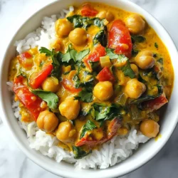 - 2 cans (15 oz each) chickpeas, rinsed and drained - 1 can (14 oz) coconut milk - 1 can (14 oz) diced tomatoes - 1 medium onion, chopped - 4 cloves garlic, minced - 1 tablespoon ginger, grated - 2 tablespoons curry powder - 1 teaspoon ground cumin - 1 teaspoon turmeric - 1 teaspoon garam masala - 1 red bell pepper, chopped - 1 cup vegetable broth - 1 cup spinach (fresh or frozen) - Salt and pepper to taste - Fresh cilantro for garnish I choose chickpeas for their creamy texture and protein boost. They make this dish hearty. Coconut milk adds a rich, sweet flavor. It balances the spices and gives creaminess. Diced tomatoes add tang and moisture. They help create a lovely sauce. Fresh onion and garlic bring depth to the curry. They add flavor and aroma while cooking. For spices, I use curry powder, ground cumin, turmeric, and garam masala. Each spice brings unique taste. Curry powder is warm and fragrant. Cumin adds earthiness. Turmeric gives a golden color and health benefits. Garam masala adds warmth and sweetness. Red bell pepper adds crunch and sweetness. Spinach adds color and nutrients. Finally, fresh cilantro brightens up the dish as a garnish. Chickpeas are a great source of protein and fiber. They keep you full and satisfied. They also help with digestion. The veggies in this curry add vitamins and minerals. Onion and garlic support heart health. Bell pepper is high in vitamin C. Spinach is rich in iron, calcium, and vitamins A and K. This dish is not only tasty but also packed with nutrients. Enjoying it keeps your body happy and healthy. {{ingredient_image_1}} First, gather all your ingredients. You will need chickpeas, coconut milk, diced tomatoes, onion, garlic, ginger, and spices. Rinse and drain the chickpeas well. Chop the onion and bell pepper. Mince the garlic and grate the ginger. This prep makes cooking easy and fun. Next, set your crockpot on the counter. Add the chopped onion, minced garlic, and grated ginger. This base adds great flavor to the curry. You can cook this curry on low or high. If you choose low, let it cook for 6-8 hours. This allows the flavors to blend well. Cooking on high takes 3-4 hours. It still tastes amazing but may not be as rich. Whichever setting you choose, stir all ingredients well. This ensures the spices mix into the dish. In the last 30 minutes, add the spinach. You can use fresh or frozen spinach. Stir it in and let it wilt into the curry. This adds color and nutrients. After cooking, taste your curry. Adjust salt and pepper if needed. Serve it hot over basmati rice or quinoa. Garnish with fresh cilantro and a lime wedge. Enjoy your easy vegetarian crockpot chickpea curry delight! To boost the flavor of your chickpea curry, use fresh spices. Fresh spices give a strong taste. Toasting them in a pan will make them even better. You can add a squeeze of lime before serving. This adds a bright note that wakes up the dish. Fresh cilantro on top adds a nice finish too. To change the spice level, taste as you go. If you want more heat, add red pepper flakes. Start with a small amount and mix well. If it’s too spicy, add more coconut milk. This will cool it down and add creaminess. Remember, you can always add more spice, but you can’t take it away. A few common mistakes can ruin your curry. First, don’t skip the garlic and ginger. They add a lot of flavor. Second, avoid overcooking the spinach. Add it in the last 30 minutes. If you cook it too long, it loses color and taste. Lastly, remember to taste and adjust seasoning. This makes a big difference in your final dish. Pro Tips Enhance the Flavor: Consider adding a tablespoon of lemon juice or tamarind paste for a tangy kick that brightens the dish. Make it Creamier: For a richer texture, blend half of the chickpeas with the coconut milk before adding them to the crockpot. Spice Level Adjustment: If you prefer a spicier curry, add a chopped jalapeño or a pinch of red pepper flakes when combining the spices. Storage Tips: This curry stores well in the refrigerator for up to 4 days and can be frozen for up to 3 months. Just reheat thoroughly before serving. {{image_2}} You can easily swap some key ingredients in this recipe. If you don't have coconut milk, try using almond or cashew milk. For canned tomatoes, you can use fresh tomatoes. Just chop and add them in. If you need a low-sodium option, use low-sodium vegetable broth. Don't have spinach? Kale or Swiss chard works well too. Want to boost the protein? Add some cooked lentils or tofu. You can also mix in some diced tempeh. If you eat eggs, try adding soft-boiled eggs on top before serving. These options make the dish heartier and more filling. Spices make this dish special. You can change up the flavors by using different spice blends. Try adding curry leaves for a fresh taste. You can also use a bit of chili powder for heat. If you like a smoky flavor, add smoked paprika. Each blend brings a unique touch to your curry. After enjoying your chickpea curry, let it cool to room temperature. Store it in an airtight container. If you have a lot left, divide it into smaller portions. This makes it easier to heat up later. Keep the curry in the fridge for up to four days. Make sure to label the container with the date. For reheating, use a microwave or stovetop. If using a microwave, heat it in short bursts. Stir between each burst to ensure even heating. If using a stovetop, pour the curry into a pot. Heat it on low and stir often. Add a splash of water or broth if it seems too thick. If you want to save more for later, freezing is a great option. Place the cooled curry in a freezer-safe container. Leave some space at the top for expansion. You can freeze it for up to three months. When you're ready to eat it, thaw it in the fridge overnight. Then, reheat it as mentioned above. Enjoy your delicious curry anytime! Yes, you can use dried chickpeas. First, soak them overnight in water. Then, cook them until soft before adding them to the crockpot. This step helps them cook evenly and absorb flavors. To add heat, try adding chopped fresh chili peppers or red pepper flakes. You can also increase the amount of curry powder for a bolder flavor. Just remember, start small and taste as you go. This chickpea curry pairs well with basmati rice or quinoa. You can also serve it with warm naan bread. A side salad with fresh veggies is a great way to add crunch. This recipe is already vegan! It uses coconut milk instead of dairy. All the ingredients are plant-based and delicious. Enjoy it with confidence if you follow a vegan diet. The chickpea curry lasts about 4 to 5 days in the fridge. Store it in an airtight container to keep it fresh. Reheat it on the stove or in the microwave for quick meals. We explored the ingredients needed for a tasty chickpea curry, from nutrient-packed veggies to key spices. I shared step-by-step cooking tips, including how to adjust flavors and spice levels. You can add your own twist with protein options and spice blends. Don't forget the best ways to store leftovers! Cooking is fun and rewarding. With this guide, you'll make delicious meals that everyone can enjoy. Dive in and start your chickpea curry journey today!