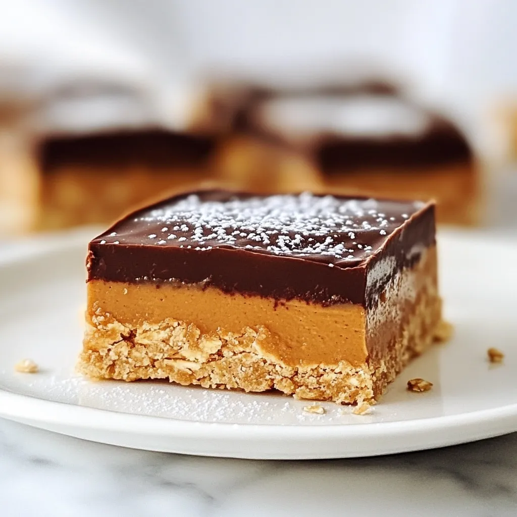 To make no bake peanut butter bars, you need simple and tasty ingredients. Here’s what you'll use: - 1 cup creamy peanut butter - 1/2 cup honey or maple syrup - 2 cups rolled oats - 1/2 cup dark chocolate chips - 1/4 cup powdered sugar (optional) - 1/2 teaspoon vanilla extract - 1/4 teaspoon salt Each ingredient plays a key role. The creamy peanut butter gives a rich, nutty flavor. Honey or maple syrup adds natural sweetness. Rolled oats provide texture and help bind the bars. Dark chocolate chips bring a delightful chocolatey taste. If you want extra sweetness, powdered sugar is a great option. Vanilla extract enhances the flavor, and salt balances the sweetness. These ingredients come together to create a treat that is both satisfying and fun to make. You can find them all at your local grocery store. Mixing them takes just a few minutes. With these ingredients, you’ll be on your way to making a delicious snack that everyone will enjoy. {{ingredient_image_1}} Making no bake peanut butter bars is simple and quick. You only need about 15 minutes. Gather all your ingredients first. This helps keep things organized. You’ll need creamy peanut butter, honey or maple syrup, rolled oats, dark chocolate chips, powdered sugar, vanilla extract, and salt. Start by mixing the peanut butter and honey in a bowl. Stir until the mix is smooth. Next, add the vanilla extract and salt. Stir again until everything blends well. Gradually add the rolled oats. Mix until the oats are fully covered. If you want it sweeter, add powdered sugar. This step makes the bars a little more tasty. Now it’s time to melt the dark chocolate chips. Use a microwave-safe bowl for this. Heat the chips in 30-second bursts. Make sure to stir in between. Keep melting until the chocolate is smooth. Once melted, pour the chocolate over the oat mixture in the pan. Spread it evenly with a spatula. This gives the bars a nice chocolate layer on top. Refrigerate the bars for at least one hour. This helps them set and makes cutting easier. Enjoy your tasty treat! To make the best no bake peanut butter bars, focus on balance. The creamy peanut butter gives a smooth texture. The honey or maple syrup adds sweetness and helps bind the mix. If you want a richer taste, try using dark chocolate chips. They melt well and enhance the flavor. You can also add a bit more salt to boost the taste. This small amount can change everything. Using the right tools makes the process easy. Here’s what I recommend: - Mixing bowl - Parchment paper - 8-inch square pan - Spatula for spreading - Microwave-safe bowl for melting chocolate These tools will help you create a perfect bar. The parchment paper makes removing the bars simple. Watch out for a few common slip-ups. First, don’t skip the mixing step. Ensure the peanut butter and honey blend smoothly. If the oats do not mix well, the bars will crumble. Second, press the mixture firmly into the pan. This step is key for a solid bar. Lastly, let the bars chill long enough in the fridge. If they aren't cold enough, they won’t hold together well when you cut them. Pro Tips Chill the Ingredients: For a firmer texture, ensure your peanut butter and honey are chilled before mixing. Customize Your Sweetness: Adjust the powdered sugar according to your taste preference; you can skip it for a healthier option. Even Chocolate Layer: To achieve a smooth chocolate layer, melt chocolate slowly and stir frequently to avoid burning. Storage Tips: Store the bars in an airtight container in the fridge for up to a week to maintain freshness. {{image_2}} You can make these no bake peanut butter bars even better by adding extras. Try these fun add-ins: - Chopped nuts: Walnuts or almonds add a nice crunch. - Dried fruit: Raisins or cranberries bring sweetness and chewiness. - Coconut flakes: Unsweetened coconut gives a tropical twist. - Protein powder: Boost nutrition with your favorite protein blend. Mix in any of these for a new flavor each time you make them. If you want to change the sweetness, there are great options. You can use: - Agave nectar: This has a mild taste and works well. - Maple syrup: It adds a rich flavor, just like honey. - Stevia: A low-calorie sweetener that packs a punch. Adjust the amount based on how sweet you want your bars. You can easily make these bars fit your diet. For a vegan version, use maple syrup instead of honey. Check your peanut butter to ensure it’s vegan-friendly. For gluten-free bars, make sure to use certified gluten-free oats. These swaps make the bars fit for anyone! To keep your no bake peanut butter bars fresh, store them in an airtight container. Place a piece of parchment paper between layers if you stack them. This keeps the bars from sticking together. Always store them in the fridge. It helps maintain their texture and flavor. These bars last for about one week in the fridge. After one week, they may lose some flavor and freshness. If you want to enjoy them longer, consider freezing them. They stay tasty for up to three months when frozen. To freeze your bars, first cut them into pieces. Wrap each piece tightly in plastic wrap. Then, place them in a freezer-safe bag. Make sure to label the bag with the date. When you want a bar, take it out and let it thaw in the fridge. It will taste just as good as fresh! Yes, you can. Crunchy peanut butter gives these bars more texture. You will enjoy the added crunch in every bite. Just make sure the crunchy peanut butter is smooth enough to mix well. To make these bars vegan, use maple syrup instead of honey. Also, choose dairy-free chocolate chips for the topping. This way, you keep the bars tasty and plant-based. You can add many toppings to these bars. Try chopped nuts, shredded coconut, or dried fruit. Drizzle some melted chocolate on top for extra flair. Each topping adds a new flavor and texture. Yes, you can use quick oats instead of rolled oats. Quick oats will make the bars softer. They still taste great and hold together well. Just be aware that the texture may change slightly. In this post, we explored how to make delicious peanut butter bars using simple ingredients. We covered the steps for mixing the base and melting the chocolate. You learned tips for perfect texture and flavor, plus common mistakes to avoid. Variations and storage methods help customize your bars. These treats are easy and fun to make. You can enjoy them your way, whether you follow the recipe or add your own twist. Get in the kitchen and create your tasty bars!