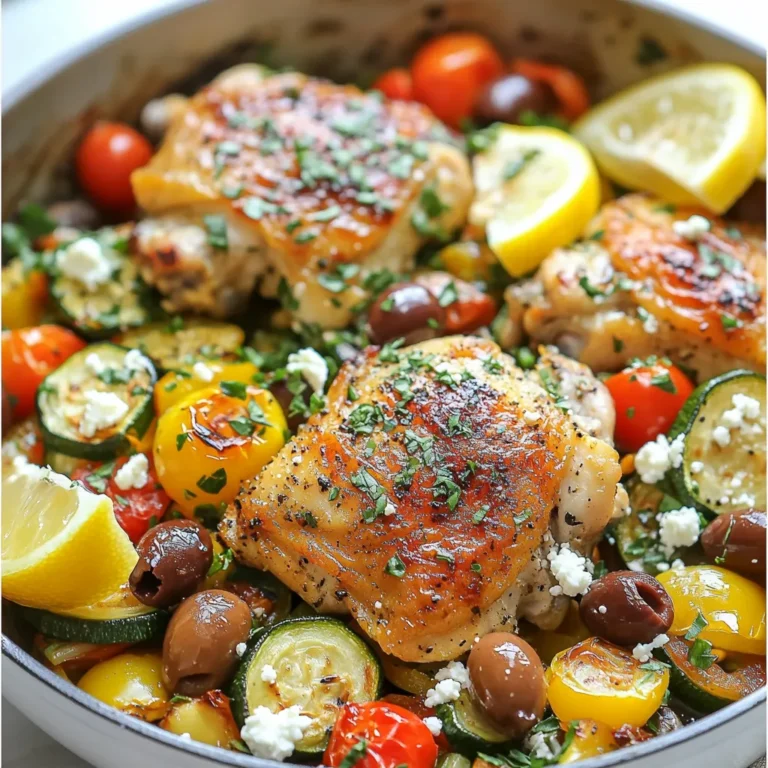 To make a tasty Mediterranean chicken skillet, gather these key ingredients: - 4 boneless, skinless chicken thighs - 2 tablespoons olive oil - 1 teaspoon paprika - 1 teaspoon dried oregano - 1 teaspoon garlic powder - Salt and pepper to taste - 1 bell pepper (red or yellow), sliced - 1 medium zucchini, sliced - 1 cup cherry tomatoes, halved - ½ cup pitted Kalamata olives, halved - ¼ cup feta cheese, crumbled - Fresh parsley, chopped (for garnish) - Lemon wedges, for serving These ingredients work together to create a bright and savory dish. The chicken thighs are juicy and flavorful. The olives and feta add a salty bite, while the vegetables bring freshness. You can add a few optional ingredients to boost the flavor even more: - Red pepper flakes for some heat - Fresh basil or dill for extra herbs - Capers for a briny touch These extras can enhance your dish. Use them based on your taste. Using fresh ingredients makes a big difference. Here are some tips: - Choose vibrant vegetables with no blemishes. - Look for chicken thighs that are pink and firm. - Select feta cheese that is crumbly and smells fresh. Fresh ingredients give your dish a bright taste. They also make your meal look more appealing. Always aim for quality when shopping. {{ingredient_image_1}} First, take the chicken thighs and season them well. Use paprika, oregano, garlic powder, salt, and pepper. Rub the spices into the meat. This adds great flavor. Let the chicken sit for a few minutes while you heat the skillet. In a large skillet, add two tablespoons of olive oil. Heat it over medium-high heat until it shimmers. Once hot, add the seasoned chicken thighs. Sear them for about 5-6 minutes on each side. Look for a nice golden brown color. Once cooked, remove the chicken and set it aside on a plate. Now, in the same skillet, add sliced bell pepper, zucchini, and halved cherry tomatoes. Sauté the vegetables for about 4-5 minutes. You want them to soften but not get mushy. Stir often to ensure even cooking. Return the chicken to the skillet. Nestle it among the colorful veggies. Add the Kalamata olives and mix everything gently. Cook for another two minutes to heat it all through. The aromas will be amazing! Next, remove the skillet from heat and sprinkle crumbled feta cheese on top. This adds creaminess and a salty kick. Garnish with fresh parsley. You can also serve lemon wedges on the side. A squeeze of lemon brightens the dish. - Serving Suggestions: Serve the chicken skillet right from the pan for a rustic look. Or, transfer everything to a large platter. Add extra parsley and lemon wedges for a fresh touch. Enjoy your delicious Mediterranean Chicken Skillet! To make the best Mediterranean chicken skillet, start with fresh chicken thighs. They stay juicy and tender. Next, season the chicken well. Use paprika, oregano, garlic powder, salt, and pepper. This mix adds a great flavor. Sear the chicken in hot olive oil. A good sear gives it a nice crust. Cook the chicken for about 5-6 minutes on each side. This ensures it's fully cooked and golden brown. One common mistake is overcrowding the skillet. If the pan is too full, the chicken won't brown well. Cook in batches if needed. Another mistake is not letting the chicken rest. After cooking, let it sit for a few minutes. This keeps the juices inside. Finally, don’t skip the feta cheese. It adds a creamy, salty finish that ties all the flavors together. To boost the flavor, add fresh herbs. Fresh parsley or basil can brighten the dish. You can also use lemon juice. Squeeze some over the dish before serving. For a spicy kick, add red pepper flakes. If you like more depth, try adding capers or artichokes. These ingredients bring a unique taste and pair well with olives and tomatoes. Pro Tips Use Fresh Herbs: Fresh parsley adds a vibrant flavor, but you can experiment with other herbs like basil or mint for a unique twist. Perfectly Cooked Chicken: Ensure your chicken thighs reach an internal temperature of 165°F (75°C) for safe consumption without drying out. Customize Your Veggies: Feel free to swap in seasonal vegetables like eggplant or asparagus, making this dish versatile throughout the year. Leftover Magic: This skillet dish keeps well in the fridge and can be reused in wraps or salads for a quick lunch the next day. {{image_2}} You can easily swap chicken for other proteins. Try using shrimp for a quick cook. Salmon works well, too, adding a rich flavor. For a leaner option, turkey thighs can be a great choice. Each protein brings its own taste and texture to the dish. To make a vegetarian skillet, skip the chicken and use chickpeas. You can sauté them with the same spices. Tofu is another option; it soaks up flavors nicely. Add more veggies like spinach or artichokes for color and texture. You still get a hearty, filling meal without meat. Herbs and spices can change the dish entirely. Add fresh basil or dill for a fragrant twist. Try a pinch of cumin or coriander for warmth. If you like heat, toss in some red pepper flakes. These small changes can make your skillet exciting and fresh every time. To keep your Mediterranean chicken skillet fresh, let it cool first. Once cool, place the leftovers in an airtight container. Make sure to separate the chicken and veggies if you can. This helps keep the flavors and textures intact. Label the container with the date. This way, you know when you made it. When stored properly, your Mediterranean chicken skillet is good for up to four days in the fridge. If you want to enjoy it later, consider freezing it. In the freezer, it can last for about three months. Just remember to use a freezer-safe container. To reheat, you can use the microwave or stove. If using the microwave, heat in short bursts. Stir between each burst to ensure even heating. If using the stove, add a splash of water to the skillet. Heat on low until warmed through. This helps keep the chicken moist. Enjoy your tasty meal again! You can serve this dish with many sides. Here are some great options: - Rice or quinoa for a filling base. - A mixed green salad for freshness. - Pita bread to soak up the juices. - Roasted potatoes for a hearty side. These choices balance the meal and add variety. Yes, you can make this dish ahead of time. Cook the chicken and veggies, then let them cool. Store them in an airtight container in the fridge. You can reheat it later. The flavors will blend well, making it even tastier. You can use whole chicken breasts. They will work fine in this recipe. However, breasts may take a bit longer to cook. Ensure they are cooked through, reaching an internal temperature of 165 degrees Fahrenheit. Thighs are juicier and add more flavor. Yes, this recipe is naturally gluten-free. All the ingredients, from chicken to olives, do not contain gluten. It is a great option for those with gluten sensitivities. Always check labels if you use packaged items. The Mediterranean Chicken Skillet offers a blend of fresh flavors and easy steps. With key ingredients like chicken thighs and colorful veggies, you create a tasty meal. Optional extras can boost flavor, while tips on freshness ensure the best taste. Remember to avoid common mistakes for perfect results. You can vary proteins or create a vegetarian version. Store leftovers correctly to enjoy later. This dish suits many sides and can be made in advance. Enjoy the process and the delicious outcome!