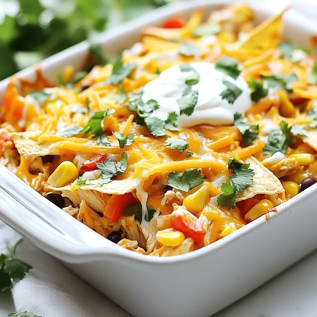 To make your Fajita Chicken Casserole, gather these simple ingredients: - 2 cups cooked chicken, shredded - 1 bell pepper (red or green), sliced - 1 small onion, sliced - 1 cup corn kernels (fresh, frozen, or canned) - 1 can (15 oz) black beans, drained and rinsed - 1 cup salsa - 1 teaspoon chili powder - 1 teaspoon cumin - 1 cup shredded cheddar cheese - 1 cup sour cream - 8 small flour tortillas, cut into strips - Salt and pepper to taste - Fresh cilantro, for garnish (optional) When choosing ingredients, focus on freshness for the best taste. Here are some tips: - Chicken: Use rotisserie chicken for quick prep. Otherwise, cook and shred your own. - Bell Peppers: Look for firm peppers with bright colors. Avoid soft or wrinkled ones. - Onions: Choose onions that feel heavy for their size. They should be dry and firm. - Corn: Fresh corn tastes sweet, but frozen or canned works well too. Check for no added sugar. - Black Beans: Rinse canned beans to remove excess sodium. This makes them healthier. Enhance your casserole with these optional ingredients: - Spices: Add cayenne pepper for heat or garlic powder for flavor. - Vegetables: Try zucchini or mushrooms for more texture. - Cheese: Swap cheddar for Monterey Jack or pepper jack for a twist. - Sour Cream: Use Greek yogurt for a tangy touch while keeping it creamy. These tips and options help you create a Fajita Chicken Casserole that shines with flavor and freshness. Enjoy crafting your dish! {{ingredient_image_1}} First, preheat your oven to 350°F (175°C). This step is key for even cooking. While the oven heats, gather all your ingredients. You’ll need cooked chicken, bell pepper, onion, corn, black beans, salsa, spices, cheese, sour cream, and tortillas. Make sure everything is ready for a smooth cooking process. In a large bowl, mix the shredded chicken, bell pepper, onion, corn, and black beans. Pour in the salsa, chili powder, cumin, and half of the cheese. Add salt and pepper, then stir well. Next, grease a 9x13 inch baking dish. Spread half of the tortilla strips evenly on the bottom. Layer half of the chicken mix over the tortillas. Add another layer of tortilla strips, followed by the rest of the chicken mix. Top it all with the remaining tortilla strips. Finally, spread the sour cream on top. Finish by sprinkling the rest of the cheese over the sour cream. Cover the baking dish with aluminum foil. Bake in the preheated oven for 25 minutes. After that, remove the foil. Bake for another 15 minutes until the cheese is bubbly and golden brown. Once done, take it out of the oven. Let it cool for a few minutes. If you like, garnish with fresh cilantro before serving. Enjoy your delicious fajita chicken casserole! To shred chicken well, use two forks. Hold one fork in each hand. Grab a piece of chicken with one fork. Pull it apart with the other fork. Shred it into small bits. You can also use your hands if the chicken is cool enough. For a faster method, use a stand mixer. Place the chicken in the bowl and mix on low speed. In seconds, you'll have perfectly shredded chicken! Seasoning is key to great taste. Start with chili powder and cumin. These spices add warmth and depth. Mix them in with your chicken and veggies. Don't forget salt and pepper! Taste as you go, adjusting for your preference. You can even add lime juice for a zesty kick. Fresh herbs like cilantro can brighten the dish too. Seasoning well makes a big difference! To get that golden top, cover the dish with foil for the first part of baking. This traps moisture and helps everything cook evenly. After 25 minutes, remove the foil. This lets the cheese bubble and brown. Keep an eye on it to avoid burning. If you want extra crispiness, broil for a minute at the end. Just watch it closely! A golden top looks great and tastes even better. Pro Tips Use Rotisserie Chicken: For a quicker prep time, use store-bought rotisserie chicken instead of cooking your own. It adds great flavor and saves time! Customize Your Veggies: Feel free to add other vegetables like zucchini or mushrooms to enhance the flavor and nutrition of your casserole. Layering is Key: Proper layering helps distribute flavors evenly. Make sure to alternate between tortillas and the chicken mixture for the best results. Let it Rest: Allow the casserole to cool for a few minutes before serving. This helps it set and makes it easier to cut into portions. {{image_2}} You can easily make a vegetarian version of this casserole. Swap out the chicken for 2 cups of black beans or chickpeas. Add more vegetables like zucchini, mushrooms, or spinach for extra flavor. Use the same spices and salsa to keep that zesty taste. This way, everyone can enjoy it! Cheese can change the flavor of your casserole. Try mixing cheddar with Monterey Jack for a creamy twist. You can also use pepper jack if you like a little heat. For a dairy-free option, use vegan cheese. No matter what you pick, cheese always adds a nice touch. Adjusting the spice level is easy. For a spicy version, add diced jalapeños or use hot salsa. You can also sprinkle some cayenne pepper in the mix. If you prefer mild, stick to regular salsa and skip the hot peppers. This way, you can make everyone happy with their own taste. To store your Fajita Chicken Casserole, let it cool first. Use an airtight container. This keeps it fresh. You can keep it in the fridge for up to three days. Make sure to cover it tightly. If you have a lot left, divide it into smaller portions. This helps with reheating later. When reheating, use the oven for the best texture. Preheat your oven to 350°F (175°C). Place the casserole in a baking dish. Cover it with foil to keep it moist. Heat for about 20 minutes. If you prefer the microwave, use a microwave-safe dish. Heat in short bursts, stirring in between. This keeps it from getting dry. You can freeze Fajita Chicken Casserole as well. First, let it cool completely. Cut it into portions if needed. Wrap each portion tightly in plastic wrap. Then, place them in a freezer-safe bag. This helps prevent freezer burn. You can freeze it for up to three months. When ready to eat, thaw it in the fridge overnight. Then reheat as mentioned above. No, you should not use raw chicken. Using cooked chicken saves time. It also ensures the chicken is safe to eat. Plus, it mixes better with the other flavors. For best results, shred leftover chicken or rotisserie chicken. This makes the dish quick and easy. The casserole needs to bake for 40 minutes total. First, cover it with foil and bake for 25 minutes. Then, remove the foil and bake for 15 more minutes. This helps the cheese melt and turn golden. Keep an eye on it towards the end to avoid burning. Yes, you can make this dish in advance. Prepare the casserole, then cover it and store it in the fridge overnight. When you're ready to bake, let it sit at room temp for 15 minutes. Then, bake as usual. This lets the flavors blend well and makes it taste even better. In this post, I covered the key ingredients and steps for a tasty fajita chicken casserole. I shared tips for selecting fresh items and offered storage information to keep leftovers fresh. You can even try out different flavors or cheese types to make it your own. Remember to follow the baking instructions carefully for a perfect meal. With these insights, you can enjoy a delicious dish anytime you want. Now, get in the kitchen and create a meal that will please everyone!
