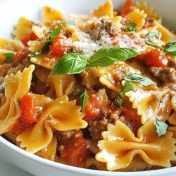 Here’s what you need to make bowtie pasta with ground beef. Gather these fresh ingredients: - 8 oz bowtie pasta - 1 lb ground beef - 1 medium onion, finely chopped - 2 cloves garlic, minced - 1 can (15 oz) crushed tomatoes - 1 cup beef broth - 1 tablespoon olive oil - 1 teaspoon dried oregano - 1 teaspoon dried basil - ½ teaspoon red pepper flakes (optional) - Salt and pepper to taste - Fresh basil leaves for garnish - Grated Parmesan cheese for serving These ingredients create a rich and hearty dish. The bowtie pasta brings a fun shape, while the ground beef adds protein. Onions and garlic give great flavor. Crushed tomatoes and beef broth make a tasty sauce. Oregano and basil bring a nice aroma. Don't forget the fresh basil and Parmesan for a perfect finish. Using quality ingredients will make your meal even better. Fresh herbs enhance taste while adding color. Always taste your dish as you cook. Adjust seasoning to suit your liking. Enjoy cooking this delicious family meal! {{ingredient_image_1}} To cook the bowtie pasta, start with a large pot. Fill it with water and add a generous amount of salt. Bring the water to a rolling boil. Once boiling, add the 8 oz of bowtie pasta. Cook according to the package instructions, usually 8-10 minutes. Stir the pasta occasionally to prevent sticking. To achieve the perfect al dente texture, taste a piece a minute before the time is up. It should be firm but not hard. Once ready, drain the pasta and set it aside. In a large skillet, heat 1 tablespoon of olive oil over medium heat. While the oil warms, finely chop 1 medium onion and mince 2 cloves of garlic. Add the onion and garlic to the skillet. Sauté for about 3-4 minutes until the onion turns translucent. This step brings out the flavors. Next, increase the heat to medium-high and add 1 lb of ground beef. Use a wooden spoon to break it apart as it cooks. Brown the beef for about 5-7 minutes. Drain any excess fat to keep the dish light. Now, let’s make the sauce. Stir in 1 can (15 oz) of crushed tomatoes and 1 cup of beef broth. Add 1 teaspoon of dried oregano and 1 teaspoon of dried basil for flavor. If you like a little heat, toss in ½ teaspoon of red pepper flakes. Season with salt and pepper to taste. Lower the heat and let the sauce simmer for 10-15 minutes. This helps the flavors blend together. Stir occasionally to keep it from sticking. After simmering, it’s time to mix. Add the cooked bowtie pasta to the skillet with the sauce. Toss everything together well, making sure the pasta is coated. Heat this mixture for an additional 2-3 minutes. For serving, use deep bowls to showcase the vibrant dish. Top each serving with fresh basil leaves and a sprinkle of grated Parmesan cheese. This adds a beautiful touch and enhances the flavor. Enjoy your hearty meal! - Best practices for cooking ground beef: Start with a hot skillet. This helps the beef brown nicely. Break the meat into small pieces as it cooks. This ensures even cooking and texture. Drain excess fat after browning if needed. This keeps your dish lighter and more flavorful. - Enhancing the sauce flavor: Use fresh herbs, like basil and oregano. They add bright notes to the sauce. A splash of beef broth deepens the taste. Simmer your sauce longer for a richer flavor. Stir often to prevent sticking. - Pairing with side dishes and drinks: Serve with a simple green salad. A fresh Caesar or mixed greens adds crunch. Garlic bread complements the pasta well. For drinks, try a light red wine or sparkling water. These choices balance the meal nicely. - Storing leftovers and reheating tips: Store leftovers in an airtight container. This keeps the pasta fresh for about 3 days. To reheat, use a microwave or stovetop. Add a splash of water to keep it moist. Stir well to heat evenly. Enjoy your delicious meal again! Pro Tips Perfect Pasta: Always salt your boiling water generously. This enhances the flavor of the pasta and helps it to absorb the sauce better. Flavor Boost: For a richer sauce, consider adding a splash of red wine to the skillet after browning the beef. Let it simmer for a few minutes to cook off the alcohol. Herb Freshness: Fresh herbs can elevate the dish. If you have fresh basil on hand, use it instead of dried for a more vibrant flavor. Make Ahead: This dish can be made in advance and stored in the refrigerator. Just reheat gently on the stove before serving, adding a splash of broth if it looks dry. {{image_2}} You can change the ground beef for turkey if you want a leaner dish. Ground chicken works well too. For a vegetarian option, use lentils or mushrooms. They add a nice texture. You can also mix in veggies like bell peppers, spinach, or zucchini to boost nutrition. Just chop them small so they blend in. Want some heat? Add more red pepper flakes to your sauce. You can also try spices like smoked paprika or cayenne for a kick. If you want to switch up the pasta, use penne or rotini. Each shape holds sauce differently, making it fun to explore. To keep your bowtie pasta with ground beef fresh, use airtight containers. Place the cooled pasta in these containers promptly after serving. This method helps prevent bacteria growth. In the fridge, it lasts about 3 to 4 days. If you want to keep it longer, freeze it. It can stay in the freezer for up to 3 months without losing flavor. Just remember to label your container with the date. When reheating, use the stovetop for the best results. Add a splash of beef broth or water to the pasta. This keeps it moist and flavorful. Heat it gently over medium heat while stirring. Avoid high heat, as this can make the pasta mushy. If using the microwave, cover the dish with a damp paper towel. This helps trap steam and keeps the pasta from drying out. Enjoy your warm, hearty meal! You can prepare this dish in advance quite easily. Start by cooking the bowtie pasta. Drain and toss it with a little olive oil to prevent sticking. Next, cook the ground beef with onion and garlic as per the recipe. Once cooked, let everything cool. Store the pasta and beef mixture in separate airtight containers in the fridge. When you’re ready to eat, simply reheat them together in a skillet. This saves time and makes for a quick meal. Yes, you can freeze this dish. After cooking, let the pasta and beef mixture cool completely. Place them in freezer-safe bags or containers. Make sure to remove as much air as possible to avoid freezer burn. To thaw, move the container to the fridge overnight. Reheat in a skillet, adding a splash of beef broth if needed to keep it moist. This hearty meal goes well with several side dishes. Here are some great options: - Garlic bread for a crunchy, buttery contrast. - A fresh green salad to add brightness and crunch. - Steamed broccoli for a healthy green side. - Roasted vegetables for added flavor and texture. In this blog post, we covered how to make a delicious Bowtie Pasta with Ground Beef. We detailed the main ingredients and gave step-by-step cooking instructions to help you succeed. I shared various tips for enhancing flavors and storing leftovers. Remember, you can swap ingredients or try different pasta shapes for variety. Cooking is fun and personal, so feel free to make this dish your own. Enjoy every bite and impress your family with your cooking skills!