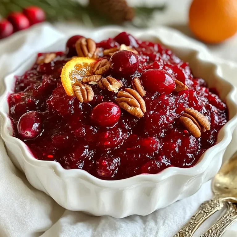 - 12 oz fresh cranberries (about 3 cups) - 1 cup orange juice (freshly squeezed is best) - 1 cup sugar (or maple syrup for a healthier alternative) - 1 teaspoon ground cinnamon - 1/2 teaspoon ground ginger - 1/4 teaspoon ground cloves - 1/4 teaspoon nutmeg - Zest of 1 orange - 1/4 cup chopped pecans or walnuts (optional for crunch) - Pinch of salt If you want to switch things up, you can replace sugar with maple syrup. It adds a nice flavor and cuts down on refined sugar. For the orange juice, feel free to use store-bought if fresh is not available. You can also swap out the nuts; try almonds or leave them out completely for a nut-free sauce. Fresh cranberries give the best taste and texture. They are firm and tart, making your sauce bright and lively. If you use frozen cranberries, thaw them first and drain any extra liquid. They may be softer and less tart, which can change the final taste of your sauce. Always check the package for any signs of freezer burn. {{ingredient_image_1}} First, gather all your ingredients. You will need: - 12 oz fresh cranberries (about 3 cups) - 1 cup orange juice (freshly squeezed is best) - 1 cup sugar (or maple syrup for a healthier alternative) - 1 teaspoon ground cinnamon - 1/2 teaspoon ground ginger - 1/4 teaspoon ground cloves - 1/4 teaspoon nutmeg - Zest of 1 orange - 1/4 cup chopped pecans or walnuts (optional for crunch) - Pinch of salt Start by rinsing the cranberries under cold water. Remove any stems or bruised berries. Place the cleaned cranberries in the slow cooker. Next, take a bowl and mix the orange juice, sugar or maple syrup, ground cinnamon, ginger, cloves, nutmeg, and orange zest. Stir this mixture until well combined. Pour it over the cranberries in the slow cooker. Mix gently to combine all the flavors. Add a pinch of salt to enhance the taste. This step is key! It helps to bring out the sweetness and spice. Cover the slow cooker and set it on low for 4-6 hours or on high for 2-3 hours. You want the cranberries to burst and the sauce to thicken. Stir occasionally if you can. If you want extra crunch, add the chopped pecans or walnuts in the last 30 minutes of cooking. This gives a nice texture to the sauce. Once the cooking time is up, taste your sauce. Adjust the sweetness by adding more sugar or maple syrup if needed. Let the sauce cool slightly. It will thicken more as it cools. Transfer it to a serving dish or container. For a festive touch, serve the cranberry sauce in a decorative bowl. You can garnish it with a sprig of fresh rosemary or some orange slices. Enjoy the delightful flavors of this spiced cranberry sauce! You can easily change the spice levels in your sauce. If you like more warmth, add extra cinnamon or ginger. For a bolder flavor, try increasing the cloves or nutmeg. Taste as you go. This way, you can find your perfect balance. You may also mix in other spices, like allspice or cardamom, to create a unique twist. To avoid burnt sauce, keep a close watch on your cook time. If you set your slow cooker on low, aim for 4 to 6 hours. For high, check at 2 to 3 hours. Stir the sauce occasionally if you can. This helps the heat spread evenly. If you notice it thickening too much, add a splash of orange juice to keep it moist. For a smooth sauce, mash the cranberries with a fork after they burst. This gives it a nice texture. If you prefer a chunkier sauce, leave some cranberries whole. Adding chopped nuts at the end adds a lovely crunch. Let the sauce cool a bit after cooking. It will thicken more as it cools, so don’t worry if it seems thin at first. Pro Tips Freshness Matters: Always use fresh cranberries for the best flavor and texture; frozen cranberries may not yield the same results. Sweetness Balance: Adjust the sweetness to your liking; start with less sugar and add more gradually to avoid overpowering the natural tartness. Add a Twist: Experiment with additional spices like cardamom or allspice for a unique flavor profile that complements the traditional spices. Storage Tips: Store any leftover sauce in an airtight container in the fridge for up to 2 weeks; it also freezes well for up to 3 months. {{image_2}} You can swap sugar for maple syrup. Maple syrup adds sweetness and depth. It lowers calories and gives a lovely flavor. Use a 1:1 ratio when substituting. This change makes the sauce healthier and still tasty. Your guests will love it! You can boost flavor by adding fruits or nuts. Fresh apples or pears work well. Chop them into small pieces and mix them in. You can also add nuts, like pecans or walnuts. They give a nice crunch. Toss them in during the last 30 minutes of cooking. This twist adds texture and makes your sauce unique. To make this dish vegan, use maple syrup instead of sugar. This adjustment keeps it plant-based and sweet. For gluten-free options, ensure your spices are certified gluten-free. Most spices are safe, but it’s good to check. These changes keep the dish enjoyable for all diets. After making your slow cooker spiced cranberry sauce, let it cool down. Place it in an airtight container. Store it in the fridge for up to two weeks. This sauce tastes even better the next day as the flavors meld. If you want to keep it longer, consider freezing it. To freeze your cranberry sauce, use freezer-safe bags or containers. Label each bag with the date. It can stay good for up to three months in the freezer. When you are ready to use it, just take it out and let it thaw in the fridge overnight. This keeps the taste fresh. To reheat the sauce, pour it into a saucepan. Heat it over low to medium heat. Stir it often to prevent burning. If you prefer, you can also microwave it in short bursts. Just make sure to stir well between heating. Enjoy your warm, flavorful sauce on your favorite dishes! Yes, you can make cranberry sauce ahead of time. I often prepare it a day or two before a big meal. This saves time and lets the flavors blend nicely. Once it cools, store it in the fridge. It will stay fresh for up to a week. Adjusting sweetness is easy. After cooking, taste the sauce. If you find it too tart, add more sugar or maple syrup. Start with a tablespoon, then mix well and taste again. Remember, you can always add more, but you can't take it out! Serving spiced cranberry sauce can be fun! Use a decorative bowl for a festive look. Garnish with fresh rosemary or orange slices for color. This makes your dish pop on the table. You can also serve it warm or chilled, based on your preference. This blog post covered the key ingredients for cranberry sauce, how to prepare it, and tips to enhance your dish. We discussed ingredient swaps and the difference between fresh and frozen cranberries. From slow cooking to serving suggestions, every step is crucial for great flavor. I shared ideas for making healthier or dietary-friendly versions. Lastly, I explained how to store and reheat your sauce. Embrace these tips to impress your guests with a perfect cranberry sauce every time. Enjoy creating your delicious masterpiece!