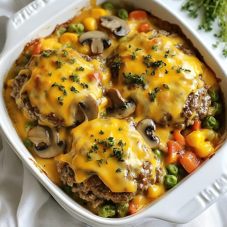 To make Amish Hamburger Steak Bake, you'll need some simple and fresh ingredients. Here is the list: - 1 pound ground beef - 1 small onion, finely chopped - 2 cloves garlic, minced - 1 cup breadcrumbs - 1 egg - 1 teaspoon Worcestershire sauce - Salt and pepper to taste - 1 cup beef broth - 1 cup frozen mixed vegetables (peas, carrots, corn) - 1 cup shredded cheddar cheese - 1 can (10.5 oz) cream of mushroom soup - 1 teaspoon dried thyme - 1 tablespoon olive oil These ingredients blend well to create a hearty meal. The ground beef serves as the base. It gives a rich flavor. The onion and garlic add depth and aroma. Breadcrumbs and egg help bind the patties. Worcestershire sauce adds a nice kick. Beef broth gives moisture and flavor. Mixed vegetables provide color and nutrition. Cream of mushroom soup creates a creamy sauce. Thyme adds a hint of earthiness. Cheese melts beautifully on top, making it extra tasty. Olive oil is great for searing the patties to get that golden color. This dish is simple yet satisfying. Each bite fills you with warmth and comfort. It’s perfect for busy weeknights or cozy family dinners. {{ingredient_image_1}} Start by preheating your oven to 375°F (190°C). This helps the dish cook evenly. In a large bowl, combine these ingredients: - 1 pound ground beef - 1 small onion, finely chopped - 2 cloves garlic, minced - 1 cup breadcrumbs - 1 egg - 1 teaspoon Worcestershire sauce - Salt and pepper to taste Mix everything well. You want a smooth, even blend. Next, shape the beef mixture into four equal patties. Aim for about the same size. In a large skillet, heat 1 tablespoon olive oil over medium-high heat. Sear the patties for about 3-4 minutes on each side until they are nicely browned. Once done, place them in a baking dish. In the same skillet, pour in: - 1 cup beef broth - 1 can (10.5 oz) cream of mushroom soup - 1 teaspoon dried thyme Stir the mix and let it simmer for about 3 minutes. This thickens the sauce. Stir in 1 cup frozen mixed vegetables, including peas, carrots, and corn. Ensure every piece is well-coated with the sauce. Pour the vegetable sauce over the browned patties in the baking dish. Cover the dish with foil to keep the moisture in. Place the covered dish in your preheated oven and bake for 25 minutes. After that, remove the foil and sprinkle 1 cup of shredded cheddar cheese on top. Return it to the oven and bake for another 10 minutes, or until the cheese melts and bubbles. Let the dish cool for a few minutes before serving. Spoon the sauce and vegetables over the patties. Enjoy your hearty meal! Choose ground beef with a good balance of fat. I suggest using 80/20 beef. This means 80% lean meat and 20% fat. This mix keeps the patties juicy and flavorful. Avoid extra-lean beef, as it can dry out during cooking. Searing adds a nice crust to your patties. Heat your skillet before adding the oil. Use medium-high heat for best results. Cook each side for about 3 to 4 minutes. Don’t move the patties too much. Let them brown well before flipping. This step locks in the flavor. If you want to try something different, use a grill. Grilling gives a smoky flavor. You can also use an air fryer. It cooks the patties evenly and keeps them tender. Just adjust the time to fit your air fryer settings. For extra flavor, add spices to the beef mix. Try smoked paprika or onion powder. Fresh herbs like parsley or basil can boost taste too. Adding a splash of hot sauce can give a nice kick. Don’t forget to taste as you go. This lets you adjust flavors to your liking. Pro Tips Use Fresh Ingredients: Fresh onions and garlic will enhance the flavor of your hamburger steak significantly. Always opt for fresh over dried when possible. Don't Overmix: When combining the beef mixture, mix just until combined to keep the patties tender. Overmixing can lead to tough burgers. Experiment with Cheese: While cheddar works great, you can try other types of cheese like mozzarella or gouda for a different flavor profile. Rest Before Serving: Allow the dish to rest for a few minutes after baking. This helps the flavors meld and makes serving easier. {{image_2}} You can easily make a vegetarian version of Amish Hamburger Steak Bake. Use 1 pound of plant-based ground meat instead of beef. Add more flavor with chopped mushrooms and diced bell peppers. You can also use lentils or chickpeas for a hearty texture. Replace the cream of mushroom soup with a plant-based option. This way, you keep the meal rich and tasty without meat. Cheese adds a creamy touch to your dish. While cheddar is a great choice, you can try different types. Use mozzarella for a milder taste that melts beautifully. Gouda or pepper jack can add a unique flavor twist. For a fun kick, crumbled feta or blue cheese can give a bold taste. Mix and match to find your favorite! The mixed vegetables in this bake are flexible. You can swap them for fresh or frozen options. Try using chopped broccoli, green beans, or zucchini for a fresh crunch. Sweet potatoes or butternut squash can add sweetness and nutrition. You can even add spinach or kale for a boost of greens. Experiment to find what you like best! To store leftovers, let the dish cool completely. Then, transfer the Amish Hamburger Steak Bake into an airtight container. Seal it tightly to keep the flavors fresh. You can store it in the fridge for up to four days. This way, you can enjoy it later without losing taste. When you're ready to eat the leftovers, preheat your oven to 350°F (175°C). Place the dish in the oven for about 20 minutes. Cover it with foil to prevent the cheese from burning. You can also reheat it in the microwave for about 2-3 minutes. Just make sure it’s hot all the way through. To freeze the dish, first, let it cool. Then, cut the bake into portions and wrap each piece in plastic wrap. After that, place the wrapped portions in a freezer bag. Seal the bag, removing as much air as possible. This way, the dish can last up to three months in the freezer. When you’re ready to eat, thaw it in the fridge overnight before reheating. You can serve this dish with mashed potatoes or rice. A fresh green salad pairs well too. You might also enjoy it with bread rolls. These sides add flavor and texture to your meal. Yes, you can prepare the hamburger steak bake in advance. After you assemble it, cover it tightly and store it in the fridge. It stays good for up to two days. When ready to eat, just bake it as directed. To make it healthier, use lean ground beef or turkey. You can add more vegetables to boost nutrition. Replace cream of mushroom soup with a low-fat version. Use whole grain breadcrumbs for extra fiber. Absolutely! You can swap cream of mushroom soup for cream of chicken or celery soup. Each option adds a different flavor but keeps the dish creamy and delicious. If your patties fall apart, try adding more breadcrumbs or an extra egg. This helps bind the mixture together. You can also handle the patties gently when searing them to maintain their shape. You learned how to make Amish Hamburger Steak Bake using simple ingredients. We covered step-by-step instructions for making delicious patties and a rich sauce. I also shared tips for choosing beef and variations for different diets. Storing leftovers and rewarming them is easy with the right methods. This dish is simple yet full of flavor. Whether you enjoy the classic version or try different twists, I hope you feel inspired to cook. Enjoy sharing this meal with family and friends!