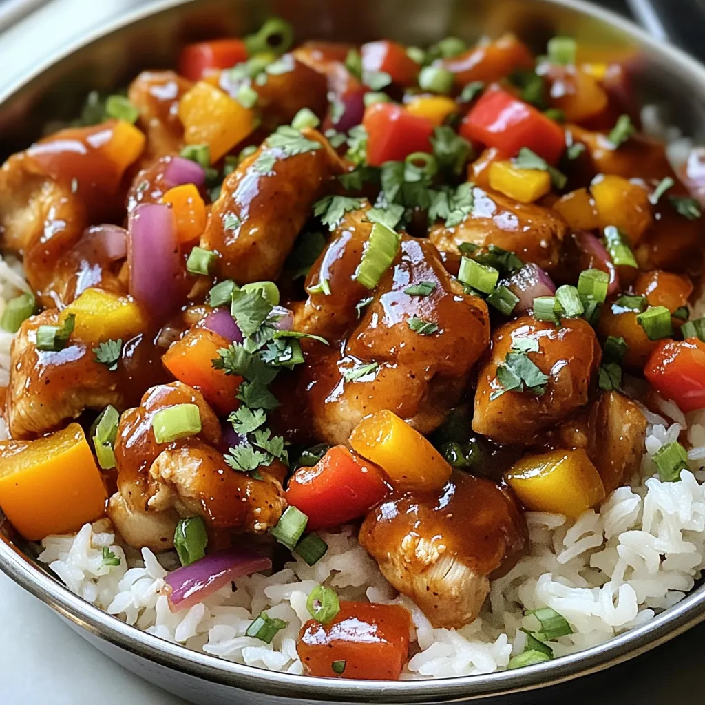 - 2 cups cooked rice (white or brown) - 1 pound boneless, skinless chicken thighs, cut into bite-sized pieces - 1/2 cup honey - 1/4 cup BBQ sauce (your favorite brand or homemade) - 1 tablespoon olive oil - 1 tablespoon soy sauce - 1 cup bell peppers, diced (mixed colors) - 1/2 cup red onion, chopped - 2 cloves garlic, minced - Salt and pepper to taste - 1/4 cup chopped fresh cilantro (for garnish) - Optional: Sliced green onions for garnish If you don’t have chicken thighs, you can use chicken breast. It will still taste great. For the rice, feel free to use quinoa or cauliflower rice for a lighter option. You can swap honey with maple syrup if you prefer. If you want a different flavor, try teriyaki sauce instead of BBQ sauce. You can also add other veggies like corn or zucchini. Choose chicken that feels firm and looks pink. Avoid meat that has a gray color. For bell peppers, pick ones that are shiny and have no soft spots. Fresh garlic should feel firm and smell strong. When selecting honey, go for local brands if possible. They often taste better and support local beekeepers. Fresh cilantro should have vibrant green leaves with no yellowing. {{ingredient_image_1}} To start, grab a medium bowl. In this bowl, mix together the honey, BBQ sauce, soy sauce, salt, and pepper. Stir well until you have a smooth sauce. This sauce adds a sweet and smoky flavor to your chicken. Next, take your bite-sized chicken pieces and toss them in the sauce. Make sure each piece is fully coated. Let the chicken sit for a few minutes to soak up the flavor. Now, heat a large, deep skillet over medium heat. Add the olive oil and let it warm for a minute. Carefully add the marinated chicken pieces to the skillet. Cook for about 5 to 7 minutes. Stir occasionally to brown the chicken evenly. You want the chicken to be fully cooked and no longer pink inside. Once it’s done, add the chopped red onion and minced garlic to the skillet. Cook for 2 more minutes. This step makes your kitchen smell amazing! After the chicken is cooked, it’s time to add the veggies. Toss in the diced bell peppers and cook for another 3 to 4 minutes. You want them to soften but still have some crunch. Once they are ready, add the cooked rice to the skillet. Stir everything together to combine well. Pour any remaining honey BBQ sauce over the rice mixture. Mix until everything is evenly coated. Let it cook for another 2 to 3 minutes on low heat. This helps all the flavors blend together. Taste the dish and adjust the seasoning if needed. Finally, remove from heat and garnish with chopped cilantro and sliced green onions if you like. Enjoy your meal! To make the best Honey BBQ Chicken and Rice Skillet, start with high heat. Heat your skillet until it's hot before adding the olive oil. This step helps the chicken sear well, giving it a nice brown color. When you cook the chicken, keep stirring to ensure even cooking. This technique helps all the pieces cook through. Use a large skillet for space. It allows all the ingredients to mix well. To boost the flavor, use fresh garlic and colorful bell peppers. Fresh ingredients make a big difference. You can also add a splash of lime juice before serving. It brightens the dish and adds a nice zing. If you like spice, try adding red pepper flakes or jalapeños. They add heat and depth. Finally, let the dish rest for a few minutes after cooking. This helps the flavors blend nicely. One common mistake is overcooking the chicken. Keep an eye on it to prevent dryness. Another mistake is not seasoning enough. Always taste your dish before serving. Adjust the salt and pepper as needed. Lastly, avoid using old rice. Make sure your rice is fresh and fluffy. This makes the dish more enjoyable! Pro Tips Marinate for More Flavor: Allow the chicken to marinate in the honey BBQ sauce for at least 30 minutes before cooking to enhance the flavor. Use Fresh Ingredients: Fresh bell peppers and onions will provide a more vibrant flavor and texture compared to frozen or canned options. Adjust Sweetness: If you prefer a sweeter dish, add more honey. For a tangier flavor, increase the amount of BBQ sauce. Garnish for Presentation: Don't skip the cilantro and green onions! They add a pop of color and freshness that elevates the dish. {{image_2}} You can switch the chicken for other proteins. Try using shrimp or pork. These meats cook quickly. You can also use ground turkey or beef for a different taste. Each option adds a unique twist to the dish. Just adjust the cooking time based on your choice. For a vegetarian twist, skip the meat. Use extra bell peppers and add black beans. You can also include chickpeas for protein. Tofu works well too; just sauté it until golden. This makes the dish hearty and filling without meat. You can change the sauce to alter flavors. Try using teriyaki sauce instead of BBQ sauce. This gives an Asian touch. You can also add spices like cayenne for heat. Mixing in lime juice adds a zesty kick. Each change makes the dish unique and fun! You can store your Honey BBQ Chicken and Rice Skillet in the fridge. Place it in an airtight container. It will stay fresh for up to three days. Make sure it cools to room temperature before sealing. This keeps the moisture in and prevents spoilage. If you want to keep it longer, freezing is a great option. Transfer the skillet mixture into a freezer-safe container. Leave some space at the top for expansion. It can last up to three months in the freezer. When ready to eat, thaw it in the fridge overnight before reheating. To reheat, you can use the stove or microwave. If using the stove, add a splash of water to the skillet. Heat on low, stirring gently until warm. In the microwave, place it in a microwave-safe bowl. Heat in short bursts, stirring in between, until hot. This helps to keep it moist and tasty. It takes about 25 minutes to cook Honey BBQ Chicken and Rice Skillet. You spend 10 minutes prepping the ingredients and 15 minutes cooking everything. This quick meal makes it perfect for busy weeknights. Yes, you can use brown rice instead of white rice. Brown rice adds a nutty flavor and extra fiber. Just note that brown rice takes longer to cook. If you use brown rice, make sure it's fully cooked before adding it to the skillet. You can serve this dish with a side salad or steamed veggies. Corn on the cob or garlic bread works well, too. Fresh fruit, like watermelon or berries, makes a nice dessert. These sides balance the meal and add more color to your plate. In this article, we explored the key ingredients for Honey BBQ Chicken and Rice Skillet. You learned about possible substitutions and tips for selecting fresh items. The step-by-step guide covered making the sauce, cooking the chicken, and blending flavors. I shared useful cooking techniques, flavor enhancements, and common pitfalls to avoid. You also discovered variations like protein swaps and vegetarian options. Finally, we discussed how to store and reheat your dish. Remember, great meals come from quality ingredients and careful prep. Enjoy your cooking adventures!