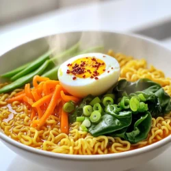 - 2 packs instant ramen noodles (discard seasoning packets) - 4 cups vegetable broth - 2 tablespoons chili crisp (store-bought or homemade) - 1 tablespoon soy sauce - 2 green onions, sliced - 1 cup fresh spinach - 1 carrot, julienned - 1/2 cup snap peas, trimmed - 1 tablespoon sesame oil - 1 teaspoon garlic, minced - 1 teaspoon ginger, grated When measuring ingredients, use dry measuring cups for solids. For liquids, use a liquid measuring cup. Be precise with your measurements. This helps keep flavors balanced. For chopped veggies, pack them lightly for accuracy. A kitchen scale can help if you want exact weights. Make your Minute Chili Crisp Ramen even better with these toppings: - Soft-boiled egg - Sesame seeds - Extra chili crisp These extras add texture and flavor. You can mix and match to suit your taste. To start, gather all your ingredients. You will need: - 2 packs instant ramen noodles (discard seasoning packets) - 4 cups vegetable broth - 2 tablespoons chili crisp - 1 tablespoon soy sauce - 2 green onions, sliced - 1 cup fresh spinach - 1 carrot, julienned - 1/2 cup snap peas, trimmed - 1 tablespoon sesame oil - 1 teaspoon garlic, minced - 1 teaspoon ginger, grated - Optional toppings: soft-boiled egg, sesame seeds, additional chili crisp Make sure your veggies are ready to go. Wash and slice the green onions. Julienne the carrot and trim the snap peas. This will save time later on. In a medium saucepan, heat the sesame oil over medium heat. Once hot, add the minced garlic and grated ginger. Sauté for about 1-2 minutes until you smell their aroma. This step builds flavor. Next, pour in the vegetable broth and bring it to a simmer. When it’s bubbling, add the instant ramen noodles. Cook them for about 3-4 minutes, or according to the package instructions. During the last minute, stir in the julienned carrots, snap peas, and fresh spinach. This will soften the veggies and make them bright and colorful. After cooking, remove the saucepan from the heat. Stir in the soy sauce and chili crisp. Taste the broth and adjust the seasoning as needed. If you want more spice or flavor, add more soy sauce or chili crisp. Now, it’s time to serve! Divide the ramen and veggies into two bowls. For extra fun, top each bowl with a soft-boiled egg. You can also add more chili crisp and sprinkle sesame seeds for crunch. Garnish the bowls with sliced green onions before serving. This adds a fresh finish. Enjoy your Minute Chili Crisp Ramen! To make your Minute Chili Crisp Ramen even tastier, you can add a few simple items. Fresh herbs like cilantro or basil bring brightness. A splash of lime juice can add a nice zing. Try adding a dash of fish sauce for depth. You can also use toasted sesame seeds for crunch and nutty flavor. If you love heat, you can adjust the spice in this dish. Use more chili crisp for extra kick. You can also add red pepper flakes or sliced fresh chili peppers. If you prefer milder flavors, use less chili crisp or skip it entirely. Adding a dollop of yogurt can cool down the spice, too. Cooking ramen is simple, but a few tips help. Always boil the broth before adding noodles. This keeps the noodles from getting mushy. Stir gently while the noodles cook to prevent clumping. Add veggies towards the end to keep them bright and crisp. Lastly, taste your broth before serving to make sure it's just right. {{image_2}} You can easily make this dish vegetarian or vegan. Use vegetable broth, which is already in the recipe. For a vegan version, skip the soft-boiled egg topping. Instead, add more veggies for extra texture and flavor. Some great choices are mushrooms or bell peppers. They bring a nice crunch and taste. Want to add protein? You can use cooked chicken, shrimp, or tofu. For chicken, shred it and mix it in just before serving. If using tofu, sauté it in sesame oil until golden. This adds a rich flavor. You can also use tempeh for a nutty taste. These options keep the ramen filling and satisfying. You can switch up the veggies in your ramen. Try zucchini, bok choy, or broccoli. Just chop them into small pieces. Add them during the last minute of cooking to keep them crisp. This lets you enjoy a rainbow of flavors and nutrients. Plus, it makes the dish look vibrant and fun! After you enjoy your Minute Chili Crisp Ramen, let any leftovers cool down. Use airtight containers for storage. Place the ramen and broth in separate containers. This helps keep the noodles firm and fresh. You can store them in the fridge for up to three days. When you're ready to eat your leftovers, reheat them on the stove. Pour the broth into a pot and add the noodles. Heat on low until warm. Stir gently to prevent sticking. You can also microwave it. Just make sure to cover your bowl to keep moisture in. Heat for one to two minutes, then stir before eating. If you want to save your ramen for later, freezing is a great choice. However, I recommend freezing only the broth. Cooked noodles can become mushy when thawed. To freeze, cool the broth first. Pour it into freezer bags, leaving space for expansion. Seal tightly and label the bags with the date. You can store the broth for up to three months. When you're ready, thaw in the fridge overnight and reheat as described above. Yes, you can use regular ramen. Just cook it according to package directions. This may take longer than instant ramen. Be mindful of the cooking time. You want it tender, not mushy. If you don’t have chili crisp, try using sriracha or hot sauce. You can mix these with sesame oil for flavor. You can also use crushed red pepper flakes. These will add spice but change the taste a bit. To make chili crisp at home, gather these items: - 1 cup oil (like canola or vegetable) - 1/4 cup garlic, minced - 1/4 cup shallots, minced - 1/4 cup crushed red pepper flakes - 1 teaspoon sugar - Salt to taste 1. Heat the oil in a pan over medium heat. 2. Add garlic and shallots, cooking until golden. 3. Stir in red pepper flakes, sugar, and salt. 4. Cook for 1-2 minutes, then remove from heat. 5. Let it cool before storing it in a jar. This homemade chili crisp adds a great kick to any dish! You learned how to make great ramen from scratch with simple steps. We covered key ingredients, measuring tips, and tasty toppings. I shared ways to enhance flavor and customize spice levels. You now know variations for diets like vegan and vegetarian. Plus, we talked about storing and reheating leftovers. Ramen is versatile and fun to make. Use what you love, and enjoy your meal!