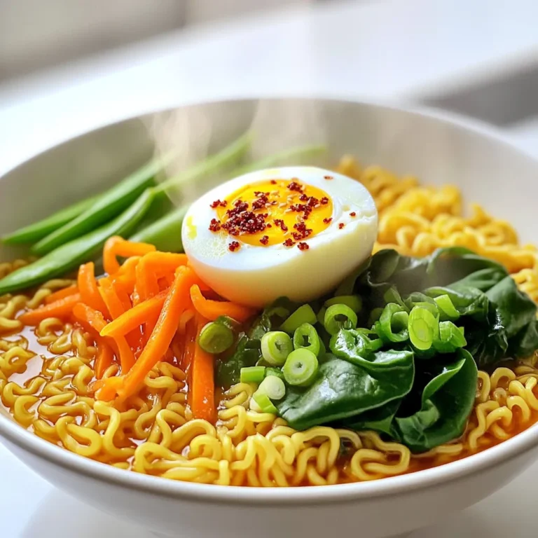 - 2 packs instant ramen noodles (discard seasoning packets) - 4 cups vegetable broth - 2 tablespoons chili crisp (store-bought or homemade) - 1 tablespoon soy sauce - 2 green onions, sliced - 1 cup fresh spinach - 1 carrot, julienned - 1/2 cup snap peas, trimmed - 1 tablespoon sesame oil - 1 teaspoon garlic, minced - 1 teaspoon ginger, grated When measuring ingredients, use dry measuring cups for solids. For liquids, use a liquid measuring cup. Be precise with your measurements. This helps keep flavors balanced. For chopped veggies, pack them lightly for accuracy. A kitchen scale can help if you want exact weights. Make your Minute Chili Crisp Ramen even better with these toppings: - Soft-boiled egg - Sesame seeds - Extra chili crisp These extras add texture and flavor. You can mix and match to suit your taste. To start, gather all your ingredients. You will need: - 2 packs instant ramen noodles (discard seasoning packets) - 4 cups vegetable broth - 2 tablespoons chili crisp - 1 tablespoon soy sauce - 2 green onions, sliced - 1 cup fresh spinach - 1 carrot, julienned - 1/2 cup snap peas, trimmed - 1 tablespoon sesame oil - 1 teaspoon garlic, minced - 1 teaspoon ginger, grated - Optional toppings: soft-boiled egg, sesame seeds, additional chili crisp Make sure your veggies are ready to go. Wash and slice the green onions. Julienne the carrot and trim the snap peas. This will save time later on. In a medium saucepan, heat the sesame oil over medium heat. Once hot, add the minced garlic and grated ginger. Sauté for about 1-2 minutes until you smell their aroma. This step builds flavor. Next, pour in the vegetable broth and bring it to a simmer. When it’s bubbling, add the instant ramen noodles. Cook them for about 3-4 minutes, or according to the package instructions. During the last minute, stir in the julienned carrots, snap peas, and fresh spinach. This will soften the veggies and make them bright and colorful. After cooking, remove the saucepan from the heat. Stir in the soy sauce and chili crisp. Taste the broth and adjust the seasoning as needed. If you want more spice or flavor, add more soy sauce or chili crisp. Now, it’s time to serve! Divide the ramen and veggies into two bowls. For extra fun, top each bowl with a soft-boiled egg. You can also add more chili crisp and sprinkle sesame seeds for crunch. Garnish the bowls with sliced green onions before serving. This adds a fresh finish. Enjoy your Minute Chili Crisp Ramen! To make your Minute Chili Crisp Ramen even tastier, you can add a few simple items. Fresh herbs like cilantro or basil bring brightness. A splash of lime juice can add a nice zing. Try adding a dash of fish sauce for depth. You can also use toasted sesame seeds for crunch and nutty flavor. If you love heat, you can adjust the spice in this dish. Use more chili crisp for extra kick. You can also add red pepper flakes or sliced fresh chili peppers. If you prefer milder flavors, use less chili crisp or skip it entirely. Adding a dollop of yogurt can cool down the spice, too. Cooking ramen is simple, but a few tips help. Always boil the broth before adding noodles. This keeps the noodles from getting mushy. Stir gently while the noodles cook to prevent clumping. Add veggies towards the end to keep them bright and crisp. Lastly, taste your broth before serving to make sure it's just right. {{image_2}} You can easily make this dish vegetarian or vegan. Use vegetable broth, which is already in the recipe. For a vegan version, skip the soft-boiled egg topping. Instead, add more veggies for extra texture and flavor. Some great choices are mushrooms or bell peppers. They bring a nice crunch and taste. Want to add protein? You can use cooked chicken, shrimp, or tofu. For chicken, shred it and mix it in just before serving. If using tofu, sauté it in sesame oil until golden. This adds a rich flavor. You can also use tempeh for a nutty taste. These options keep the ramen filling and satisfying. You can switch up the veggies in your ramen. Try zucchini, bok choy, or broccoli. Just chop them into small pieces. Add them during the last minute of cooking to keep them crisp. This lets you enjoy a rainbow of flavors and nutrients. Plus, it makes the dish look vibrant and fun! After you enjoy your Minute Chili Crisp Ramen, let any leftovers cool down. Use airtight containers for storage. Place the ramen and broth in separate containers. This helps keep the noodles firm and fresh. You can store them in the fridge for up to three days. When you're ready to eat your leftovers, reheat them on the stove. Pour the broth into a pot and add the noodles. Heat on low until warm. Stir gently to prevent sticking. You can also microwave it. Just make sure to cover your bowl to keep moisture in. Heat for one to two minutes, then stir before eating. If you want to save your ramen for later, freezing is a great choice. However, I recommend freezing only the broth. Cooked noodles can become mushy when thawed. To freeze, cool the broth first. Pour it into freezer bags, leaving space for expansion. Seal tightly and label the bags with the date. You can store the broth for up to three months. When you're ready, thaw in the fridge overnight and reheat as described above. Yes, you can use regular ramen. Just cook it according to package directions. This may take longer than instant ramen. Be mindful of the cooking time. You want it tender, not mushy. If you don’t have chili crisp, try using sriracha or hot sauce. You can mix these with sesame oil for flavor. You can also use crushed red pepper flakes. These will add spice but change the taste a bit. To make chili crisp at home, gather these items: - 1 cup oil (like canola or vegetable) - 1/4 cup garlic, minced - 1/4 cup shallots, minced - 1/4 cup crushed red pepper flakes - 1 teaspoon sugar - Salt to taste 1. Heat the oil in a pan over medium heat. 2. Add garlic and shallots, cooking until golden. 3. Stir in red pepper flakes, sugar, and salt. 4. Cook for 1-2 minutes, then remove from heat. 5. Let it cool before storing it in a jar. This homemade chili crisp adds a great kick to any dish! You learned how to make great ramen from scratch with simple steps. We covered key ingredients, measuring tips, and tasty toppings. I shared ways to enhance flavor and customize spice levels. You now know variations for diets like vegan and vegetarian. Plus, we talked about storing and reheating leftovers. Ramen is versatile and fun to make. Use what you love, and enjoy your meal!
