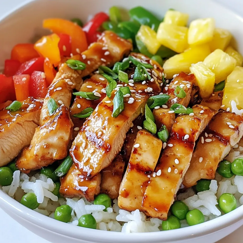 - 2 chicken breasts, sliced into strips - 1 cup jasmine rice - 1 cup coconut milk - 1/2 cup teriyaki sauce - 1 cup pineapple chunks (fresh or canned) - 1 red bell pepper, sliced - 1 carrot, julienned - 1/2 cup snap peas The main ingredients create a tasty and colorful meal. The chicken breasts provide protein. The jasmine rice adds a soft base. Coconut milk gives a creamy texture. Pineapple adds sweetness, while the bell pepper, carrot, and snap peas bring crunch. - 2 green onions, chopped - 2 tablespoons sesame seeds - 1 tablespoon olive oil - Salt and pepper to taste - Fresh cilantro for garnish (optional) Seasoning makes the dish pop. Green onions and sesame seeds add flavor and crunch. Olive oil helps cook the chicken well. Salt and pepper balance the taste. Fresh cilantro gives a fresh finish. Consider adding: - A dash of chili flakes for heat - Lime juice for brightness - Cashews for extra crunch These optional items can enhance the flavor. Chili flakes bring spice. Lime juice adds zest. Cashews provide a nutty crunch. You can mix and match to suit your taste. {{ingredient_image_1}} To make the rice, first rinse the jasmine rice. Rinse it under cold water until the water runs clear. This step helps remove excess starch. In a pot, combine the rinsed rice and one cup of coconut milk. Bring this mixture to a boil over medium heat. Once boiling, reduce the heat to low, cover the pot, and let it simmer. Cook the rice for 15 to 20 minutes, or until it becomes fluffy and fully cooked. The coconut milk adds a rich flavor that pairs well with the other ingredients. While the rice cooks, heat up olive oil in a large skillet over medium heat. Add the sliced chicken strips to the skillet. Season the chicken with salt and pepper for taste. Cook the chicken for about 5 to 7 minutes. You want it to turn golden brown and be fully cooked. Once the chicken is done, pour the teriyaki sauce over it. Toss the chicken to coat it well in the sauce. Let it simmer for 2 to 3 minutes. This allows the sauce to heat through and add a sweet and savory flavor. Next, add the sliced red bell pepper, julienned carrot, and snap peas to the same skillet. Stir-fry the vegetables for about 3 to 4 minutes. You want them tender but still crisp. This keeps a nice texture in the dish. After the vegetables are ready, add the pineapple chunks to the skillet. Stir everything together to combine well. Now, you are ready to assemble your rice bowl. Place a scoop of coconut jasmine rice at the bottom of each bowl. Top it with the teriyaki chicken and sautéed vegetables. For a beautiful finish, garnish with chopped green onions, sesame seeds, and fresh cilantro if desired. To make fluffy jasmine rice, rinse it well. Rinse the rice under cold water until it runs clear. This removes extra starch. Next, use coconut milk instead of plain water. It adds a rich flavor. Combine the rinsed rice and coconut milk in a pot. Bring it to a boil, then lower the heat. Cover and let it simmer for 15-20 minutes. Do not lift the lid while it cooks. After cooking, let it sit for a few minutes. This helps the rice become fluffy. For juicy chicken strips, slice the chicken breasts evenly. Thin strips cook faster and stay tender. Heat olive oil in a large skillet over medium heat. Add the chicken strips and season with salt and pepper. Cook for about 5-7 minutes. Look for a golden-brown color to know they're ready. Pour teriyaki sauce over the cooked chicken. Toss to coat well. Let it simmer for a couple of minutes to heat the sauce. This creates a delicious glaze. To make your rice bowl look great, layer the ingredients. Start with a scoop of coconut jasmine rice. Use a ring mold to shape the rice neatly. This adds height and interest. Next, pile the teriyaki chicken and vegetables on top. Arrange the colorful veggies for a vibrant look. Finally, sprinkle sesame seeds and chopped green onions. Add fresh cilantro for a pop of green. A visually appealing dish makes meals more fun! Pro Tips Marinate the Chicken: For even more flavor, marinate the chicken strips in teriyaki sauce for at least 30 minutes before cooking. This allows the flavors to penetrate the meat. Use Fresh Ingredients: Opt for fresh pineapple and vegetables whenever possible, as they add brightness and enhance the overall taste of the dish. Adjust the Sweetness: If you prefer a less sweet dish, reduce the amount of teriyaki sauce or choose a low-sugar version to balance the flavors. Garnish Generously: Don't skip the garnishes! Fresh cilantro, green onions, and sesame seeds add not only flavor but also a beautiful presentation to your rice bowls. {{image_2}} To make a vegetarian version, swap chicken for tofu or tempeh. Both options soak up flavors well. Use firm tofu and press it to remove excess water. Cut it into cubes and pan-fry until golden. This gives a nice texture. For a deeper flavor, marinate the tofu in teriyaki sauce before cooking. If you prefer a different protein, consider shrimp or salmon. Both pair nicely with the teriyaki sauce. For shrimp, cook them until they turn pink and opaque. For salmon, pan-sear it skin-side down for crispy skin. Both options keep the tropical vibe while adding variety. You can easily switch some tropical ingredients. Instead of pineapple, use mango for a sweeter touch. If you can’t find snap peas, try green beans or bell pepper strips. Coconut milk can be replaced with almond milk for a lighter taste. These changes will keep your rice bowl fresh and exciting. To keep your Tropical Teriyaki Chicken Rice Bowl fresh, store leftovers in an airtight container. Let the dish cool completely before sealing it. This helps prevent moisture buildup. The bowl can last in the fridge for up to three days. Make sure to label the container with the date. This way, you’ll know when to use it. When you’re ready to eat your leftovers, reheat them on the stove for the best flavor. Place the rice bowl in a skillet over medium heat. Add a splash of water or coconut milk to keep it moist. Stir occasionally until everything is heated through. This should take about 5 to 7 minutes. You can also use the microwave. Place the bowl in a microwave-safe dish, cover it, and heat for 1-2 minutes. Stir halfway to ensure even heating. If you want to save some for later, freezing works great. First, let the rice bowl cool completely. Then, divide it into single servings and place them in freezer-safe bags or containers. Squeeze out air to prevent freezer burn. The rice bowl can be frozen for up to three months. When you’re ready to enjoy it, thaw overnight in the fridge before reheating. The best rice for this dish is jasmine rice. It has a soft and fluffy texture. Jasmine rice also absorbs flavors well, making it perfect for this tropical meal. You’ll love how it pairs with the rich coconut milk. Yes, you can use store-bought teriyaki sauce. It saves time and still tastes great. Look for a sauce with real ingredients for the best flavor. Homemade sauces can be fun, but store-bought is quick and easy. To add spice, try adding red pepper flakes or sriracha. You can also use spicy teriyaki sauce if you like. Don’t forget to taste as you go. Adjust the heat to your liking for a perfect kick! This article covered how to make a Tropical Teriyaki Chicken Rice Bowl. We looked at key ingredients, cooking methods, and tips for the best results. I shared simple ways to adapt the dish for different diets. Remember, using coconut milk makes the rice creamy and delicious. With great garnishes, you’ll wow everyone. Follow the storage tips to keep leftovers tasty. Enjoy your cooking adventure and make this bowl your own!