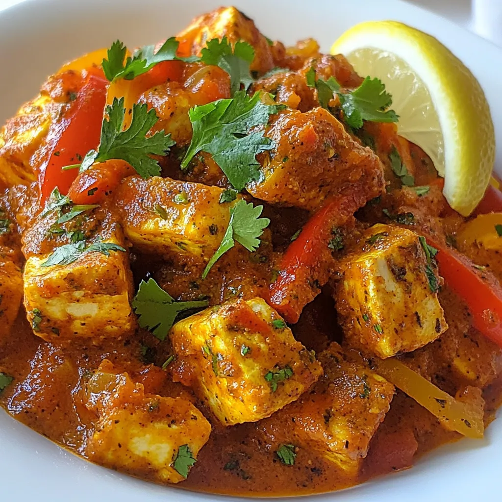 To make Paneer Tikka Masala, you will need: - 400g paneer, cut into cubes - 1 bell pepper (capsicum), chopped - 1 onion, cubed - 1 cup yogurt - 2 tablespoons tandoori masala - 1 tablespoon ginger-garlic paste - 2 tomatoes, puréed - 1 teaspoon cumin seeds - 1 teaspoon coriander powder - 1/2 teaspoon turmeric - 1/2 teaspoon chili powder (adjust to taste) - 1/2 teaspoon garam masala - 2 tablespoons cooking oil - Salt to taste - Fresh coriander leaves for garnish For a lovely touch, serve your Paneer Tikka Masala with: - Lemon wedges - Extra fresh coriander leaves - Naan or rice These add flavor and color to your dish. One serving of Paneer Tikka Masala offers: - Calories: Approximately 280 - Protein: 15g - Carbohydrates: 10g - Fat: 20g - Fiber: 2g This dish is rich in protein and flavor, making it a great choice for any meal. Enjoy! {{ingredient_image_1}} To start, you need to make the marinade. In a mixing bowl, combine the following ingredients: - 1 cup yogurt - 2 tablespoons tandoori masala - 1 tablespoon ginger-garlic paste - 1/2 teaspoon turmeric - 1/2 teaspoon chili powder - Salt to taste Mix these well until smooth. This mixture will coat the paneer and veggies, giving them great flavor. Next, it’s time to marinate the paneer and veggies. Add the paneer cubes, chopped bell pepper, and onion to the marinade. Make sure to mix well so everything is coated. Cover the bowl and let it marinate for at least 30 minutes. This step is key to infusing flavors into your dish. After marinating, preheat your oven to 200°C (392°F). Place the marinated paneer and vegetables on a baking tray lined with parchment paper. Bake for about 15-20 minutes, or until they turn golden. If you want a smoky flavor, you can also grill them on skewers. In a large pan, heat 2 tablespoons of cooking oil over medium heat. Add 1 teaspoon of cumin seeds and let them sizzle for a moment. Then, add the tomato purée, 1 teaspoon of coriander powder, and salt. Cook this mixture for about 5-7 minutes, until the oil separates from the sauce. Now, add your baked paneer and vegetables to the pan. Mix well to combine everything. Sprinkle 1/2 teaspoon of garam masala over the top and stir gently. Let it cook for another 5 minutes, allowing the flavors to meld beautifully. Adjust the seasoning if needed, then remove from heat. Garnish with fresh coriander leaves before serving. Enjoy your delightful Paneer Tikka Masala! Marinating makes paneer juicy and full of flavor. Use fresh yogurt for the best taste. Combine yogurt, tandoori masala, and ginger-garlic paste in a bowl. Add salt and spices like turmeric and chili powder. Mix well, then add the paneer, bell pepper, and onion. Ensure every piece gets coated evenly. Cover the bowl and let it sit for at least 30 minutes. For deeper flavors, marinate for a few hours or overnight. Cooking time matters for the best paneer tikka. If you bake, set your oven to 200°C (392°F). Bake for 15-20 minutes until golden. If you grill, cook until the edges char slightly. Check for doneness by cutting a piece. It should be soft yet firm. If you prefer softer paneer, reduce the cooking time slightly. Keep an eye on it to avoid overcooking. Paneer tikka masala shines with the right sides. Serve it hot with naan, rice, or parathas. A fresh salad with cucumber, tomatoes, and onion adds crunch. You can also offer a side of yogurt or raita for creaminess. Squeeze fresh lemon over the dish for a zesty kick. Garnish with coriander leaves to brighten the plate. Pro Tips Marinate Longer for Flavor: For the best flavor, marinate the paneer and vegetables for at least 2 hours or overnight if possible. This allows the spices to penetrate deeply. Use Fresh Spices: Freshly ground spices can enhance the flavor of your dish. Consider grinding whole spices like cumin and coriander just before use. Adjust the Heat: Feel free to adjust the amount of chili powder based on your spice tolerance. You can also add a pinch of sugar to balance the heat. Serve with a Side: Pair the paneer tikka masala with cool yogurt raita or a mint chutney to complement the spiciness of the dish. {{image_2}} You can easily make a vegan version of Paneer Tikka Masala. Replace paneer with tofu or chickpeas. Firm tofu works best. Press it to remove extra water before marinating. For chickpeas, use canned ones for convenience. Adjust the cooking time. Tofu needs about 15-20 minutes in the oven. Chickpeas can go directly into the sauce. This option keeps the dish tasty and plant-based. To make this dish gluten-free, ensure your tandoori masala is certified gluten-free. Most spices are naturally gluten-free. You can use gluten-free naan or rice for serving. This way, everyone can enjoy the rich flavors without worry. It’s a great option for those with gluten sensitivity. You can also adjust the spice level to suit your taste. For a spicy kick, add more chili powder or fresh green chilies. If you prefer a milder taste, reduce the chili powder. You can also add cream or coconut milk to balance the heat. This makes the sauce richer and creamier, perfect for those who like it smooth. Feel free to experiment with these variations to create your perfect Paneer Tikka Masala! To store leftover Paneer Tikka Masala, first let it cool. Place it in an airtight container. Make sure to cover it well. Store it in the fridge for up to three days. If you want to keep it longer, consider freezing it. When you are ready to enjoy your leftovers, take them out. If frozen, let it thaw in the fridge overnight. To reheat, use a microwave or a pan. If using a microwave, heat in short intervals. Stir in between to ensure even heating. If using a pan, add a splash of water to keep it moist. Heat until hot throughout. For long-term storage, freeze Paneer Tikka Masala in portions. Use freezer-safe containers or bags. This keeps it fresh for up to three months. When ready to eat, thaw it in the fridge overnight. This method helps lock in flavor and texture. You can enjoy Paneer Tikka Masala with several tasty sides. Here are some great options: - Naan bread - Steamed basmati rice - Jeera rice (cumin rice) - Raita (yogurt with herbs) - Salad with fresh veggies These sides balance the rich flavors of the dish. They also help cool the spices. Yes, you can prepare Paneer Tikka Masala ahead of time. Here’s how: - Marinate the paneer and veggies a day in advance. - Cook the sauce and combine everything when you’re ready to serve. - Store the cooked dish in the fridge for up to two days. Reheating is easy. Just warm it on the stove or in the microwave. To make Paneer Tikka Masala less spicy, follow these tips: - Reduce or omit the chili powder in the marinade. - Use less tandoori masala. - Add extra yogurt to balance the spice. - Serve with cooling sides like raita or plain yogurt. These changes will make the dish milder for those who prefer less heat. This blog post covered all aspects of making Paneer Tikka Masala. We explored the key ingredients, from the paneer to optional garnishes. I shared simple, step-by-step instructions to guide you through marinating and cooking. You learned tips for the best texture and tasty variations to suit your diet. Don't forget about storage for leftovers and reheating tips. Now you can easily prepare this dish at home and impress family and friends. Enjoy cooking delicious meals and experimenting with flavors!