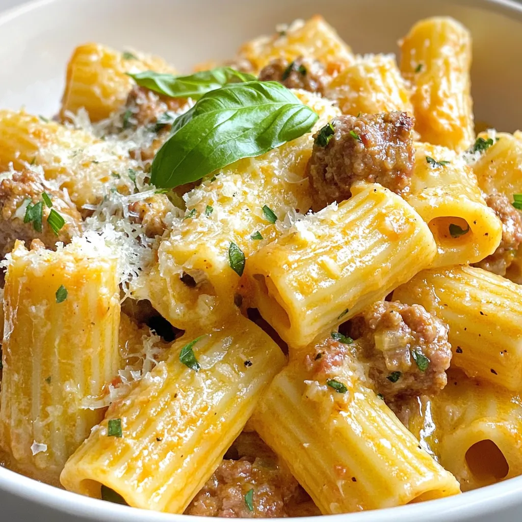 For this creamy Italian sausage rigatoni, gather these ingredients: - 12 oz rigatoni pasta - 1 lb Italian sausage (mild or spicy, casing removed) - 1 medium onion, finely chopped - 3 cloves garlic, minced - 1 cup heavy cream - 1/2 cup chicken broth - 1/2 cup grated Parmesan cheese - 1 teaspoon Italian seasoning - Salt and black pepper to taste - 2 tablespoons olive oil - Fresh basil leaves for garnish These ingredients create a rich and tasty dish that feels like a warm hug. If you want to switch things up, consider these alternatives: - Use penne or farfalle instead of rigatoni. - Swap the Italian sausage for ground turkey or chicken. - Replace heavy cream with half-and-half for a lighter sauce. - Try almond milk mixed with cornstarch for a dairy-free option. - Use nutritional yeast instead of Parmesan for a vegan touch. These swaps keep the dish exciting and cater to different diets. Using fresh ingredients makes a big difference. Fresh pasta tastes better and has a lovely texture. Fresh herbs, like basil, add bright flavor. Fresh garlic and onion give depth to the sauce. They all work together to create a delicious meal. When the ingredients are fresh, your dish will shine and impress everyone at the table. Always choose quality over convenience for the best results. {{ingredient_image_1}} Start by boiling water in a large pot. Add salt to the water. Once the water boils, add 12 oz of rigatoni pasta. Cook it according to the package instructions until it is al dente. This usually takes about 10-12 minutes. After cooking, drain the rigatoni and set it aside. Next, heat 2 tablespoons of olive oil in a large skillet over medium heat. When the oil is hot, add 1 lb of Italian sausage. You can choose mild or spicy based on your taste. Break the sausage apart with a spatula. Cook it for about 5-7 minutes until it is browned and cooked through. In the same skillet, add 1 medium onion, finely chopped. Sauté it for about 3-4 minutes until the onion is soft and translucent. Then, add 3 cloves of minced garlic and cook for another minute. Pour in 1/2 cup of chicken broth and bring it to a simmer. Reduce the heat to low. Stir in 1 cup of heavy cream, 1/2 cup of grated Parmesan cheese, and 1 teaspoon of Italian seasoning. Keep stirring until the cheese melts and the sauce is creamy. Season with salt and black pepper to taste. Now it’s time to mix everything together. Add the cooked rigatoni to the skillet with the creamy sauce. Toss the pasta gently until it is fully coated in the sauce. Cook for an additional 2-3 minutes to heat everything through. Serve the creamy Italian sausage rigatoni hot, and don’t forget to garnish with fresh basil leaves for added color and flavor! To cook perfect rigatoni, use plenty of salted water. This helps the pasta gain flavor. Once it boils, add the rigatoni and stir gently. Follow the package time for al dente. This means it should be firm but not hard. After cooking, drain the pasta but don’t rinse it. Rinsing removes the starch that helps sauce stick. To boost the cream sauce, use quality ingredients. Fresh garlic and onion add depth. Sauté them until soft and fragrant. When you add the chicken broth, let it simmer for a bit. This helps to concentrate the flavors. Stir in the heavy cream and cheese until they melt. Taste and adjust the seasoning with salt and black pepper. Serve the rigatoni hot for the best taste. Garnish with fresh basil leaves for color and aroma. A sprinkle of extra Parmesan cheese on top adds flavor. Pair it with a simple green salad or garlic bread for a complete meal. Enjoy with a glass of wine for a nice touch. Pro Tips Use Fresh Ingredients: Always opt for fresh Italian sausage and herbs to enhance the flavor of your dish. Adjust the Spice Level: If you prefer a milder sauce, use mild sausage, or mix it with a bit of cream to tone down the heat. Parmesan Cheese Substitution: If you don’t have Parmesan, Pecorino Romano is a great alternative that adds a nice sharpness. Perfect Pasta Texture: Make sure to cook the rigatoni al dente for the best texture, as it will continue to cook slightly when combined with the sauce. {{image_2}} You can make this dish lighter without losing flavor. Substitute Italian sausage with turkey or chicken sausage. This swap cuts down on fat while keeping the taste. You can also use whole wheat rigatoni for more fiber. Instead of heavy cream, try Greek yogurt or low-fat milk. These options keep it creamy but reduce calories. Adding veggies can boost nutrition. Spinach, bell peppers, or zucchini work well in this dish. Just cook them with the onion and garlic until soft. For extra protein, consider adding beans or lentils. They add texture and flavor while keeping it hearty. Cheese can change the dish's taste. While Parmesan is classic, you can try Pecorino Romano for a sharper note. Add creamy mozzarella for a rich texture. A sprinkle of feta can also bring a tangy twist. Mixing different cheeses can create a unique flavor experience. To store your creamy Italian sausage rigatoni, first let it cool. Then, place it in an airtight container. Make sure to use a container that seals tightly. This keeps the dish fresh and tasty. You can store it in the fridge for up to three days. Always label your container with the date. This way, you know when it’s time to eat or toss. When you're ready to eat your leftovers, reheating is simple. You can use the microwave or the stove. If using the microwave, place the rigatoni in a bowl. Add a splash of chicken broth or cream to keep it moist. Heat in short bursts. Stir often to warm it evenly. If using the stove, add the pasta to a pan. Heat on low, stirring gently. Add a bit of cream or broth if it looks dry. This keeps the sauce creamy and delicious. You can also freeze this dish for later. Start by letting it cool completely. Then, place it in a freezer-safe container or bag. Make sure to remove as much air as possible. This prevents freezer burn. Label the container with the date. Your rigatoni can stay frozen for up to three months. To reheat frozen rigatoni, thaw it in the fridge overnight. Then use your preferred reheating method. Enjoy your comforting dish anytime! Yes, you can use other pasta shapes. Options like penne, fusilli, or farfalle work well. Just make sure to cook them until al dente. Each pasta shape will hold the sauce differently. Rigatoni has ridges that grab the sauce nicely. Feel free to experiment based on your preference. To add heat, use spicy Italian sausage instead of mild. You can also add red pepper flakes while cooking. Start with a small amount and taste as you go. If you want more heat, add a bit of hot sauce. This will give your dish a nice kick without overpowering the flavors. If you want a lighter option, you can use half-and-half. It will keep some creaminess but lower the fat content. For a dairy-free option, try coconut milk or cashew cream. Both provide a creamy texture. Just be aware that they will change the flavor a bit. This post covered the key ingredients for a tasty dish and their alternatives. I walked you through step-by-step cooking, from the rigatoni to the cream sauce. You learned tips to cook pasta well and enhance flavor. We also explored variations with healthier options and ways to add veggies. Finally, I shared how to store leftovers and answered common questions. Enjoy creating your dish, and remember, fresh ingredients lead to the best results!