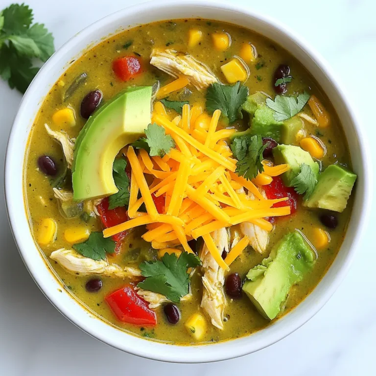 - 1 lb boneless, skinless chicken breasts, diced - 1 medium onion, chopped - 2 cloves garlic, minced - 1 bell pepper, diced (green or yellow) - 1 can (10 oz) green enchilada sauce In this soup, the chicken gives protein and keeps it filling. Onion and garlic add depth to the flavor. The bell pepper adds sweetness and crunch. The green enchilada sauce is key; it brings a zesty kick and a lovely green color. - 4 cups chicken broth - 1 can (15 oz) black beans, drained and rinsed - 1 cup corn (fresh, frozen, or canned) - 1 teaspoon ground cumin - 1 teaspoon chili powder - Salt and pepper to taste - 1 cup shredded cheddar cheese - Fresh cilantro for garnish - Avocado slices for topping (optional) Chicken broth makes the soup warm and comforting. Black beans and corn add fiber and texture. Ground cumin and chili powder give a nice warmth and aroma. Salt and pepper enhance all the flavors. Finally, cheese, cilantro, and avocado make the soup even better with freshness and creaminess. These ingredients come together to create a delicious, hearty soup perfect for any meal. {{ingredient_image_1}} First, gather all your ingredients. This makes cooking easy and fun. Here’s what you need: - 1 lb boneless, skinless chicken breasts, diced - 1 tablespoon olive oil - 1 medium onion, chopped - 2 cloves garlic, minced - 1 bell pepper, diced - 1 can (10 oz) green enchilada sauce - 4 cups chicken broth - 1 can (15 oz) black beans, drained and rinsed - 1 cup corn - 1 teaspoon ground cumin - 1 teaspoon chili powder - Salt and pepper to taste - 1 cup shredded cheddar cheese - Fresh cilantro for garnish - Avocado slices (optional) You’ll need a large pot for cooking. A wooden spoon helps to stir everything well. A cutting board and knife will make chopping easy. Now, let’s start cooking! 1. Sautéing vegetables: Heat the olive oil in the large pot over medium heat. Add the chopped onion. Cook it for 3-4 minutes until it softens. Then, add minced garlic and diced bell pepper. Cook this for 2 more minutes. The scent will fill your kitchen! 2. Cooking the chicken: Next, add the diced chicken into the pot. Season it with salt, pepper, cumin, and chili powder. Cook until the chicken is brown on all sides. This takes about 5-7 minutes. 3. Combining all ingredients: Pour in the green enchilada sauce and chicken broth. Stir everything to mix well. Bring it to a gentle simmer. Then, add the black beans and corn. Mix it all up. Let it simmer for 15-20 minutes. This helps the flavors blend perfectly. After the soup has simmered, it’s time to add the cheese. 1. Melting cheese: Remove the pot from heat. Stir in half of the shredded cheddar cheese. Keep stirring until it melts and gets creamy. 2. Adjusting seasonings: Taste the soup. If you need more flavor, add a bit of salt or pepper. Your One-Pot Green Enchilada Chicken Soup is now ready to serve! Enjoy it hot with cilantro, extra cheese, and avocado slices on top if you like. To achieve the right flavor balance, focus on the spices. A mix of cumin and chili powder brings warmth. Use fresh ingredients for the best taste. Fresh cilantro adds a burst of flavor when you serve the soup. For perfect chicken texture, cut the chicken into small, even pieces. This ensures even cooking. Sauté the chicken until it's browned. This step adds depth to the flavor. Avoid overcooking the chicken to keep it tender. You can cook this soup on the stovetop or in an Instant Pot. The stovetop method lets the flavors meld slowly. This results in a rich taste. The Instant Pot speeds up cooking time. It’s great for busy days. To make it in advance, prepare the soup but skip the cheese and toppings. Store it in the fridge for 3 days. When ready to serve, reheat and add cheese. This keeps the cheese fresh and melty. Pro Tips Use Fresh Ingredients: Fresh ingredients will enhance the flavor of your soup, making it more vibrant and delicious. Opt for fresh herbs and vegetables whenever possible. Customize Your Spice Level: Adjust the amount of chili powder and cumin according to your spice preference. You can add jalapeños for an extra kick or reduce the spices for a milder flavor. Make It Ahead: This soup tastes even better the next day! Prepare it ahead of time and store it in the fridge for a quick meal later in the week. Garnish Generously: Don't skip the garnishes! Fresh cilantro, avocado slices, and extra cheese add layers of flavor and texture to your soup. {{image_2}} Using different proteins You can swap the chicken for turkey or lean beef. These meats work well and add new flavors. If you use turkey, I suggest using ground turkey. It cooks fast and blends well with the soup. If you want a richer taste, try using shredded rotisserie chicken. It saves time and adds depth. Vegetarian options For a vegetarian version, leave out the chicken. Replace it with extra black beans or chickpeas. Both options add protein and fiber. You can also use tofu for a chewy texture. Just cube it and add it in with the other ingredients at the start. This makes the soup hearty and filling. Adding spice and heat If you like it spicy, add diced jalapeños or a pinch of cayenne pepper. This will give your soup a nice kick. For a milder heat, use a dash of smoked paprika. It adds a smoky flavor without much spice. You can also top each bowl with sliced fresh chili peppers for an extra boost. Extra vegetables for nutrition Add more vegetables to boost the nutrition. Diced carrots, zucchini, or spinach work great. Just chop them up and add them when you add the beans and corn. This not only adds nutrients but also color to your bowl. It makes the dish look more appealing and wholesome. To keep your One-Pot Green Enchilada Chicken Soup fresh, store it in the fridge. Use an airtight container to prevent spills and keep flavors intact. This soup stays tasty for about 3 to 4 days. Be sure to let the soup cool down before you seal it up. This helps avoid condensation inside the container. If you want to save the soup for later, freezing is a great option. Pour the cooled soup into freezer-safe bags or containers. Leave some space at the top, as the soup will expand when frozen. The soup can last up to 3 months in the freezer. When you're ready to eat it, remove the soup from the freezer. Place it in the fridge overnight to thaw. To reheat, pour the soup into a pot. Heat it on medium until warm, stirring often. You can also use the microwave. Heat in short bursts, stirring in between, to make sure it warms evenly. Enjoy your soup just like the first time! How long does the soup last in the fridge? This soup stays fresh in the fridge for about 3 to 4 days. Store it in an airtight container. You can reheat it on the stove or in the microwave. Just stir well before serving. Can I use rotisserie chicken? Yes, you can use rotisserie chicken! It saves time and adds great flavor. Just shred the chicken and add it to the soup after the broth is hot. This way, you get a quick meal without losing taste. Is this recipe gluten-free? Yes, this recipe can be gluten-free! Just check the green enchilada sauce for gluten-free labels. Most brands offer gluten-free options. The other ingredients are naturally gluten-free, so you can enjoy this soup worry-free. This blog post covered how to make a flavorful chicken soup. You learned about key ingredients like chicken, onion, and green enchilada sauce. We shared steps for preparation and cooking, along with tips for perfect texture and flavor. You can even customize your soup with different proteins or spices. In the end, this recipe is flexible and easy. You can enjoy it fresh or stored for later. No matter how you make it, this soup promises warmth and satisfaction. Dive in and make it your own!