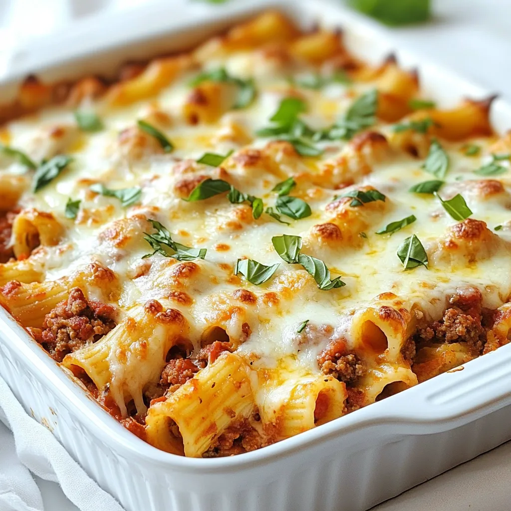 To make Million Dollar Baked Ziti, gather these key ingredients: - 16 oz ziti pasta - 2 tablespoons olive oil - 1 onion, finely chopped - 3 cloves garlic, minced - 1 pound ground beef or turkey - 1 teaspoon Italian seasoning - 24 oz marinara sauce - 1 cup ricotta cheese - 1 egg - 2 cups shredded mozzarella cheese - 1 cup grated Parmesan cheese - Fresh basil, for garnish - Salt and pepper to taste For a fancy touch, you can try these ingredients: - Use fresh pasta instead of dried ziti. This makes the dish softer. - Swap the ground meat for Italian sausage. This gives a nice spice. - Add a layer of fresh spinach or roasted vegetables for more flavor and nutrients. - Try different cheeses like fontina or gouda for a richer taste. Garnishes enhance the look and taste of your dish. Here are some ideas: - Fresh basil leaves for a bright flavor. - A sprinkle of red pepper flakes for heat. - A drizzle of high-quality olive oil just before serving. - Extra grated Parmesan for a cheesy finish. These simple ingredients and garnishes can elevate your comfort food to a gourmet level! {{ingredient_image_1}} First, gather all your ingredients. This makes cooking smooth and easy. You need ziti pasta, olive oil, onion, garlic, ground meat, marinara sauce, ricotta cheese, an egg, mozzarella cheese, and Parmesan cheese. Don't forget salt and pepper! Chop the onion finely and mince the garlic. This helps release their great flavors. Set everything aside to use later. Start by preheating your oven to 375°F (190°C). Next, cook the ziti pasta as the package says. You want it al dente, so it holds up well in the oven. Drain the pasta and set it aside. In a big skillet, heat the olive oil over medium heat. Add the chopped onion. Sauté it for about 3-4 minutes until it turns soft and clear. Then, add the minced garlic and the ground meat. Cook this mix until the meat is brown. Use a spatula to break it apart as it cooks. Season it with Italian seasoning, salt, and pepper. Stir in the marinara sauce and let it simmer for about 5 minutes, then turn off the heat. In a bowl, mix the ricotta cheese, egg, a pinch of salt, and half of the grated Parmesan cheese. Stir it well. In a large mixing bowl, combine the cooked ziti, meat sauce, and ricotta mixture. Mix everything until the pasta is well coated. Now, take a greased 9x13 inch baking dish and pour in the mixture. Spread it evenly. Top it with the remaining mozzarella and Parmesan cheese. Cover the dish with aluminum foil and bake it for 20 minutes. After that, remove the foil and bake for another 15-20 minutes, until the cheese bubbles and turns golden brown. Let the baked ziti sit for 5-10 minutes before serving. Garnish with fresh basil for a nice touch! To get the best melt from your mozzarella, choose fresh cheese. Shred it yourself for a smoother melt. When sprinkling the cheese on top, make sure to cover every inch. This helps the cheese melt evenly. Bake until the cheese is bubbly and light brown. Let it sit for a few minutes before serving. This allows the cheese to firm up a bit. You can prepare this dish in advance. Cook the pasta and meat sauce earlier in the day. Mix everything together and place it in the baking dish. Cover it and store it in the fridge. When you're ready, just bake it, adding a few extra minutes to the cooking time. This makes dinner easy and fast. If you have guests with dietary needs, you can easily adjust this recipe. Use ground turkey or a plant-based meat for a lighter option. Swap the ricotta for a dairy-free cheese to cater to vegans. If someone can't eat gluten, use gluten-free pasta. These changes keep the dish tasty while meeting everyone's needs. Pro Tips Use Fresh Ingredients: For the best flavor, opt for fresh herbs and high-quality marinara sauce. Fresh ingredients can elevate the dish significantly. Mix Cheeses for Depth: Combining different types of cheeses, like mozzarella and provolone, can add a richer flavor and texture to your baked ziti. Add Veggies: Feel free to incorporate vegetables like spinach, mushrooms, or bell peppers into the meat sauce for added nutrition and flavor. Let it Rest: Allowing the baked ziti to sit for 5-10 minutes after baking helps it set, making it easier to serve without falling apart. {{image_2}} You can make a vegetarian version of this dish. Start by swapping the meat with veggies. I suggest using mushrooms, zucchini, and bell peppers. These add great flavor and texture. Sauté the veggies with the onion and garlic. Then, follow the same steps as in the original recipe. You still get a creamy, cheesy, and hearty meal without meat. If you love heat, try my spicy version. Add red pepper flakes or diced jalapeños to the meat sauce. You can also use spicy Italian sausage instead of ground beef or turkey. This will bring a nice kick to the dish. Don’t forget to adjust the cheese too. A pepper jack cheese topping can make it extra zesty. Mixing different cheeses can change the taste of baked ziti. Try adding fontina or gouda for a richer flavor. You can also use a blend of cheeses for more depth. Mozzarella, ricotta, and parmesan are the classics. But adding a bit of blue cheese or goat cheese can surprise your taste buds. Just remember to balance the flavors so they don’t overpower each other. To store your Million Dollar Baked Ziti, let it cool first. Place it in an airtight container. I prefer glass containers for easy reheating. You can keep leftovers in the fridge for up to four days. Make sure to label the container with the date. This way, you won’t forget when you made it. When you’re ready to enjoy leftovers, reheat them in the oven. Preheat your oven to 350°F (175°C). Place the ziti in an oven-safe dish. Cover it with foil to keep it moist. Heat for about 20 minutes or until warmed through. You can also microwave it. Use a microwave-safe bowl and cover it. Heat in 1-minute intervals, stirring in between. This helps it heat evenly. To freeze your Million Dollar Baked Ziti, first let it cool completely. Cut it into portions for easy servings later. Wrap each portion in plastic wrap, then place in a freezer bag. Squeeze out as much air as possible. Label the bags with the date. You can freeze it for up to three months. When you’re ready to eat, thaw it overnight in the fridge before reheating. Yes, you can use other pasta shapes. Rotini or penne work well too. Just make sure to cook them until al dente. This keeps them firm when baking. You can even try gluten-free pasta if needed. Keep in mind, the sauce should coat the pasta well. To make it gluten-free, choose gluten-free ziti or another gluten-free pasta. These options are easy to find in stores. Always check the package for gluten-free labels. Make sure the marinara sauce is also gluten-free. This way, everyone can enjoy this tasty dish! Many sides pair nicely with baked ziti. A fresh green salad adds great crunch. Garlic bread can soak up the sauce and is very tasty. You might also consider steamed veggies for a healthy touch. This dish is filling, so a light side works best! This guide covers the key steps for making delicious Million Dollar Baked Ziti. We explored ingredients, cooking methods, and tips for the best results. You can even tweak your dish with different variations or dietary options. Remember, perfect cheese melt and proper storage can enhance your meal. Enjoy creating this tasty dish and impressing your family or friends. Cooking should be fun, so get started and make it your own!