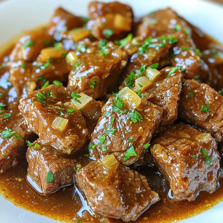 Here’s what you need for Easy Sirloin Tips in Gravy: - 1.5 pounds sirloin steak, cut into bite-sized pieces - 1 cup beef broth - 1 medium onion, finely chopped - 3 cloves garlic, minced - 2 tablespoons soy sauce - 2 tablespoons Worcestershire sauce - 1 teaspoon dried thyme - 3 tablespoons olive oil - 1 tablespoon cornstarch (optional, for thickening) - Salt and pepper to taste - Fresh parsley for garnish Each ingredient brings its own flavor to the dish. The sirloin steak gives you tender meat, while the beef broth adds depth. Onions and garlic bring sweetness and a nice aroma. Soy sauce and Worcestershire sauce give that umami kick. Dried thyme adds a hint of earthiness. The olive oil helps to sear the meat, making it juicy. If you want a thicker gravy, cornstarch is your friend. Salt and pepper are key for seasoning, and fresh parsley gives a pop of color. Gather these ingredients before you start cooking. This way, you will have everything ready to go. Cooking becomes so much easier when you are organized! {{ingredient_image_1}} Searing the sirloin Start by heating 2 tablespoons of olive oil in a large skillet over medium-high heat. This helps to create a nice crust on the meat. Season the sirloin pieces with salt and pepper for flavor. Add the sirloin to the skillet in a single layer. Sear each side for about 3-4 minutes until they turn brown. Remove them from the skillet and set them aside. Seasoning tips Use fresh ground pepper and coarse sea salt. This will boost the taste of your sirloin. Don't be shy with the seasoning; it makes a big difference! Sautéing onions and garlic In the same skillet, add 1 tablespoon of olive oil. Toss in the chopped onion and sauté until it becomes translucent, around 4-5 minutes. Then, add the minced garlic and cook for another minute until it smells great. This step builds the base for your gravy. Combining the ingredients Now, return the seared sirloin tips to the skillet. Pour in 1 cup of beef broth, followed by 2 tablespoons of soy sauce and 2 tablespoons of Worcestershire sauce. Sprinkle in 1 teaspoon of dried thyme. Stir everything well to mix the flavors together. Simmering for flavor Bring this mixture to a gentle simmer. Let it cook for about 15-20 minutes. This allows the meat to soak up all the rich flavors from the gravy. Thickening the gravy (optional) If you want a thicker gravy, take 1 tablespoon of cornstarch and mix it with a tablespoon of cold water. Stir this mix into the skillet. Cook for another 2-3 minutes until the gravy thickens up nicely. This step is optional, but it does make the gravy heartier. Taste your dish and add more salt and pepper if you think it needs it. To boost the taste of sirloin tips, try these seasonings: - Garlic powder: Adds a rich, savory note. - Smoked paprika: Brings a bit of warmth and depth. - Red pepper flakes: For a touch of heat. These spices will give your dish a fresh twist. For side dishes, consider: - Mashed potatoes: Their creaminess pairs well with the gravy. - Steamed broccoli: The crunch adds balance. - Rice: It soaks up all the delicious gravy. To get a perfect sear on sirloin, follow these steps: 1. Preheat your skillet: Make sure it’s hot before adding oil. 2. Do not overcrowd: Sear in batches to keep the heat up. 3. Do not move the meat: Let it sit for 3-4 minutes before flipping. For a quicker cook time, you can: - Cut the sirloin into smaller pieces: This speeds up cooking. - Use a pressure cooker: It reduces cooking time by half. These tips will help you create a tasty and quick meal! Pro Tips Rest the Meat: After searing the sirloin tips, let them rest for a few minutes before serving. This helps retain their juices and improves tenderness. Use Fresh Herbs: For a burst of flavor, consider adding fresh thyme or parsley at the end of cooking instead of dried herbs. Adjust Thickness: If you prefer a richer gravy, allow it to simmer longer without the cornstarch. This will concentrate the flavors and thicken naturally. Pairing Suggestions: Serve the sirloin tips over mashed potatoes or egg noodles to soak up the delicious gravy. {{image_2}} You can use different cuts of beef for this dish. Flank steak or chuck roast works well. These cuts often have great flavor and are tender when cooked right. If you want to save money, look for sales on these cuts. For gluten-free options, swap soy sauce with tamari. Tamari has a similar taste but is made without wheat. You can also use coconut aminos for a sweet and salty flavor. This way, everyone can enjoy the meal. Adding vegetables can enhance your dish. Try throwing in sliced mushrooms, bell peppers, or even carrots. These veggies will add texture and flavor. You can sauté them with the onion and garlic for a tasty mix. Experimenting with herbs and spices can turn this meal into something special. Add a bay leaf for depth or some pepper flakes for heat. Fresh herbs like thyme or rosemary can also brighten the dish. Don't be afraid to try new combinations and find what you love! After enjoying your sirloin tips, store any leftovers in an airtight container. This keeps them fresh and tasty. Place the container in the fridge right away. Your dish will stay good for about 3 to 4 days. It’s important not to leave it out too long. Bacteria can grow quickly at room temperature. To warm up your sirloin tips, use a skillet. Heat it on low and add the leftovers. Stir gently to keep the meat juicy. You can also use the microwave. Put the tips in a bowl, cover it, and heat for 1 to 2 minutes. Check often to avoid overcooking. If you want to freeze your leftovers, place them in a freezer-safe container. Make sure to label it with the date. They will last for about 2 to 3 months in the freezer. When you’re ready to eat, thaw them overnight in the fridge before reheating. Enjoy your savory meal! You can serve sirloin tips in gravy with many sides. Mashed potatoes pair well. Rice is another tasty choice. You might also enjoy it with egg noodles. Steamed veggies add color and nutrients. A simple green salad can balance the meal. Yes, you can use a slow cooker for this recipe. Start by searing the sirloin tips in a pan. Then, transfer them to the slow cooker. Add the broth, sauces, onions, and garlic. Cook on low for 6 to 8 hours or on high for 3 to 4 hours. This method enhances the flavors and makes the meat tender. For storing leftovers, let the sirloin cool first. Place it in an airtight container. It can stay in the fridge for up to 3 days. If you want to keep it longer, freeze it. Make sure to use a freezer-safe container. It can last up to 3 months in the freezer. To create a vegetarian version, swap the sirloin for mushrooms or tempeh. Use vegetable broth instead of beef broth. Keep the onion, garlic, and seasonings the same. Cook them until tender and flavorful. This way, you can enjoy a hearty meal that's meat-free. In this post, we explored how to make tasty sirloin tips in gravy. I covered the main ingredients, like sirloin steak and beef broth, and gave clear steps for cooking. You learned some tips to enhance flavor and variations for different tastes. Remember, you can store leftovers well and enjoy them later. Try experimenting with new ingredients. Cooking is all about trying new things. Enjoy your delicious sirloin tips!