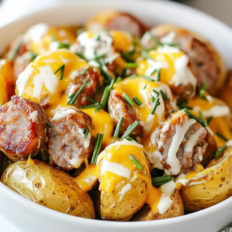 To make Cheesy Ranch Sausage Potatoes, gather these key items: - 1 pound baby potatoes, halved - 1 pound Italian sausage, casings removed - 1 cup shredded sharp cheddar cheese - 1/2 cup ranch dressing - 1 tablespoon olive oil - 1 teaspoon garlic powder - 1 teaspoon onion powder - Salt and pepper to taste - 2 tablespoons chopped fresh chives (for garnish) These ingredients come together to create a rich, cheesy dish that warms you up. You can add more taste with these optional ingredients: - Cooked bacon bits for a smoky flavor - Diced bell peppers for color and crunch - Fresh herbs like parsley or dill for brightness These extras take the dish to a new level and let you customize it. If you don’t have an ingredient, here are some swaps: - Use turkey or chicken sausage instead of Italian sausage for a leaner option. - Swap ranch dressing with blue cheese dressing for a zesty twist. - Try a different cheese like mozzarella or pepper jack for a unique taste. These substitutions help you make this recipe your own while keeping it delicious. {{ingredient_image_1}} 1. Start by preheating your oven to 400°F (200°C). This step gets the oven ready for roasting. 2. Take a large bowl and add the halved baby potatoes. 3. Pour in the olive oil, garlic powder, onion powder, salt, and pepper. 4. Toss the mixture well until the potatoes are evenly coated. 1. Spread the potatoes on a large baking sheet in a single layer. 2. Roast them in the oven for 20 minutes. They should start to get tender. 3. While the potatoes cook, heat a large skillet over medium heat. 4. Add the Italian sausage. Cook it for about 5-7 minutes. Break apart the sausage with a spatula as it cooks. 5. After 20 minutes, take the baking sheet out of the oven. 6. Add the cooked sausage to the potatoes and mix them together. 7. Drizzle the ranch dressing over the mixture. Then, sprinkle the shredded cheddar cheese on top. 8. Put the baking sheet back in the oven for another 10-15 minutes. The cheese should melt and bubble nicely. 1. Once done, take the baking sheet out of the oven. 2. Garnish your dish with the chopped chives for a fresh touch. 3. Serve hot and enjoy this cheesy comfort dish with your family or friends. When you pick potatoes, look for ones that are firm and smooth. Avoid any with soft spots or blemishes. Baby potatoes work best for this recipe. They cook quickly and have a nice bite. If you can, choose Yukon Gold or red potatoes; they add great flavor. Use fresh Italian sausage for the best taste. Remove the casings before cooking. This helps the sausage break apart easily. Cook it over medium heat. Stir often to ensure even browning. It should take about 5-7 minutes. Make sure it is fully cooked before mixing it with the potatoes. While the recipe is tasty as is, you can add more flavor. Try adding paprika or cayenne pepper for a kick. Fresh herbs like thyme or rosemary can work well too. You can also mix in some cooked bacon for extra crunch. These small changes can take your dish to the next level. Pro Tips Use Yukon Gold Potatoes: They have a creamy texture and buttery flavor that enhances the dish. Spice it Up: Add some red pepper flakes or your favorite hot sauce to the sausage for an extra kick. Cheese Variations: Try swapping sharp cheddar for pepper jack or mozzarella for a different flavor profile. Make Ahead: You can prepare the potatoes and sausage mixture ahead of time, just add the cheese and bake when ready to serve. {{image_2}} You can easily turn this dish into a vegetarian treat. Swap the Italian sausage for plant-based sausage. Look for brands that mimic the taste and texture of meat. You can also add extra veggies like bell peppers, zucchini, or mushrooms. These will add flavor and nutrition. Toss them in with the potatoes and follow the same baking steps. The ranch dressing and cheese will still make it delicious! If you crave heat, add some spice! You can mix in jalapeños or chili flakes. For a smoky flavor, add chipotle powder. You can also use spicy sausage instead of the regular kind. This change will give the dish a nice kick. Just adjust the ranch dressing to balance the heat. Your taste buds will thank you for the extra flavor! To make these potatoes kid-friendly, keep it simple. Consider omitting the sausage and cheese. You can add more ranch dressing for a creamier taste. Kids love cheesy flavors, so you can also try mild cheese like mozzarella. Cut the potatoes into fun shapes for a playful twist. They will enjoy the fun shapes and flavors, making mealtime exciting! After you enjoy your Cheesy Ranch Sausage Potatoes, store any leftovers in a sealed container. Let them cool to room temperature first. You can keep them in the fridge for up to three days. Make sure to use an airtight container to keep them fresh and tasty. To reheat, you can use an oven or a microwave. If using the oven, set it to 350°F (175°C). Spread the potatoes on a baking sheet and warm them for about 15 minutes. This helps keep the cheese nice and melty. If you’re in a hurry, use the microwave. Heat in short bursts, about 30 seconds, until warm. Stir halfway to heat evenly. You can freeze Cheesy Ranch Sausage Potatoes for later use. Place cooled portions in freezer-safe bags or containers. They can last for about two months in the freezer. When you’re ready to eat, thaw them in the fridge overnight. Reheat them in the oven or microwave as described above. This makes for an easy meal on busy days! Yes, you can prepare Cheesy Ranch Sausage Potatoes ahead of time. Cook the potatoes and sausage as directed. Once cooked, let them cool. Store them in the fridge in an airtight container for up to two days. When ready to eat, reheat in the oven at 350°F until warm. This keeps the cheese melty and the dish tasty. Cheesy Ranch Sausage Potatoes pair well with many sides. Here are some great options: - A fresh green salad - Steamed broccoli or green beans - Garlic bread - Coleslaw These sides add color and balance to your meal. They also complement the creamy and cheesy flavors well. To serve more people, simply double the recipe. Use two pounds of baby potatoes and two pounds of Italian sausage. Adjust the cheese and ranch dressing as well. You may need to use two baking sheets if your oven is small. This ensures even cooking and a delicious meal for everyone. We covered the key ingredients and instructions for making Cheesy Ranch Sausage Potatoes. I shared tips to pick the best potatoes and cook sausage perfectly. You also learned how to make variations, like a vegetarian version or spicy twist. Lastly, I provided storage methods and answered common questions. Making this dish is fun and easy. Enjoy your cooking and share it with friends!