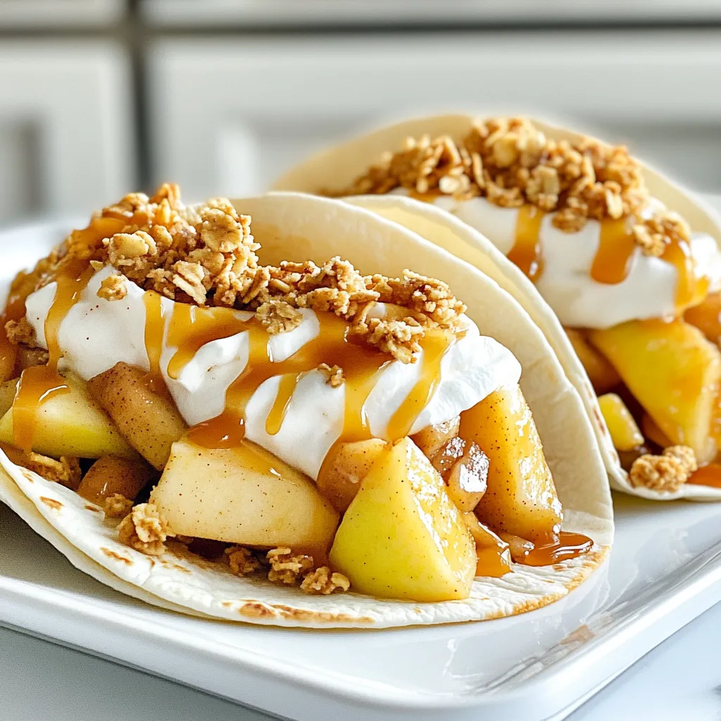 - 2 large flour tortillas - 2 medium apples (Granny Smith or Honeycrisp) - 1 tablespoon lemon juice - 1 teaspoon ground cinnamon - 1/2 teaspoon nutmeg - 1/4 cup brown sugar - 1 tablespoon unsalted butter - 1/2 cup granola - Whipped cream (for topping) - Caramel sauce (for drizzling) Using fresh ingredients is key to great flavor. I love using Granny Smith apples for their tartness or Honeycrisp for sweetness. The lemon juice keeps the apples bright and fresh. Cinnamon and nutmeg add warmth and depth to the filling. Brown sugar gives a rich sweetness that balances the tart apples perfectly. The tortillas should be large enough to hold the filling without breaking. Granola adds a fun crunch, while whipped cream and caramel sauce make it indulgent. Each ingredient plays a role in making these apple pie tacos a delightful treat. {{ingredient_image_1}} First, grab a medium bowl. Toss the diced apples with lemon juice, ground cinnamon, nutmeg, and brown sugar. Mix well. This step helps blend the sweet and tart flavors. Let the mixture sit for about 10 minutes. This allows the flavors to meld and creates a sweeter filling. Next, heat a skillet over medium heat. Add the unsalted butter to the pan. Once it melts, add the apple mixture. Cook for about 5 to 7 minutes. Stir occasionally to prevent sticking. You want the apples tender, but not mushy. They should hold their shape for the tacos. Now, take another skillet and heat it up. Warm each tortilla for about 30 seconds on each side. This step is key for flexibility. Warm tortillas fold better and won’t crack when you shape them into tacos. Once the tortillas are warm, it’s time to assemble. Take one tortilla and spoon the warm apple filling down the center. Sprinkle granola on top for that crunchy texture. Fold the tortilla over carefully to form a taco shape. Make sure the filling stays inside. Repeat this with the second tortilla. For a final touch, drizzle whipped cream and caramel sauce on top. This adds sweetness and creaminess. You can also serve them on a nice plate. It makes the dish look even more inviting. For apple pie tacos, I love using Granny Smith or Honeycrisp apples. - Granny Smith: These apples are tart and add a nice zing. - Honeycrisp: They are sweet and juicy, perfect for balance. A mix of both gives you the best flavor. You want a good mix of sweet and tart. This way, your tacos taste bright and exciting. You can prepare the apple filling in advance. This helps if you have a busy day. - Prep tip: Store the apple filling in an airtight container. It keeps well in the fridge for up to three days. - Quick tip: Reheat the filling on the stove before serving. This brings back the warm, cozy flavor. Add extra spices to boost the flavor of your apple pie tacos. - Suggestions: Try adding a pinch of allspice or ginger. They pair well with apples. - Toppings: Drizzle with caramel sauce for sweetness or sprinkle nuts for crunch. You can adjust the sweetness by using less brown sugar or adding more. Customize to fit your taste! Pro Tips Choose the Right Apples: For the best flavor and texture, use a mix of tart and sweet apples like Granny Smith and Honeycrisp. Prevent Soggy Tortillas: Lightly toasting the tortillas before assembly helps maintain their structure and prevents them from getting soggy. Add a Pinch of Salt: A small pinch of salt in the apple mixture can enhance the flavors and balance the sweetness of the brown sugar. Experiment with Toppings: Feel free to mix in your favorite toppings like chopped nuts or a sprinkle of powdered sugar for an extra touch! {{image_2}} You can switch up the tortillas for more fun. Corn tortillas work great for a crisp bite. They add a nice touch of flavor. You can also find gluten-free tortillas. These options help everyone enjoy the tacos. Want to mix things up? Add nuts or raisins for extra texture. They bring a nice crunch to each bite. You can also try chocolate or peanut butter. These flavors can make your tacos extra special. For a dessert treat, pair your tacos with ice cream. A scoop of vanilla goes well with the warm apples. You can also serve them for breakfast. Top them with yogurt instead of whipped cream for a healthy twist. To store your assembled apple pie tacos, wrap each taco in plastic wrap. This keeps them from drying out. Place them in an airtight container. Store them in the fridge for up to two days. If you want to keep the filling fresh, store it separately. Place the filling in a bowl and cover it tightly with plastic wrap. You can keep it in the fridge for about three days. When reheating, use a skillet for best results. Heat it on medium-low. Place the taco in the skillet for about two minutes on each side. This keeps the tortilla crisp. If you prefer the microwave, use a microwave-safe plate. Heat for 30 seconds, then check. Repeat if needed, but be careful not to overheat. You want to keep the texture just right. Yes, you can use green apples like Granny Smith. They add a nice tart flavor. This can balance the sweetness of the brown sugar. If you prefer a sweeter taste, mix in some Honeycrisp apples too. This blend offers great flavor depth. To keep tortillas crisp, warm them just before you fill them. Heat them for about 30 seconds on each side in a skillet. This makes them softer without getting soggy. Filling them while warm helps too. Serve right after making for the best texture. The apple filling stays fresh for about 3 to 4 days in the fridge. Store it in an airtight container. Let it cool before sealing to avoid steam buildup. You can enjoy it later by reheating it in a skillet for a quick treat. Yes, a vegan version is easy to make! Use plant-based butter instead of unsalted butter. Replace granola with a vegan option. You can use coconut whipped cream too. These swaps keep the dish tasty while making it vegan-friendly. You can freeze the apple filling, but not the assembled tacos. Store the filling in a freezer-safe container for up to 2 months. Thaw it overnight in the fridge before using. Warm the tortillas fresh when you are ready to eat, and fill them up. This article covered how to make delicious Apple Pie Tacos. You learned about the ingredients and how to prepare the apples, cook them, and assemble everything. I shared helpful tips for selecting apples and ways to store your tacos. You can also explore fun variations to keep things fresh. Now it’s your turn. Enjoy making these tacos and share them with friends and family. You’ll love the fun twist on a classic dessert!