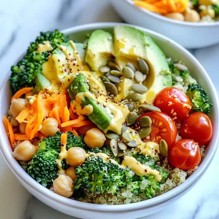 - 1 cup quinoa, rinsed - 2 cups vegetable broth (low-sodium) - 1 cup chickpeas, cooked or canned, drained and rinsed - 1 cup steamed broccoli florets - 1 medium avocado, diced - 1 medium carrot, shredded - ½ cup cherry tomatoes, halved - ¼ cup pumpkin seeds - 2 tablespoons tahini - 2 tablespoons lemon juice - 1 garlic clove, minced - Salt and pepper to taste - Fresh parsley, chopped (for garnish) This power bowl offers a wealth of health benefits. Quinoa is a complete protein. It has all nine essential amino acids. Chickpeas add fiber, helping control blood sugar. Broccoli is rich in vitamins and minerals. Avocado provides healthy fats, which are great for heart health. Pumpkin seeds are full of magnesium. They help with blood sugar control. Tahini brings in calcium and healthy fats. The lemon juice adds vitamin C, boosting your immune system. Each ingredient plays a role in keeping you healthy and energized. You can easily swap ingredients to fit your needs. For gluten-free diets, quinoa is already a great choice. If you need a nut-free option, use sunflower seeds instead of pumpkin seeds. You can replace tahini with a nut-free butter like sunflower seed butter. If you want to lower carbs, use cauliflower rice instead of quinoa. For a vegan option, ensure the vegetable broth is plant-based. You can switch chickpeas for lentils if you prefer. Each swap can still keep the dish delicious and nutritious. {{ingredient_image_1}} To cook the quinoa, start by bringing 2 cups of low-sodium vegetable broth to a boil in a medium saucepan. Once it boils, add 1 cup of rinsed quinoa. This step is key for a tasty base. Reduce the heat to low, cover, and let it simmer for about 15 minutes. You will know it’s done when the quinoa is fluffy and all the broth is absorbed. Remove it from the heat and keep it covered for 5 more minutes. Fluff it with a fork before serving. Next, prepare the tahini dressing. In a small bowl, add 2 tablespoons of tahini, 2 tablespoons of lemon juice, and 1 minced garlic clove. Whisk these together until they blend well. If the dressing is too thick, add a teaspoon of water. This will help create a smooth, pourable sauce. Adjust salt and pepper to taste. This dressing adds rich flavor and healthy fats. Now, it’s time to assemble your power bowls. Start with the cooked quinoa as the base. Divide the quinoa into four bowls. Next, add equal amounts of cooked chickpeas, steamed broccoli, diced avocado, shredded carrot, and halved cherry tomatoes to each bowl. Drizzle the tahini dressing over the top of each bowl. Finally, sprinkle ¼ cup of pumpkin seeds and garnish with fresh chopped parsley. This final touch adds color and crunch. Enjoy your nutritious meal! To make fluffy quinoa, rinse it well before cooking. Rinsing removes excess starch. Use two parts broth for one part quinoa. When it cooks, let it sit covered for five minutes. After that, fluff it with a fork. This keeps it from clumping. You can change the tahini dressing to mix up the taste. Try adding herbs like dill or basil. You can also use yogurt instead of tahini for creaminess. A splash of hot sauce gives it a kick. For a sweeter touch, add a drizzle of honey or maple syrup. Meal prep saves time during busy days. Cook a big batch of quinoa and store it in the fridge. Chop veggies and keep them in containers. You can make the dressing ahead, too. Just remember to give it a good shake before use. This way, you have quick meals ready when you need them. Pro Tips Rinse the Quinoa: Always rinse quinoa before cooking to remove its natural coating, called saponin, which can make it taste bitter. Customize Your Toppings: Feel free to swap out vegetables based on your preference or what you have on hand. Seasonal veggies work great! Make Ahead: This power bowl is perfect for meal prep. Cook the quinoa and chop the veggies in advance for quick assembly during the week. Extra Flavor: For an added flavor boost, consider roasting the chickpeas and vegetables with your favorite spices before adding them to the bowl. {{image_2}} You can easily change the protein in your power bowl. Some great options are tofu or chicken. Tofu is plant-based and works well with many flavors. It soaks up sauces nicely. For chicken, grilled or baked works best. It adds a tasty, lean protein boost. You can also try beans or fish. Each choice makes your bowl unique and fun. Using seasonal veggies makes your power bowl fresh and tasty. In spring, you might add asparagus or peas. Summer brings zucchini and bell peppers. In fall, think about adding sweet potatoes or squash. Winter is perfect for root veggies like carrots and beets. Seasonal veggies also provide different nutrients. They keep your meals exciting and colorful. If you want to switch the base grain, try brown rice or farro. Brown rice has a nutty flavor and is full of fiber. Farro is chewy and offers a unique taste. Quinoa is already great, but these grains add variety. You can even try cauliflower rice for a low-carb option. Mixing grains keeps your power bowls interesting and healthy. To keep your diabetes friendly power bowls fresh, store them in airtight containers. This helps prevent air from spoiling your food. You can use glass or plastic containers with tight lids. Label each container with the date you made the dish. This will help you track freshness. Keep the dressing separate from the bowls if possible. This keeps everything crisp and tasty. You can keep power bowls in the fridge for up to four days. After that, the food may lose its taste and texture. Check for any signs of spoilage, like odd smells or changes in color, before eating. If you see or smell anything off, it’s best to throw it away. Freezing is a great way to save power bowls for later. You can freeze the quinoa and veggies together. Just make sure they cool completely before packing them. Use freezer-safe containers or bags to avoid freezer burn. They can last for about three months in the freezer. When you’re ready to eat, thaw them in the fridge overnight. Reheat them in the microwave or on the stove for a quick meal. A power bowl is diabetes-friendly when it has whole grains, lean protein, and healthy fats. The quinoa in this recipe provides fiber and protein. Chickpeas add more protein and fiber, which helps control blood sugar. Healthy fats from avocado support heart health. Plus, lots of veggies like broccoli and carrots provide vitamins and minerals. This balance helps keep blood sugar steady. Yes, you can easily customize portion sizes. If you want a lighter meal, serve smaller amounts of quinoa and toppings. If you need more energy, add extra chickpeas or avocado. You can adjust the ingredients based on your hunger level and dietary needs. Just remember to keep a balance of grains, proteins, and veggies for the best results. This recipe is already vegetarian since it doesn’t use any meat. To make it vegan, ensure the tahini dressing has no honey or dairy. Use only plant-based ingredients, and you are all set! You can add tofu or tempeh for extra protein, too. Enjoy your tasty vegan power bowl while keeping it healthy! This blog post detailed how to create tasty power bowls. I shared the key ingredients and their health benefits. You learned how to cook quinoa and prepare tahini dressing. I also included tips for making your bowls even better. You can customize with proteins, veggies, and grains. In closing, power bowls are simple and flexible. They fit many diets and busy lives. Enjoy experimenting with flavors and ingredients that suit you. Keep meals fun and nutritious!