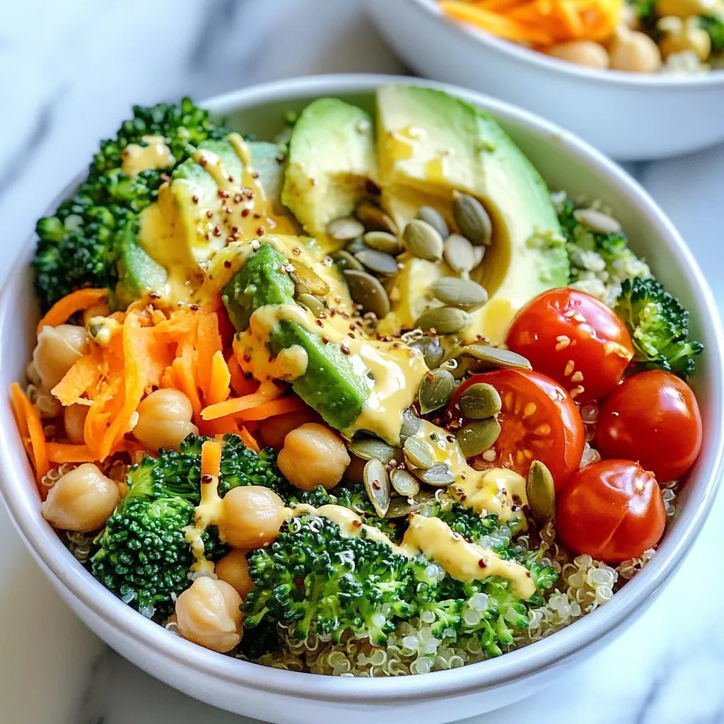 - 1 cup quinoa, rinsed - 2 cups vegetable broth (low-sodium) - 1 cup chickpeas, cooked or canned, drained and rinsed - 1 cup steamed broccoli florets - 1 medium avocado, diced - 1 medium carrot, shredded - ½ cup cherry tomatoes, halved - ¼ cup pumpkin seeds - 2 tablespoons tahini - 2 tablespoons lemon juice - 1 garlic clove, minced - Salt and pepper to taste - Fresh parsley, chopped (for garnish) This power bowl offers a wealth of health benefits. Quinoa is a complete protein. It has all nine essential amino acids. Chickpeas add fiber, helping control blood sugar. Broccoli is rich in vitamins and minerals. Avocado provides healthy fats, which are great for heart health. Pumpkin seeds are full of magnesium. They help with blood sugar control. Tahini brings in calcium and healthy fats. The lemon juice adds vitamin C, boosting your immune system. Each ingredient plays a role in keeping you healthy and energized. You can easily swap ingredients to fit your needs. For gluten-free diets, quinoa is already a great choice. If you need a nut-free option, use sunflower seeds instead of pumpkin seeds. You can replace tahini with a nut-free butter like sunflower seed butter. If you want to lower carbs, use cauliflower rice instead of quinoa. For a vegan option, ensure the vegetable broth is plant-based. You can switch chickpeas for lentils if you prefer. Each swap can still keep the dish delicious and nutritious. {{ingredient_image_1}} To cook the quinoa, start by bringing 2 cups of low-sodium vegetable broth to a boil in a medium saucepan. Once it boils, add 1 cup of rinsed quinoa. This step is key for a tasty base. Reduce the heat to low, cover, and let it simmer for about 15 minutes. You will know it’s done when the quinoa is fluffy and all the broth is absorbed. Remove it from the heat and keep it covered for 5 more minutes. Fluff it with a fork before serving. Next, prepare the tahini dressing. In a small bowl, add 2 tablespoons of tahini, 2 tablespoons of lemon juice, and 1 minced garlic clove. Whisk these together until they blend well. If the dressing is too thick, add a teaspoon of water. This will help create a smooth, pourable sauce. Adjust salt and pepper to taste. This dressing adds rich flavor and healthy fats. Now, it’s time to assemble your power bowls. Start with the cooked quinoa as the base. Divide the quinoa into four bowls. Next, add equal amounts of cooked chickpeas, steamed broccoli, diced avocado, shredded carrot, and halved cherry tomatoes to each bowl. Drizzle the tahini dressing over the top of each bowl. Finally, sprinkle ¼ cup of pumpkin seeds and garnish with fresh chopped parsley. This final touch adds color and crunch. Enjoy your nutritious meal! To make fluffy quinoa, rinse it well before cooking. Rinsing removes excess starch. Use two parts broth for one part quinoa. When it cooks, let it sit covered for five minutes. After that, fluff it with a fork. This keeps it from clumping. You can change the tahini dressing to mix up the taste. Try adding herbs like dill or basil. You can also use yogurt instead of tahini for creaminess. A splash of hot sauce gives it a kick. For a sweeter touch, add a drizzle of honey or maple syrup. Meal prep saves time during busy days. Cook a big batch of quinoa and store it in the fridge. Chop veggies and keep them in containers. You can make the dressing ahead, too. Just remember to give it a good shake before use. This way, you have quick meals ready when you need them. Pro Tips Rinse the Quinoa: Always rinse quinoa before cooking to remove its natural coating, called saponin, which can make it taste bitter. Customize Your Toppings: Feel free to swap out vegetables based on your preference or what you have on hand. Seasonal veggies work great! Make Ahead: This power bowl is perfect for meal prep. Cook the quinoa and chop the veggies in advance for quick assembly during the week. Extra Flavor: For an added flavor boost, consider roasting the chickpeas and vegetables with your favorite spices before adding them to the bowl. {{image_2}} You can easily change the protein in your power bowl. Some great options are tofu or chicken. Tofu is plant-based and works well with many flavors. It soaks up sauces nicely. For chicken, grilled or baked works best. It adds a tasty, lean protein boost. You can also try beans or fish. Each choice makes your bowl unique and fun. Using seasonal veggies makes your power bowl fresh and tasty. In spring, you might add asparagus or peas. Summer brings zucchini and bell peppers. In fall, think about adding sweet potatoes or squash. Winter is perfect for root veggies like carrots and beets. Seasonal veggies also provide different nutrients. They keep your meals exciting and colorful. If you want to switch the base grain, try brown rice or farro. Brown rice has a nutty flavor and is full of fiber. Farro is chewy and offers a unique taste. Quinoa is already great, but these grains add variety. You can even try cauliflower rice for a low-carb option. Mixing grains keeps your power bowls interesting and healthy. To keep your diabetes friendly power bowls fresh, store them in airtight containers. This helps prevent air from spoiling your food. You can use glass or plastic containers with tight lids. Label each container with the date you made the dish. This will help you track freshness. Keep the dressing separate from the bowls if possible. This keeps everything crisp and tasty. You can keep power bowls in the fridge for up to four days. After that, the food may lose its taste and texture. Check for any signs of spoilage, like odd smells or changes in color, before eating. If you see or smell anything off, it’s best to throw it away. Freezing is a great way to save power bowls for later. You can freeze the quinoa and veggies together. Just make sure they cool completely before packing them. Use freezer-safe containers or bags to avoid freezer burn. They can last for about three months in the freezer. When you’re ready to eat, thaw them in the fridge overnight. Reheat them in the microwave or on the stove for a quick meal. A power bowl is diabetes-friendly when it has whole grains, lean protein, and healthy fats. The quinoa in this recipe provides fiber and protein. Chickpeas add more protein and fiber, which helps control blood sugar. Healthy fats from avocado support heart health. Plus, lots of veggies like broccoli and carrots provide vitamins and minerals. This balance helps keep blood sugar steady. Yes, you can easily customize portion sizes. If you want a lighter meal, serve smaller amounts of quinoa and toppings. If you need more energy, add extra chickpeas or avocado. You can adjust the ingredients based on your hunger level and dietary needs. Just remember to keep a balance of grains, proteins, and veggies for the best results. This recipe is already vegetarian since it doesn’t use any meat. To make it vegan, ensure the tahini dressing has no honey or dairy. Use only plant-based ingredients, and you are all set! You can add tofu or tempeh for extra protein, too. Enjoy your tasty vegan power bowl while keeping it healthy! This blog post detailed how to create tasty power bowls. I shared the key ingredients and their health benefits. You learned how to cook quinoa and prepare tahini dressing. I also included tips for making your bowls even better. You can customize with proteins, veggies, and grains. In closing, power bowls are simple and flexible. They fit many diets and busy lives. Enjoy experimenting with flavors and ingredients that suit you. Keep meals fun and nutritious!