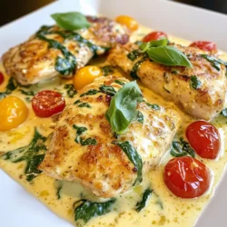 - 4 boneless, skinless chicken breasts - 1 cup heavy cream - 1/2 cup grated Parmesan cheese - Salt and pepper, to taste - 2 tablespoons olive oil - 1 teaspoon Italian seasoning - 4 cloves garlic, minced - 1 cup cherry tomatoes, halved - 1 cup fresh baby spinach - Fresh basil leaves, for garnish When I make Creamy Garlic Tuscan Chicken, I focus on the key ingredients. The chicken breasts serve as a juicy base. I use heavy cream to create a rich sauce. Parmesan cheese adds a salty, nutty flavor. Seasonings play a big role too. I start with salt and pepper for basic taste. Olive oil helps to sear the chicken perfectly. Italian seasoning adds warmth and depth. Fresh ingredients enhance the dish. I always choose garlic for its strong aroma. Cherry tomatoes provide sweetness and color. Baby spinach adds a nice touch of green. Finally, I finish with fresh basil leaves. They add brightness and a burst of flavor. Using these ingredients, you can create a delightful dinner that impresses everyone. {{ingredient_image_1}} First, season the chicken breasts with salt and pepper. Use your hands to rub the seasonings in well. Heat olive oil in a large skillet over medium heat. Place the chicken breasts in the hot oil. Cook each side for about 6-7 minutes. Look for a golden brown color and ensure they are cooked through. Once done, remove the chicken from the skillet and set it aside on a plate. In the same skillet, add minced garlic. Sauté it for about 30 seconds until it smells great. Next, toss in the halved cherry tomatoes. Cook them for 2-3 minutes until they soften a little. Now, stir in the fresh baby spinach. Cook until the spinach wilts down. Reduce the heat to low. Pour in the heavy cream and stir to mix it all. Let it simmer for one minute. Add grated Parmesan cheese and Italian seasoning. Stir until the cheese melts into a smooth sauce. Return the cooked chicken to the skillet. Spoon the creamy sauce over the chicken. Let it cook for an additional 2-3 minutes. This helps the flavors blend together well. Serve the dish warm and top it with fresh basil leaves for a nice touch. Enjoy your creamy garlic Tuscan chicken! Using fresh herbs really boosts flavor. Fresh basil adds a bright taste to the dish. You can chop it finely or leave the leaves whole. You’ll enjoy its aroma and color too. Adjusting seasoning levels is key. Taste your sauce before serving. If it needs more salt or pepper, add just a pinch. This makes every bite delicious. To ensure your chicken is juicy, cook it over medium heat. This keeps the chicken moist. Avoid overcooking; it should be golden brown. For a better sauce, sauté garlic until fragrant but not burnt. This brings out its best taste. When adding cream, let it simmer. This helps blend all the flavors. Garnish with fresh basil leaves for a lovely touch. It adds a pop of green and freshness. Serve the chicken on a nice plate. This makes it look more appealing. You can also pair it with pasta or rice. These sides soak up the creamy sauce well. Pro Tips Use a Meat Thermometer: Ensure your chicken is perfectly cooked by using a meat thermometer. The internal temperature should reach 165°F (75°C). Fresh Ingredients Matter: For the best flavor, use fresh garlic and ripe cherry tomatoes. They will enhance the overall taste of the dish. Customize the Sauce: Feel free to add more herbs or spices to the cream sauce based on your preference. A pinch of red pepper flakes can add a nice kick! Pair with Sides: This creamy Tuscan chicken pairs beautifully with pasta, rice, or a fresh salad for a complete meal. {{image_2}} You can change the protein in this dish easily. Try shrimp or pork instead of chicken. Both options cook quickly and soak up the sauce well. If you want a dairy-free meal, use coconut cream or cashew cream. These swaps keep the dish creamy without dairy. For more texture, add mushrooms. They bring a nice bite and pair well with garlic. Just sauté them with the garlic and tomatoes. If you like heat, sprinkle red pepper flakes into the sauce. This little change gives your dish a fun kick. Serve this creamy chicken with simple side dishes. Roasted vegetables add color and nutrition. You can also pair it with pasta or rice. Both soak up the sauce perfectly. This makes every bite rich and flavorful. To store leftovers, place the creamy garlic Tuscan chicken in an airtight container. This keeps the flavors fresh and safe. Make sure to let it cool before sealing. You can store it in the fridge for up to four days. For reheating, the microwave is quick and easy. Heat it in short bursts, around one minute at a time. Stir in between to ensure even heating. You can also reheat it on the stove over low heat. Just add a splash of cream to keep it moist. If you want to freeze the dish, let it cool completely first. Then, place it in a freezer-safe container. Seal it tightly to prevent freezer burn. It can last up to three months in the freezer. For thawing, move it to the fridge the night before you plan to eat it. This keeps it safe as it thaws slowly. You can also use the microwave on the defrost setting if you're short on time. In the fridge, the creamy garlic Tuscan chicken lasts about four days. After that, it may spoil. Look for changes in smell or color. If it smells sour or looks off, it's best to toss it. Always trust your senses when checking for spoilage. If you have allergies or dietary restrictions, you can use alternatives for heavy cream. One option is coconut cream. It is thick and creamy, great for this dish. You can also try using cashew cream. To make it, blend soaked cashews with water until smooth. Another choice is Greek yogurt mixed with milk. This gives a similar texture but is lower in fat. Each swap changes the flavor slightly, so choose what fits your needs. Yes, you can make this dish ahead of time. For meal prep, cook the chicken and sauce separately. Store them in airtight containers in the fridge. When you’re ready to eat, just reheat them together in a skillet. This helps the flavors blend again. It saves time on busy nights and still tastes delicious. Serve this dish with sides that complement its rich flavors. Here are some ideas: - Garlic bread: It soaks up the creamy sauce well. - Steamed broccoli: This adds a fresh, crunchy element. - Mashed potatoes: They are a classic and creamy choice. - Rice or pasta: They serve as a perfect base for the sauce. For drinks, consider a light white wine or sparkling water with lemon. These options balance the richness of the chicken. This blog post covered how to make a delicious creamy garlic Tuscan chicken. You learned about key ingredients, from chicken and cream to fresh veggies. I provided step-by-step instructions for cooking, sauce-making, and plating. You also found tips for enhancing flavors and variations for your dish. In the end, this meal is quick and tasty, perfect for any night. Enjoy trying it out for yourself!
