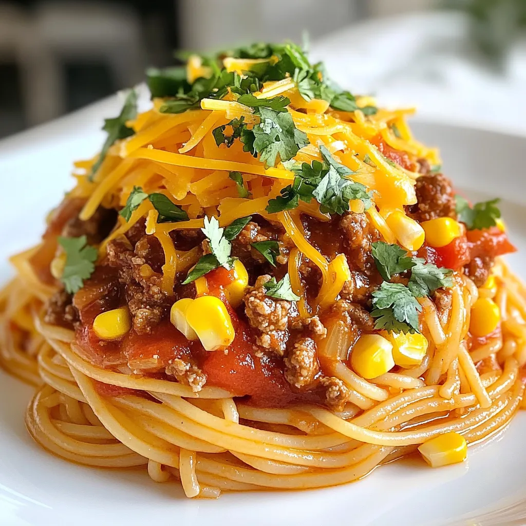 - 12 oz spaghetti - 1 lb ground beef - 1 cup onion, chopped - 1 cup bell pepper, chopped - 2 cloves garlic, minced - 1 can (15 oz) diced tomatoes - 1 can (6 oz) tomato paste - 1 cup beef broth - 1 tablespoon Worcestershire sauce - 2 tablespoons chili powder - 1 teaspoon cumin - 1 teaspoon smoked paprika - Salt and pepper to taste - 1 cup corn kernels - ½ cup shredded cheddar cheese - Fresh cilantro for garnish (optional) Cowboy spaghetti is a fun dish that brings hearty flavors to your table. This recipe needs simple ingredients that you can find at any grocery store. You start with spaghetti, which is the base, and then add ground beef for protein. The beef makes it filling and tasty. You’ll want to add chopped onions and bell peppers. They give the dish a nice crunch and sweetness. Garlic adds a wonderful aroma and flavor. Canned tomatoes and tomato paste form a rich sauce. Beef broth keeps the sauce moist and flavorful. Spices like chili powder and cumin add warmth. Smoked paprika gives a delicious smoky touch. Don’t forget salt and pepper to season the dish to your taste. Corn adds a pop of color and sweetness, while cheddar cheese melts on top for a creamy finish. Fresh cilantro can be a nice touch for garnish. It adds a burst of freshness. Gather these ingredients, and you’ll create a cowboy spaghetti that feels like a warm hug on a plate. {{ingredient_image_1}} To cook the spaghetti, start with a large pot of salted water. Bring it to a boil. Add the spaghetti and cook it for about 8-10 minutes. Check the package for exact times. You want your pasta al dente, which means it should be firm but cooked through. Taste a strand to check. Once done, drain the spaghetti and set it aside. For browning ground beef, I recommend using a large skillet or Dutch oven. Heat it over medium heat. Add the ground beef and break it apart with a spatula. Cook for about 5-7 minutes until it’s browned. Make sure to drain any excess fat after cooking. This keeps your dish from being too greasy. Next, add chopped onion, bell pepper, and minced garlic to the beef. Sauté for about 5 minutes. You want the veggies to be tender. Look for bright colors in the bell peppers, as this adds visual appeal. The mix of colors makes the dish more inviting. Now, it’s time to make the sauce. Stir in the diced tomatoes, tomato paste, and beef broth. Add Worcestershire sauce, chili powder, cumin, smoked paprika, salt, and pepper. Mix well and bring everything to a simmer. This step is crucial for blending all the flavors. Cook until the sauce thickens a bit. Once the sauce is bubbling, add corn. Cook for an additional 5 minutes so the flavors meld. Then, gently fold the drained spaghetti into the sauce. Mix until the spaghetti is evenly coated. Cook on low heat for another 2-3 minutes. This ensures the spaghetti absorbs some of the sauce. Finally, sprinkle shredded cheddar cheese on top of the spaghetti. Cover the skillet for a couple of minutes. This helps the cheese melt nicely. For presentation, serve the Cowboy Spaghetti on plates. You can add fresh cilantro on top for a pop of color and flavor. Enjoy your meal! To adjust the spice levels in Cowboy Spaghetti, start with the chili powder. If you like it mild, use less. For a kick, add more. You can also toss in some cayenne pepper or red pepper flakes for extra heat. Remember, taste your sauce as it cooks. This way, you can find the right balance that suits you. Ensuring balanced flavors is key. The sweetness from the bell peppers helps counter the heat from the spices. Use a mix of colors for a vibrant look and taste. Adding corn gives a sweet crunch, so don’t skip it. Finally, fresh cilantro adds a nice herbal note. For even coating of spaghetti, stir gently. Start at the bottom and lift the pasta. This way, the sauce wraps around each strand. A fork or tongs work great for this. You want every bite to be full of flavor. Using the right type of pasta is also important. Spaghetti works best here due to its long strands. It holds the sauce well and makes each bite satisfying. If you want a twist, try fettuccine or penne. Cowboy Spaghetti pairs well with garlic bread. The bread soaks up extra sauce and adds a nice crunch. A simple salad with greens and vinaigrette complements the dish too. For drinks, I suggest iced tea or a light beer. Both are refreshing and balance the savory flavors. If you prefer something non-alcoholic, a sparkling lemonade is perfect. You can enjoy your meal with these pairings for a complete dining experience. Pro Tips Cook Spaghetti Al Dente: To ensure your spaghetti has the perfect texture, cook it just until it’s al dente, meaning it should still have a slight bite to it. This helps it hold up better when combined with the sauce. Customize the Heat: Adjust the chili powder and spices according to your heat preference. Feel free to add a pinch of cayenne pepper for an extra kick if you like it spicy! Use Fresh Ingredients: Whenever possible, opt for fresh vegetables and herbs. Fresh produce enhances the flavor and nutrition of your Cowboy Spaghetti, making it even more delicious. Make It a One-Pot Meal: To save on cleanup, consider cooking the spaghetti directly in the sauce instead of separately. Just add enough broth to cook the pasta through, stirring occasionally. {{image_2}} You can easily make Cowboy Spaghetti vegetarian. Start by swapping ground beef for plant-based meat. Options like lentils or mushrooms add great texture and flavor. Tofu or tempeh are also tasty choices. Use the same spices and sauces to keep the taste bold. This way, you still get a hearty dish that everyone will love. Adding more veggies boosts nutrition and flavor. You can mix in zucchini, spinach, or carrots. These add color and crunch. Seasonal veggies like asparagus or bell peppers can brighten the dish. Try adding diced eggplant in summer or shredded kale in winter. Each season brings new flavors to enjoy. Want some spice? Add chili flakes or jalapeños to kick up the heat. Mix them in while cooking the beef or sauté with the veggies. For a milder taste, remove the seeds from the peppers. You can adjust the heat level to match your taste. Just remember, you can always add more spice, but you can't take it away! To keep your Cowboy Spaghetti fresh, store it in the fridge. Use an airtight container to avoid spills and keep out air. This way, it can last up to three days. Make sure to let it cool before sealing to prevent steam buildup. When it’s time to enjoy your leftovers, use the stovetop or microwave. On the stovetop, add a splash of water to help steam it. Stir it gently over low heat until warm. In the microwave, heat in short bursts, stirring in between. This helps keep the texture and flavor just right. To freeze Cowboy Spaghetti, portion it into smaller containers. This makes it easy to thaw just what you need. Use freezer-safe containers or bags, and remove as much air as possible. For best results, eat within three months. To thaw, place it in the fridge overnight or use the microwave on the defrost setting. Cowboy Spaghetti is a hearty dish that blends Italian and American flavors. It comes from cowboy culture, often reflecting simple, rustic life. This dish mixes pasta with beef, tomatoes, and spices. It’s a comforting meal for families and gatherings. The flavors are bold and fun, making it a crowd-pleaser. Yes, you can prep Cowboy Spaghetti ahead of time. Cook the spaghetti and sauce separately. Store them in the fridge. When ready to eat, combine them and heat. This method saves time on busy days. You can also freeze the sauce for later use. You have many choices for protein. Try ground turkey or chicken for a lighter option. Crumbled sausage adds a spicy twist. If you want a meatless meal, use lentils or black beans. Tofu or tempeh can also work well. Each option gives a unique flavor. To make this dish healthier, use whole wheat spaghetti. You can reduce the amount of cheese, too. Add more veggies like spinach, zucchini, or mushrooms for extra nutrients. Swap out beef broth for low-sodium options to cut sodium. These changes keep the flavor without adding too many calories. Cowboy Spaghetti can be made in one pot, which is great for easy cleanup. Start by browning the meat in a large skillet. Then, add the veggies and sauce right in. Finally, mix in the cooked spaghetti. This method keeps flavors together and makes cooking simpler. Cowboy Spaghetti combines simple ingredients with tasty flavors. We covered how to cook everything from boiling spaghetti to melting cheese. You can adjust spice levels and add vegetables to fit your taste. To store leftovers, remember to use airtight containers for freshness. This dish is not just filling; it’s fun to make and share. Whether you enjoy it spicy or mild, it’s a meal that brings everyone together. Dive into this easy recipe and explore your own variations. Happy cooking!