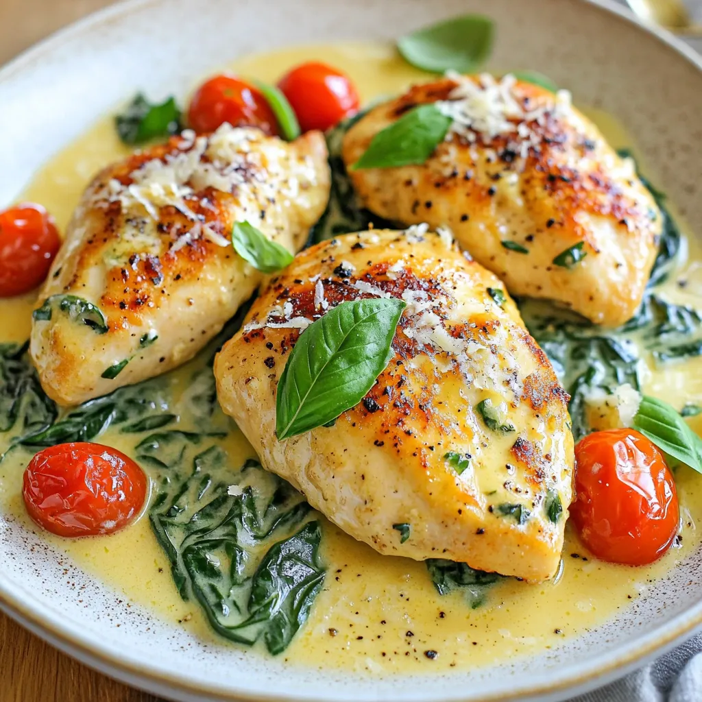 - 4 boneless, skinless chicken breasts - 2 tablespoons olive oil - 1 tablespoon butter - 4 cloves garlic, minced - 1 cup cherry tomatoes, halved - 1 cup fresh spinach, roughly chopped The main ingredients in Creamy Garlic Tuscan Chicken make this dish special. Each one plays a key role. The boneless, skinless chicken breasts provide a juicy base. Olive oil and butter give a rich flavor. Garlic adds warmth, while cherry tomatoes bring a sweet burst. Fresh spinach adds color and nutrition. - 1 cup heavy cream - ½ cup grated Parmesan cheese Dairy ingredients create the creamy sauce. Heavy cream gives a smooth texture, while Parmesan adds depth. Together, they make the sauce rich and delicious. This combination elevates the dish. - 1 teaspoon Italian seasoning - Fresh basil leaves - Salt and pepper Seasoning and garnish round out the flavors. Italian seasoning adds herbs that enhance the dish. Fresh basil leaves provide a pop of color and freshness. Salt and pepper balance all the flavors. Adjust these to your taste to make it perfect. {{ingredient_image_1}} 1. First, season both sides of the chicken breasts with salt and pepper. This simple step adds great flavor. 2. Next, heat 2 tablespoons of olive oil in a large skillet over medium-high heat. 3. Once the oil is hot, add the chicken breasts. Sear each side for about 6-7 minutes. You want them golden brown. 4. After searing, remove the chicken from the skillet and set it aside. This helps keep it juicy. 1. In the same skillet, add 1 tablespoon of butter and 4 cloves of minced garlic. Sauté until fragrant, which takes about 1 minute. 2. Now, add 1 cup of halved cherry tomatoes to the skillet. Cook them for about 3-4 minutes until they soften. 3. Stir in 1 cup of roughly chopped fresh spinach. Cook until it wilts, which will take about 2 minutes. 4. Reduce the heat to low. Pour in 1 cup of heavy cream, mixing it well with the veggies. 1. Add ½ cup of grated Parmesan cheese and 1 teaspoon of Italian seasoning to the skillet. Stir until the cheese melts into a creamy sauce. 2. Return the seared chicken breasts to the skillet. Spoon the creamy sauce over them. 3. Let it simmer for 5 minutes or until the chicken is fully cooked. The internal temperature should reach 165°F (75°C). 4. Taste the sauce and adjust with more salt and pepper if needed. Now, you have a delicious Creamy Garlic Tuscan Chicken ready to serve! For the best texture, cook chicken to an internal temperature of 165°F (75°C). This ensures it's juicy and safe to eat. Each side should take about 6-7 minutes in a hot skillet. After cooking, let the chicken rest for five minutes. Resting helps keep the juices inside, making each bite tender. To boost the flavor, try adding fresh herbs like thyme or rosemary. A pinch of red pepper flakes can add a nice kick. If you want more creaminess, simply add extra heavy cream or Parmesan. Adjust the amount based on your taste. Pair this dish with pasta, rice, or crusty bread. The creamy sauce is perfect for soaking up flavors. For garnish, add fresh basil leaves on top. A sprinkle of extra Parmesan can brighten the plate and add flavor. Pro Tips Perfectly Sear the Chicken: Ensure your skillet is hot enough before adding the chicken. A good sear creates a flavorful crust and keeps the chicken juicy. Use Fresh Ingredients: Fresh spinach and tomatoes not only enhance the flavor but also add vibrant color to your dish. Opt for seasonal produce whenever possible. Adjust Creaminess: If you prefer a lighter sauce, you can substitute half of the heavy cream with chicken broth. This will still give you a rich flavor without the extra calories. Garnish for Flavor: Fresh basil not only adds a pop of color but also elevates the dish's flavor. Don't skip the garnish; it makes a significant difference! {{image_2}} You can easily swap chicken for shrimp or tofu. Shrimp cooks fast, adding a nice seafood twist. Tofu gives a hearty, plant-based option, perfect for vegans. For cheese, try mozzarella or goat cheese instead of Parmesan. These options add new flavors and textures to the dish. You can cook this dish on the stovetop or in the oven. The stovetop method is quick and simple, giving you tender chicken with a creamy sauce. If you prefer the oven, sear the chicken first, then bake it in a skillet. This way, the flavors blend well. One-pan cooking is a great choice, too. It saves time and minimizes cleanup. For gluten-free adjustments, ensure your ingredients do not contain gluten. Most items in this recipe are naturally gluten-free. If you want a dairy-free version, substitute the heavy cream with coconut milk or a dairy-free cream. Use nutritional yeast in place of cheese for a cheesy flavor without the dairy. These swaps help everyone enjoy this tasty meal. To store your creamy garlic Tuscan chicken, let it cool first. Then, place the leftovers in an airtight container. I recommend using glass or BPA-free plastic containers. These keep the food fresh and make reheating easy. You can store it in the fridge for up to three days. If you want to save some for later, you can freeze this dish. Make sure it cools completely before freezing. Use freezer-safe bags or containers. Remove as much air as possible to prevent freezer burn. When you’re ready to eat it, thaw it in the fridge overnight. Reheat gently on the stove or in the microwave. In the fridge, your creamy garlic Tuscan chicken stays fresh for about three days. If it smells sour or shows signs of mold, it's time to toss it. Always trust your nose and eyes. Keeping an eye on freshness helps you enjoy every delightful bite! What can I use if I don’t have heavy cream? You can use half-and-half or whole milk mixed with butter. This mixture helps mimic the richness of heavy cream. For a dairy-free option, try canned coconut milk or cashew cream. How do I know when the chicken is fully cooked? The chicken is done when it reaches an internal temperature of 165°F (75°C). You can check this with a meat thermometer. The meat should also be white and the juices should run clear. Can I make this dish ahead of time? Yes, you can prepare the chicken and sauce ahead. Just reheat gently on the stove before serving. This dish tastes great even after a day in the fridge. Why is my sauce too thin? If your sauce is thin, try adding more Parmesan cheese. This will help thicken it up. Another option is to let it simmer longer. This reduces the liquid and makes it creamier. How to prevent the chicken from drying out? To keep the chicken juicy, do not overcook it. Searing it first adds flavor and moisture. Also, let the chicken rest for a few minutes before slicing. This helps retain the juices. Can I use frozen spinach instead of fresh? Yes, frozen spinach works as a great substitute. Just make sure to thaw and drain it first. This removes excess water and keeps your sauce from being watery. Alternatives for cherry tomatoes? You can use diced regular tomatoes or sun-dried tomatoes. Both options add a nice flavor to the dish. If you prefer something sweeter, roasted red peppers work well too. This blog post covers how to make a delicious chicken dish. We started with the key ingredients, including chicken, creamy sauces, and spices. I shared easy step-by-step instructions, plus tips for perfect texture and flavor. You also learned simple ways to customize the recipe and store leftovers. With these details, you can enjoy this meal or put your twist on it. Cooking can be fun and tasty, so get started in your kitchen today!