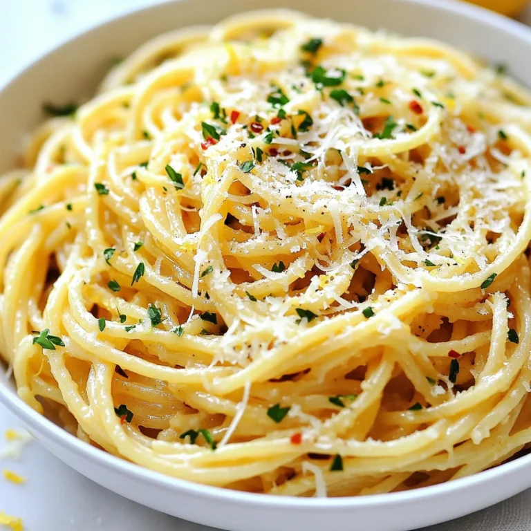 - 8 oz spaghetti - 4 tablespoons unsalted butter - 6 cloves garlic, minced - 1 teaspoon red chili flakes - 1 cup freshly grated Parmesan cheese - 1/4 cup fresh parsley, chopped - Salt and black pepper to taste - Zest of 1 lemon - Juice of 1/2 lemon These ingredients come together to create a dish full of flavor. The spaghetti acts as the base, while the garlic and butter blend into a rich sauce. The Parmesan cheese adds depth and creaminess. Fresh parsley gives a pop of color and taste. - High-quality olive oil for drizzling - Additional Parmesan for serving You can elevate your dish with these optional extras. Drizzling olive oil adds a nice finish. Extra Parmesan can make it even cheesier. Feel free to explore these options to suit your taste! {{ingredient_image_1}} To start, bring a large pot of salted water to a boil. Use enough salt to make the water taste like the sea. Add 8 oz of spaghetti to the pot. Cook it according to the package instructions until it is al dente, which means it should still have a little bite. This usually takes about 8 to 10 minutes. Remember to reserve 1 cup of pasta water before draining the spaghetti. Set the drained spaghetti aside for later. Next, grab a large skillet and melt 4 tablespoons of unsalted butter over medium heat. Once the butter is melted, add 6 cloves of minced garlic and 1 teaspoon of red chili flakes. Sauté this mixture for about 1 to 2 minutes. You want the garlic to be fragrant but not burnt. Keep an eye on it to avoid any burning. Now it's time to mix everything together. Add the drained spaghetti to the skillet with the garlic butter. If the mixture looks dry, slowly pour in some of the reserved pasta water. Keep adding until you reach your desired consistency. Then, stir in 1 cup of freshly grated Parmesan cheese, salt, black pepper, lemon zest, and the juice of half a lemon. Toss everything well so the cheese melts and coats the pasta evenly. Finally, fold in 1/4 cup of chopped fresh parsley for a nice touch. To get the best garlic aroma, start with fresh garlic. Mince it well to release more flavor. Sauté the garlic on medium heat. Stir it often and watch it closely. You want it golden, not brown. Brown garlic tastes bitter. If you like spice, red chili flakes add a nice kick. Start with a teaspoon and adjust to your taste. You can always add more later. To make your dish look great, use warm bowls. Sprinkle extra Parmesan on top. For a colorful touch, add some parsley. A drizzle of high-quality olive oil makes it shine. Pair your spaghetti with a fresh salad or garlic bread. A crisp green salad balances the rich pasta. If your pasta feels dry, add reserved pasta water slowly. This helps bring everything together. Stir until you reach your desired creaminess. For burning garlic, keep the heat low. Stir constantly to avoid burning. If it burns, start over with new garlic. Burnt garlic changes the taste. Pro Tips Use Fresh Ingredients: Fresh garlic and high-quality Parmesan cheese will elevate the flavor of your spaghetti, making it more aromatic and delicious. Adjust the Spice Level: Feel free to modify the amount of red chili flakes according to your heat preference. Start with less and add more if desired. Reserve Pasta Water: Always save some pasta water before draining. It helps to create a silky sauce when combined with cheese. Garnish for Freshness: Adding freshly chopped parsley not only adds color but also enhances the dish's flavor profile with a hint of freshness. {{image_2}} You can add grilled chicken or shrimp for a tasty boost. Just cook the protein first, and then mix it in with the pasta. This makes the dish heartier and full of flavor. If you prefer a vegetarian option, try adding sautéed mushrooms. They add a nice texture and earthy taste that pairs well with the garlic and cheese. Feel free to substitute Parmesan with Pecorino Romano. This cheese has a sharper flavor, which can really elevate your dish. You can also incorporate cream for a richer sauce. Just mix it in when you add the cheese, and it will create a creamy coating that clings to the spaghetti beautifully. Adding spinach or cherry tomatoes brings freshness and color. You can stir in the spinach just before serving, so it wilts slightly. Cherry tomatoes can roast or sauté briefly for added sweetness. Don't forget to use seasonal herbs like basil or thyme for extra flavor. They add a burst of freshness that brightens up the entire dish. To store your garlic Parmesan spaghetti, follow these steps: - Refrigeration: Place leftovers in an airtight container. Store them in the fridge for up to three days. - Freezing: For longer storage, freeze spaghetti. Use a freezer-safe container or a zip-top bag. Be sure to remove as much air as possible. It can last for up to two months in the freezer. When it’s time to enjoy your leftovers, here’s how to reheat: - Avoid drying out: Add a splash of water or extra butter to the pan. Heat on low, while stirring gently. This keeps the pasta moist. - Microwave vs. stovetop: The stovetop method works best for flavor. If using a microwave, cover the dish with a damp paper towel. Heat in short bursts, stirring in between. Knowing how long your spaghetti lasts is key: - In the fridge: Garlic Parmesan spaghetti stays fresh for about three days. - Signs of spoilage: Look for off smells, unusual colors, or mold. If you see any of these, it’s best to toss it. The best pasta for Garlic Parmesan Spaghetti is spaghetti. It holds the sauce well. You can also try fettuccine or linguine if you prefer. Use any pasta you love. Just make sure to cook it until al dente for the best texture. Yes, you can make this dish without cheese. Substitute with nutritional yeast for a cheesy flavor. You can also add extra garlic or herbs for taste. The dish will still be tasty and enjoyable without cheese. To make Garlic Parmesan Spaghetti gluten-free, use gluten-free spaghetti. Many brands offer this option. You can find it in most grocery stores. Follow the same cooking steps, and you’ll have a delicious meal. Here are some common mistakes to avoid: - Overcooking the pasta can lead to mushy noodles. - Not reserving enough pasta water can make the dish too dry. - Burning the garlic will ruin the flavor. Keep an eye on it. - Forgetting to season properly can leave your dish bland. Yes, you can prepare Garlic Parmesan Spaghetti ahead of time. Cook the pasta and sauce separately. Store them in the fridge. Reheat them when you are ready to serve. This makes it easy for busy days! You learned how to make Garlic Parmesan Spaghetti step by step. From boiling the pasta to controlling the garlic's aroma, each tip helps you achieve the best flavor. You can customize it with protein or veggies to fit your taste. Storing and reheating are easy too. With this practical guide, you can enjoy a delicious meal anytime. So grab your ingredients and start cooking this tasty dish today!