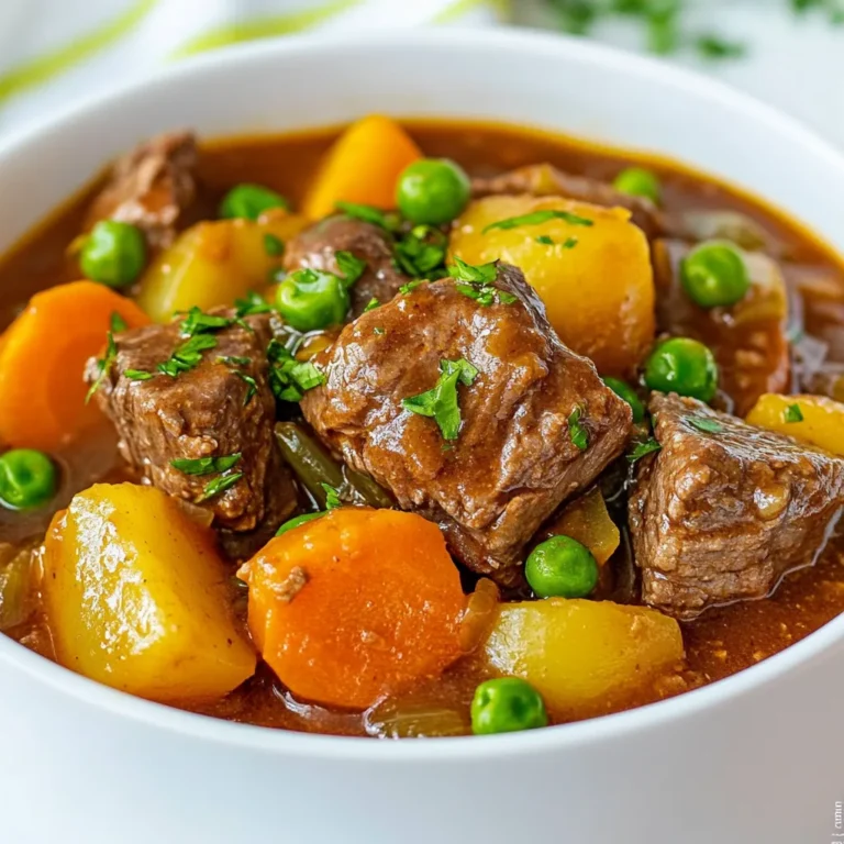 For a hearty beef stew, you need these main ingredients: - 2 pounds beef chuck, cut into 1-inch cubes - 2 tablespoons olive oil - 1 onion, diced - 3 cloves garlic, minced - 4 carrots, sliced - 3 potatoes, diced - 2 cups beef broth - 1 tablespoon tomato paste - 1 teaspoon dried thyme - 1 teaspoon paprika - 1 bay leaf - Salt and pepper to taste - 1 cup frozen peas These ingredients create a rich, flavorful base for your stew. You can add some optional ingredients for extra flavor and texture: - 2 tablespoons cornstarch (for thickening) - Fresh parsley for garnish These add-ons make your stew even more delightful. Seasoning is key to a great beef stew. Use: - Dried thyme: It brings a warm, earthy flavor. - Paprika: This adds a slight sweetness and color. - Bay leaf: It infuses a subtle depth. Salt and pepper are essential. Adjust them to your taste. {{ingredient_image_1}} First, turn your Instant Pot to the sauté setting. Let it heat up for a minute. Add 2 tablespoons of olive oil to the pot. Once the oil is hot, add 2 pounds of beef chuck, cut into 1-inch cubes. Sear the beef for about 5-7 minutes. You want it to brown on all sides. This step adds great flavor to your stew. When browned, remove the beef and set it aside on a plate. In the same pot, keep the heat on. Add the diced onion and sauté for about 3-4 minutes. You’ll know it's done when the onion looks translucent. Next, stir in 3 cloves of minced garlic. Sauté for one more minute until it smells amazing. This mix sets a solid base for your stew. Now it's time to bring everything together. Return the browned beef to the pot. Add 4 sliced carrots, 3 diced potatoes, and 2 cups of beef broth. Don't forget 1 tablespoon of tomato paste, 1 teaspoon of dried thyme, 1 teaspoon of paprika, and a bay leaf. Season with salt and pepper to taste. Stir everything well to combine. Close the lid and set the steam release handle to sealing. Cook on high pressure for 35 minutes. After cooking, wait 10 minutes for the pressure to release naturally, then do a quick release for any remaining pressure. Once you open the lid, give it a good stir. Add 1 cup of frozen peas for color and sweetness. Want a thicker stew? Mix 2 tablespoons of cornstarch with a bit of water to make a slurry. Stir this into the stew and cook on sauté for a few more minutes. This step thickens the stew. Adjust the seasoning with salt and pepper if needed. Don’t forget to remove the bay leaf before serving. Your hearty beef stew is now ready to enjoy! To get great flavor in your beef stew, start with fresh ingredients. Use high-quality beef chuck for the best taste. Searing the beef first adds depth. Cook it until it’s brown on all sides. This step will bring out the natural flavors. When you sauté the onion and garlic, let them soften well. This builds a rich base for your stew. Don't skip the herbs! Thyme and bay leaf add wonderful aroma. Finally, adjust salt and pepper to your liking for a balanced dish. If you want a thicker stew, cornstarch works great. Mix two tablespoons of cornstarch with cold water to make a slurry. Stir it into the stew just before serving. Cook it on the sauté setting for a few minutes. This will help it thicken nicely. You can also mash a few potatoes in the stew. They break down and add creaminess without extra steps. The Instant Pot saves time, but you can make it quicker. Chop your veggies and meat ahead of time. This means less prep when you cook. Use the sauté feature to brown the meat and veggies. It speeds up the cooking process. You can also skip the browning, but the flavor will be less rich. Lastly, let the Instant Pot do the work. Once it’s done, let it release pressure naturally for the best results. Pro Tips Choose the Right Cut: Beef chuck is ideal for stews as it becomes tender and flavorful when cooked slowly. Avoid lean cuts that may dry out during cooking. Layering Flavors: Sautéing the beef and vegetables before pressure cooking enhances the depth of flavor in your stew. Don’t skip this step! Adjusting Thickness: If you prefer a thicker stew, mix cornstarch with cold water to form a slurry before adding it to the pot. This prevents clumps and ensures a smooth texture. Let It Rest: Allowing the stew to sit for a few minutes before serving allows the flavors to meld together, resulting in a more delicious dish. {{image_2}} You can change the cut of beef to suit your taste. Beef chuck is great for stew. It cooks down well and stays tender. If you want a leaner option, try sirloin. It has less fat but can still be juicy. Brisket is another option. It adds a rich flavor. Each cut gives a different taste and texture. Adding veggies can make your stew even better. You can toss in celery for crunch. Mushrooms add earthiness and soak up flavors. Zucchini is a great choice, too! Just cut it into chunks. You can also use green beans for a splash of color. Feel free to mix and match your favorites. More veggies mean more nutrients! Switching up your seasonings can create new flavors. Instead of thyme, try rosemary for a woodsy taste. A splash of soy sauce can deepen the flavor. If you like heat, add crushed red pepper flakes. You can also use Worcestershire sauce for a savory kick. Experiment with herbs and spices to find your ideal mix! After you enjoy your beef stew, let it cool first. Pour it into an airtight container. Make sure to seal it well. Store it in the fridge. This stew will last about three days. If you want to keep it longer, freezing is a good option. To reheat the stew, pour it into a pot. Heat it over medium heat. Stir it often to prevent burning. You can also use the microwave. Place it in a microwave-safe bowl. Heat for 2-3 minutes, stirring halfway through. Make sure it's hot all the way through. If you want to freeze the stew, let it cool completely. Use freezer-safe containers or bags. Leave some space at the top. Liquid expands when frozen. You can keep the stew in the freezer for up to three months. When you're ready to eat, thaw it in the fridge overnight before reheating. Yes, you can skip browning the meat. It saves time, but browning adds flavor. When you sauté the beef first, it creates a nice crust. This crust deepens the taste of the stew. If you choose not to brown, just add all the ingredients at once. The stew will still be good, but it may taste a bit different. Beef stew can last up to three days in the fridge. Store it in an airtight container to keep it fresh. Make sure to cool the stew before placing it in the fridge. This helps prevent bacteria growth. If you want to keep it longer, consider freezing it. Beef stew pairs well with several sides. Here are some great options: - Crusty bread for dipping - Mashed potatoes for a creamy touch - Rice for a filling meal - A fresh green salad for crunch These sides complement the rich flavors of the stew and make the meal more enjoyable. This blog post covered the main ingredients, cooking steps, and tips for beef stew. I shared how to enhance flavor and save time with tools like the Instant Pot. You can try different cuts of beef and add veggies for fun variations. Remember, storage is key for leftovers, and reheating is simple. With these tips, you can enjoy a tasty and warm meal anytime. Beef stew is versatile, easy, and a family favorite. Happy cooking!