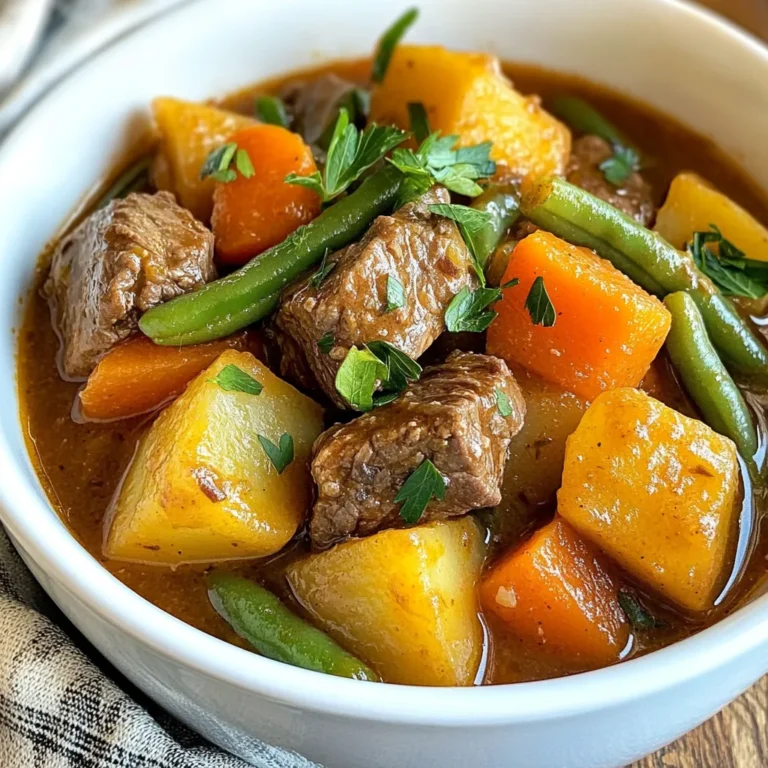- 2 pounds beef chuck, cut into 1-inch cubes - 2 tablespoons olive oil - 1 onion, chopped - 3 garlic cloves, minced - 3 carrots, sliced - 3 potatoes, diced - 1 cup green beans, trimmed and cut in half - 4 cups beef broth - 2 tablespoons tomato paste - 1 teaspoon dried thyme - 1 teaspoon dried rosemary - 1 bay leaf - Salt and pepper to taste - 1 tablespoon Worcestershire sauce - 1 tablespoon cornstarch mixed with 2 tablespoons water (optional for thickening) - Fresh parsley for garnish - Crusty bread for serving - Instant Pot - Cutting board - Chef's knife - Measuring cups and spoons - Wooden spoon or spatula - Ladle for serving Gathering your ingredients ahead of time makes cooking easier. Each item plays a key role in the stew's flavor. The beef chuck gives richness, while the vegetables add texture. Using fresh herbs like thyme and rosemary boosts the taste. Optional items, like parsley and bread, can enhance your meal. Don't forget your cooking tools! They help you stay organized and focused. With everything in place, you are ready to create a warm, hearty stew. {{ingredient_image_1}} First, turn your Instant Pot to 'Sauté' mode. Add 2 tablespoons of olive oil. Once the oil is hot, add 2 pounds of beef chuck cut into 1-inch cubes. Work in batches to avoid overcrowding. Sear the beef until it is browned on all sides. This step adds flavor and texture. After browning, remove the beef and set it aside. In the same pot, add 1 chopped onion. Cook it until it turns translucent, which takes about 3 minutes. Then, add 3 minced garlic cloves. Cook them for 1 more minute. Next, stir in 3 sliced carrots, 3 diced potatoes, and 1 cup of trimmed green beans cut in half. Cook these veggies for about 3 to 5 minutes, stirring frequently. This step helps to build a strong flavor base. Now, return the seared beef to the pot. Pour in 4 cups of beef broth and 2 tablespoons of tomato paste. Add 1 teaspoon of dried thyme, 1 teaspoon of dried rosemary, and 1 bay leaf. For extra flavor, mix in 1 tablespoon of Worcestershire sauce. Season with salt and pepper to taste. Stir well to combine all the ingredients. Close the lid of the Instant Pot and set the valve to 'Sealing'. Select 'Manual' mode and set the cooking time to 35 minutes on high pressure. Once the timer goes off, let the pot naturally release pressure for 10 minutes. After that, carefully release any remaining pressure. If you want a thicker stew, remove 1 cup of broth, mix it with 1 tablespoon of cornstarch and 2 tablespoons of water. Return this mix to the pot while still on 'Sauté' mode, and stir until thickened. Finally, discard the bay leaf and ladle the stew into bowls. Enjoy this hearty meal! To make the best beef stew, start with good meat. Use beef chuck for a tender bite. Cut the meat into 1-inch cubes. This size helps it cook evenly. Sear the beef well in the Instant Pot. This adds deep flavor. Don't rush this step. Next, focus on your aromatics. Sauté the onions and garlic until they are soft. This brings out their natural sweetness. Add your veggies next. Carrots, potatoes, and green beans all work well. They add color and texture to your stew. For a tasty stew, balance is key. Use salt and pepper to enhance all flavors. Add Worcestershire sauce for a savory kick. Don't forget herbs like thyme and rosemary. They bring warmth and depth. If you like spice, consider a dash of cayenne or paprika. Always taste your stew before serving. Adjust flavors as needed. Add a bit of salt or spice if it seems bland. If you want a richer taste, stir in more tomato paste. If your stew is too thin, don’t worry. You can thicken it easily. Mix cornstarch with water and stir it in while it cooks. It will thicken up fast. If the meat is tough, it may need more time. Beef chuck can be chewy if not cooked long enough. Try cooking it for an extra 10 minutes. Lastly, if your stew is too salty, add a diced potato. The potato absorbs some saltiness. Let it cook for a few minutes, then remove it before serving. Pro Tips Choose the Right Cut: Opt for beef chuck as it becomes tender and flavorful during the pressure cooking process. Layer Your Ingredients: Always sauté the aromatics first to build a base of flavor before adding the other ingredients. Don’t Skip the Natural Release: Allowing a natural pressure release helps to preserve the texture and flavor of the meat and vegetables. Customize Your Veggies: Feel free to add or substitute other vegetables based on your preference or what you have on hand. {{image_2}} You can change the meat in your stew. Try chicken, pork, or even lamb. These meats work well with the same seasonings and veggies. For chicken, use thighs or breasts. For pork, go with shoulder or belly. Cook times may change. Chicken cooks faster, while pork may need more time. Adjust your pressure cooking time to suit the meat you choose. Feel free to swap out veggies based on what you have. Sweet potatoes can replace regular potatoes. Turnips or parsnips add a unique taste. You can also use peas, corn, or bell peppers for extra color. If you want a lighter stew, add zucchini or squash. Just remember to adjust the cooking time for softer veggies. To boost flavor, add more herbs or spices. Try adding paprika or cumin for warmth. A splash of red wine enhances the beef's taste. You can also add a bit of balsamic vinegar for depth. Fresh herbs like parsley or thyme can brighten the dish. Experiment and find the mix you love best! To store your beef stew, let it cool first. Then, transfer it to an airtight container. You can keep it in the fridge for up to three days. If you have a lot of stew, divide it into smaller portions. This makes it easier to heat later. Always label your containers with the date. When you want to enjoy the stew again, you have a few options. You can heat it on the stove or in the microwave. If using the stove, place the stew in a pot and warm it over medium heat. Stir often until it is hot. In the microwave, use a microwave-safe bowl. Heat on high for two to three minutes. Stir halfway through to ensure even heating. To freeze the beef stew, follow these steps. First, let it cool completely. Then, pour it into freezer-safe containers or bags. Try to remove as much air as you can. This helps prevent freezer burn. You can freeze the stew for up to three months. When you are ready to eat it, thaw it in the fridge overnight. Reheat it on the stove or in the microwave, just like before. Your Instant Pot Beef Stew can last for about 3 to 4 days in the fridge. Make sure to store it in an airtight container. The stew may taste even better after a day or two, as the flavors meld together. Yes, you can make this recipe in a slow cooker. Use the same ingredients and steps. Brown the beef and sauté the onion and garlic in a pan. Then, add everything to your slow cooker. Cook on low for 6 to 8 hours or on high for 3 to 4 hours. You can serve your beef stew with several tasty sides. Here are some ideas: - Crusty bread - Rice or mashed potatoes - A fresh garden salad - Buttered noodles - Steamed vegetables These sides will complement the rich flavors of the stew and make your meal even better! This blog post covered the key elements for a great beef stew. We discussed essential ingredients, helpful cooking tools, and detailed steps for a perfect meal. I shared tips to enhance flavor and troubleshoot issues. You can also explore variations for different proteins and veggies. Lastly, I provided simple storage methods and answers to common questions. With this knowledge, you’re ready to create your own delicious beef stew. Enjoy cooking and make it your own!